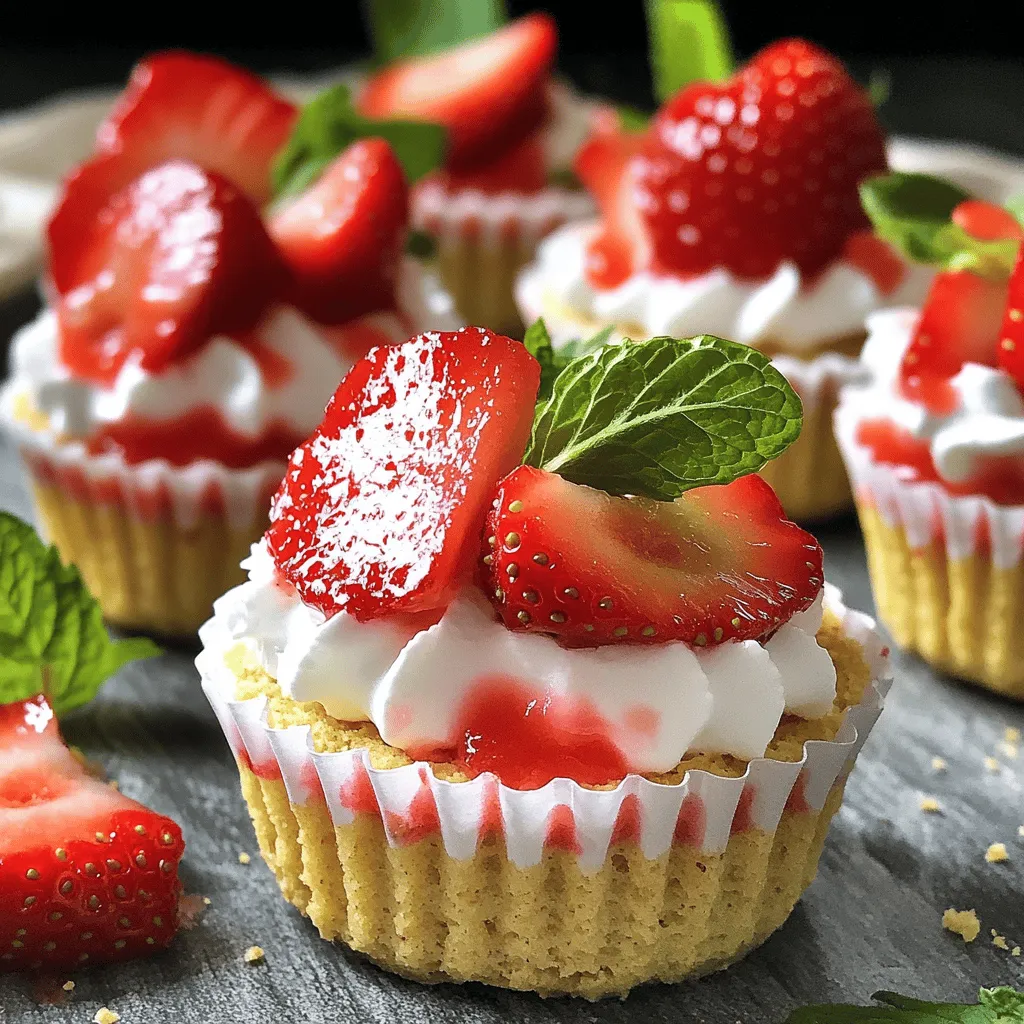You need 2 cups of fresh strawberries. Make sure they are ripe and sweet. Hull and slice the strawberries before using them. This step helps release their juicy flavor. Add 2 tablespoons of granulated sugar to the strawberries. Toss them gently to coat. Let them sit for about 10 minutes. This lets the sugar work its magic. The strawberries will soften and become even sweeter. For the cream, use 1 cup of heavy whipping cream. This gives the dessert a rich taste. Add 1/2 cup of powdered sugar for sweetness. Include 1 teaspoon of pure vanilla extract for flavor. Whip the cream until soft peaks form. This makes the cream light and fluffy. The whipped cream will blend perfectly with the strawberries. You will need 8-10 mini graham cracker cups. These cups add a crunchy base to the dessert. They are easy to find at most grocery stores. Feel free to use more if you want bigger servings. These cups hold the creamy strawberry mix nicely. You can even fill them generously for an extra treat! To start, take 2 cups of fresh strawberries. First, hull and slice them. Place the sliced strawberries in a medium bowl. Add 2 tablespoons of granulated sugar. Gently toss the strawberries until they are well coated. Let them sit for about 10 minutes. This step helps the strawberries release their sweet juices. The sugar draws out the flavor, making them extra tasty. Next, grab a separate bowl. Pour in 1 cup of heavy whipping cream. Then, add 1/2 cup of powdered sugar and 1 teaspoon of pure vanilla extract. Now, you can use a hand mixer or a stand mixer. Whip the mixture until soft peaks form. This will make the cream light and airy. Soft peaks mean the cream holds its shape but is not too stiff. Now comes the fun part! Carefully fold the macerated strawberries into the whipped cream. Use a spatula to mix gently. You want to keep some larger strawberry pieces for texture. Take your mini graham cracker cups, about 8 to 10. Fill each cup generously with the strawberry and cream mix. Let them overflow for a fun look! For a little extra flair, you can garnish each cup. Add a few extra sliced strawberries on top. A fresh mint leaf adds a nice pop of color. It also gives a refreshing aroma. This step makes your dessert look even more inviting! Serve them right away for the best taste. To whip cream well, start with cold cream. Use a chilled bowl for best results. Pour the heavy whipping cream into the bowl. Add powdered sugar and vanilla extract. Mix with a hand mixer or stand mixer. Beat on medium speed until soft peaks form. You want it fluffy but not too stiff. If you over-whip, it becomes grainy. Aim for a smooth texture that holds its shape. Macerating strawberries is easy and adds great taste. Start by slicing fresh strawberries. Place them in a bowl and sprinkle with granulated sugar. Toss them gently to coat. Let them rest for about 10 minutes. This helps the strawberries release their juices. You’ll get a sweet syrup that makes them extra tasty. The strawberries will become soft and flavorful, perfect for your dessert. When serving your shortcake cups, presentation is key. Use a decorative platter for a nice look. Fill each mini graham cracker cup generously. Don’t hesitate to let them overflow! For a pop of color, add extra sliced strawberries on top. A fresh mint leaf can add a lovely touch as well. Serve immediately for the best taste. If you want a chilled dessert, refrigerate for an hour before serving. Enjoy your delightful creation! {{image_4}} You can swap strawberries for many fruits. Try fresh blueberries, raspberries, or peaches. Each fruit brings its own flavor. Blueberries add a sweet burst, while peaches offer a juicy bite. Mixing fruits can create a fun twist. Mini graham cracker cups are great, but you can try others. Use mini phyllo cups for a flaky texture. Chocolate cups add a rich flavor that pairs well. Even mini cupcakes can work if filled right. Each base gives a unique taste. Adding zest or extracts can boost flavor. A bit of lemon or orange zest brightens your cups. Use almond extract instead of vanilla for a nutty twist. These small changes can make a big difference in taste. Get creative and enjoy the process! After making your strawberry shortcake cups, you can store them in the fridge. Cover each cup with plastic wrap or a lid. This keeps them fresh and tasty. They will last in the fridge for about one hour. For the best taste, serve them right away. To keep your dessert fresh, avoid mixing in the strawberries too early. If you mix them too soon, the juices may make the graham cracker cups soggy. Store the filling and cups separately. When ready to serve, fill the cups with the whipped cream and strawberries. This way, they stay crisp and delicious until you eat them. You can freeze leftover filling but not the graham cracker cups. Place the filling in an airtight container. It can stay in the freezer for up to two weeks. When you want to enjoy it again, thaw it in the fridge. Refill fresh cups before serving. This keeps everything tasty and fun! Yes, you can use frozen strawberries. Just let them thaw first. Drain any extra liquid. This helps keep your dessert from getting soggy. Frozen strawberries may be softer, but they still taste great. These cups last up to one day in the fridge. Cover them well to keep them fresh. After one day, the graham cracker cups may get soggy. So, enjoy them soon for the best taste! You can use coconut cream as a dairy-free option. Just chill a can of coconut milk overnight. Scoop out the thick cream and whip it like regular cream. You can also use whipped topping for a quick fix. Yes, you can find gluten-free graham cracker cups in stores. Check the label to be sure. You can also use crushed gluten-free cookies as a base. This way, everyone can enjoy these tasty cups! This blog post covered fresh ingredients, easy steps, and helpful tips for making strawberry shortcake cups. You learned how to prepare strawberries, whip cream, and assemble delicious treats. Remember, you can try different fruits and cup bases to suit your taste. Store leftovers properly to keep them fresh. Don't hesitate to experiment with flavors and ask questions. Now, enjoy creating these sweet delights! They will surely impress friends and family.
