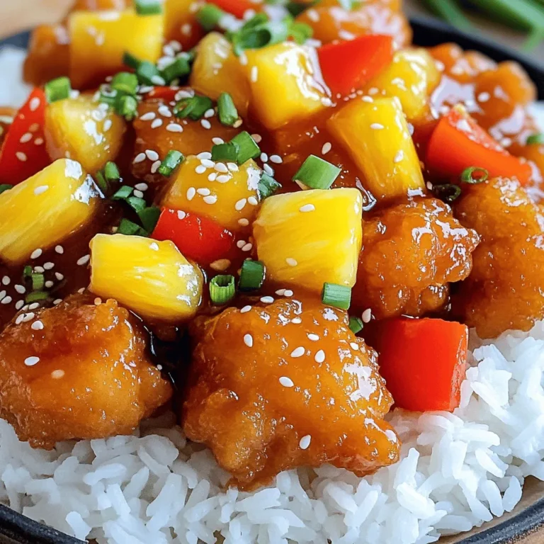 - 1 lb boneless, skinless chicken breast, cut into bite-sized pieces - 1/2 cup cornstarch - 1/2 cup all-purpose flour - 1 teaspoon salt - 1/2 teaspoon black pepper - 1/2 teaspoon garlic powder - 1/2 teaspoon onion powder - 1/4 cup vegetable oil, for frying - 1 red bell pepper, diced - 1 green bell pepper, diced - 1 cup pineapple chunks (fresh or canned) - 1/2 onion, diced - 3 cloves garlic, minced - 1/4 cup ketchup - 1/4 cup apple cider vinegar - 1/4 cup brown sugar - 1 tablespoon soy sauce - 1 teaspoon fresh ginger, grated - 1/4 teaspoon red pepper flakes (optional) - Chopped green onions - Sesame seeds To make this dish, you will need a large mixing bowl, a whisk, and a spacious skillet. The mixing bowl helps combine the dry ingredients well. The skillet is key for frying and sautéing. Use a paper towel to drain excess oil after frying. This keeps the chicken crispy and light. First, make the coating. In a large bowl, mix cornstarch, flour, salt, black pepper, garlic powder, and onion powder. Whisk until smooth. Take your bite-sized chicken pieces and coat them in this dry mix. Make sure each piece is covered well. Shake off any extra flour to keep them from clumping. Heat vegetable oil in a large skillet over medium-high heat. When the oil shimmers, add the coated chicken. Do this in small batches. Fry for 5 to 7 minutes until the chicken is golden brown. Once done, place the chicken on a plate lined with paper towels. This helps soak up any extra oil. In a separate bowl, whisk together ketchup, apple cider vinegar, brown sugar, soy sauce, grated ginger, and red pepper flakes if you like some heat. This mix creates a bright and tasty sweet and sour sauce. In the same skillet, add diced onion, minced garlic, and both bell peppers. Sauté these for about 3 to 4 minutes. Stir them until they soften and smell great. Then, pour the sauce over these veggies. Add pineapple chunks and stir gently. Let it simmer for about 2 to 3 minutes. This lets the sauce thicken. Finally, add the fried chicken back to the skillet. Toss it all together until the chicken is well coated. Cook for another 2 minutes to heat through. Serve it up and enjoy! To get that ideal crispy coating on your chicken, follow these steps: - Use a Dry Coating: Mix cornstarch and flour for a light texture. - Even Coating: Toss chicken pieces well in the dry mix. Ensure each piece is covered. - Shake Off Excess: Remove extra flour to avoid clumping while frying. - Hot Oil: Heat the oil well before adding chicken. This helps seal the coating. - Don’t Crowd the Pan: Fry in small batches. This keeps the temperature steady for crispiness. Sautéing vegetables well enhances their flavor. Here’s how to do it: - Prep Ahead: Chop all vegetables before you start cooking. This saves time. - High Heat: Use medium-high heat to cook quickly and keep veggies crunchy. - Add Garlic Last: Add minced garlic in the last minute to avoid burning. - Stir Frequently: Keep the vegetables moving for even cooking and great texture. - Bright Colors: Choose fresh, vibrant bell peppers and onions; they add color and taste. Balancing sweetness and acidity makes the dish shine. Here’s what to keep in mind: - Taste the Sauce: Mix ketchup, vinegar, and sugar, then taste it. Adjust as needed. - Add More Sugar: If it’s too sour, add a bit more brown sugar to sweeten. - Increase Acidity: For a tangier flavor, add more apple cider vinegar slowly. - Fresh Ingredients: Use fresh pineapple for natural sweetness and a fruity note. - Personalize: Feel free to tweak the sauce to match your taste. {{image_4}} You can easily swap chicken for other proteins. Tofu is a great choice. It absorbs flavors well. Just press it to remove water, then cut it into cubes. Coat it the same way you would chicken. You can also use shrimp. Shrimp cooks quickly and adds a nice touch. Use peeled and deveined shrimp for the best results. Feel free to mix up the veggies in this dish. Broccoli, snap peas, and carrots work great. These add color and crunch. You can also use baby corn or snow peas. Just remember to chop them into bite-sized pieces. This way, they cook evenly and blend well with the sauce. Want to cut down on sugar? You can use a sugar substitute. Try using honey or maple syrup instead of brown sugar. These options add sweetness with less impact. You can also reduce the amount of ketchup. Adding more vinegar can enhance the flavor without extra sugar. Adjust the sauce to fit your taste and health goals. After you make sweet and sour chicken, let it cool down. Place it in an airtight container. Store it in the fridge for up to three days. This keeps the chicken fresh and tasty. If you have extra sweet and sour chicken, freeze it for later. Use a freezer-safe bag or container. Make sure to remove air to avoid freezer burn. It can last for up to three months in the freezer. When you’re ready to eat, just thaw it in the fridge overnight. To reheat, you can use the microwave or stovetop. If using the microwave, heat on medium power. Stir every minute for even heating. If using the stovetop, place it in a pan over medium heat. Add a splash of water to keep it moist. Stir until it’s hot. Enjoy your meal just like the first time! To make sweet and sour sauce, you need simple ingredients. Here’s how: - Mix together: - 1/4 cup ketchup - 1/4 cup apple cider vinegar - 1/4 cup brown sugar - 1 tablespoon soy sauce - 1 teaspoon fresh ginger, grated - 1/4 teaspoon red pepper flakes (optional) This blend gives you a tangy and sweet sauce. Whisk well and taste. You can adjust the sweetness by adding more sugar if needed. Yes, you can use chicken thighs! Thighs are juicier and packed with flavor. Just cut them into bite-sized pieces like the breasts. They will still cook well in the frying step. The sauce will soak in nicely, giving you a tasty dish. Sweet and sour chicken pairs well with many sides. Here are some ideas: - Fluffy steamed rice - Fried rice with veggies - Noodles tossed in soy sauce - A fresh green salad These sides balance the sweet and tangy flavors of the chicken. Sweet and sour chicken stays good in the fridge for about 3 to 4 days. Store it in an airtight container to keep it fresh. If you want to save it longer, consider freezing it. Just make sure to thaw it safely before reheating. You learned how to make delicious sweet and sour chicken. We covered the key ingredients, cooking steps, and helpful tips. Remember to adjust flavors for your taste. Try different proteins and veggies to mix it up. When you store leftovers, use the right methods to keep them fresh. Enjoy your cooking journey, and impress everyone with your new skills!