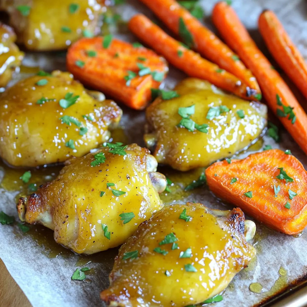 - 4 boneless, skinless chicken thighs - 3 large carrots, peeled and cut into sticks - 2 tablespoons Dijon mustard - 2 tablespoons honey - 2 tablespoons extra virgin olive oil The main ingredients bring this dish to life. Chicken thighs stay juicy and flavorful. Carrots add a sweet crunch that pairs well with the chicken. The honey mustard marinade gives a sweet and tangy kick. - 1 teaspoon garlic powder - 1 teaspoon dried thyme - Salt and freshly ground black pepper, to taste Spices and seasonings make a big difference in flavor. Garlic powder adds a warm, savory note. Dried thyme gives a hint of earthiness. Salt and pepper bring out the best in all the ingredients. - Fresh parsley, chopped A sprinkle of fresh parsley adds color and freshness. This simple touch makes the dish look more appealing. Plus, it adds a fresh flavor that brightens every bite. First, preheat your oven to 400°F (200°C). This heat makes sure everything cooks well. Next, line a large baking sheet with parchment paper. This helps with easy cleanup later. Now, let’s make the honey mustard marinade. In a small bowl, whisk together: - 2 tablespoons Dijon mustard - 2 tablespoons honey - 2 tablespoons extra virgin olive oil - 1 teaspoon garlic powder - 1 teaspoon dried thyme - A pinch of salt and freshly ground black pepper Mix it well until it blends smoothly. This marinade adds great flavor to the chicken. Take the chicken thighs and put them in a large mixing bowl. Pour half of the honey mustard marinade over the chicken. Toss gently to coat each piece well. This step is key for flavor. Set aside the remaining marinade for later. On one side of your prepared baking sheet, place the carrot sticks. Drizzle them with a little olive oil and sprinkle with salt and pepper. Toss the carrots to coat them evenly. On the other side of the baking sheet, arrange the marinated chicken thighs. Make sure they have enough space. This space helps them cook evenly. Now, place the sheet pan in the preheated oven. Bake for about 25 to 30 minutes. Check that the chicken reaches an internal temperature of 165°F (74°C) and that the carrots are tender. For the last 5 minutes, brush the chicken with the remaining honey mustard marinade. This adds a nice glaze and boosts the flavor. After baking, carefully remove the sheet pan from the oven. Let it sit for a few moments before serving. Garnish with freshly chopped parsley for color and freshness. Enjoy your delicious meal! To check if your chicken is done, use a meat thermometer. The thickest part of the thigh should reach 165°F (74°C). If the chicken is thick, it may need more time in the oven. You can add 5-10 minutes if the pieces are larger. For tender carrots, cut them into uniform sticks. They should cook evenly this way. You want them to be soft but not mushy. For extra flavor, toss them with a bit of honey or add a sprinkle of cinnamon before baking. This adds a nice touch. When serving, use a large platter for a beautiful display. Arrange the chicken and carrots in a way that looks inviting. Drizzle any leftover glaze over the dish for shine. Finally, add a sprinkle of fresh parsley on top. This brightens the dish and gives it a fresh look. {{image_4}} You can play with the proteins in this dish. If you want, use chicken breasts instead of thighs. Pork can also be a tasty option. It cooks well and absorbs flavors nicely. For veggies, you have choices too. Bell peppers add crunch and color. Sweet potatoes bring a sweet touch. You can mix and match based on your taste. Want a kick? Make a spicy honey mustard by adding hot sauce or cayenne pepper. This adds heat without losing the sweet taste. Fresh herbs can lift this dish. Try adding rosemary or oregano for a new flavor twist. They pair great with the honey mustard and add freshness. An air fryer can cook this dish faster. Set it to 375°F (190°C) and cook for about 18-20 minutes. Check the chicken to ensure it's done. Grilling is another fun option. You can grill the chicken and carrots over medium heat. This adds a smoky flavor that works well with the honey mustard. Just watch the cooking time to avoid burning. To keep the honey mustard chicken and carrots fresh, follow these tips: - Let the dish cool: Allow it to cool for about 30 minutes. - Use airtight containers: Store the food in glass or plastic containers with tight lids. - Label containers: Write the date on the lid to track freshness. If you want to save leftovers, freezing works well: - Cool completely: Make sure the chicken and carrots are at room temperature. - Use freezer bags: Place them in zip-top freezer bags. Remove as much air as possible. - Seal tightly: Make sure the bags are sealed to prevent freezer burn. To thaw, place the bag in the fridge overnight before reheating. To enjoy your meal again, here are the best ways to reheat: - Oven method: Preheat your oven to 350°F (175°C). Place on a baking sheet and heat for 15-20 minutes. - Microwave method: Place on a microwave-safe plate. Heat in 1-minute intervals until warm. - Skillet method: Heat a bit of oil in a skillet over medium heat. Cook until heated through. These methods help keep the chicken juicy and the carrots tender. You bake honey mustard chicken for 25 to 30 minutes at 400°F (200°C). The chicken should reach an internal temperature of 165°F (74°C) to ensure it is safe to eat. Use a meat thermometer for accuracy. This cooking time also makes the carrots tender and tasty. Yes, you can prepare this recipe in advance. Marinate the chicken and cut the carrots a few hours before cooking. Store them in the fridge until you are ready to bake. This helps the flavors develop more. Just remember to cook them right before serving for the best taste. You can serve this dish with rice, quinoa, or a fresh green salad. These sides add balance to the meal. You might also enjoy crusty bread to soak up any extra sauce. For a fun twist, consider adding a fruit salad for dessert. Chicken should not be pink inside when cooked. Use a meat thermometer to check the temperature. If it reaches 165°F (74°C), it is safe to eat. Sometimes, juices may be slightly pink due to the marinade, but the chicken itself should look fully cooked. To make honey mustard sauce, mix equal parts of Dijon mustard and honey in a bowl. Add olive oil for richness. You can also add garlic powder and a pinch of salt for extra flavor. Adjust the sweetness or tanginess by changing the honey or mustard amounts to fit your taste. In this blog post, we covered how to make delicious sheet pan honey mustard chicken and carrots. We looked at the key ingredients, spices, and smart tips to ensure great taste. I shared how to marinate and bake the chicken perfectly while offering tasty variations and storage tips. Remember, cooking is fun! Use these steps and tips to enjoy flavorful meals that everyone loves. Get ready to impress your family and friends with this easy and tasty dish!