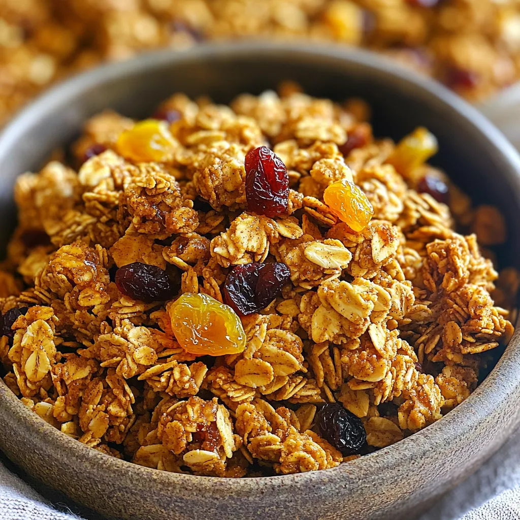To make Maple Cinnamon Granola Clusters, you need fresh and simple ingredients. Each component plays a key role in the final taste and texture. - 3 cups rolled oats - 1 cup chopped nuts (choose from almonds, pecans, or walnuts) - 1/2 cup seeds (pumpkin seeds or sunflower seeds) - 1 teaspoon ground cinnamon - 1/2 teaspoon sea salt - 1/2 cup pure maple syrup - 1/4 cup melted coconut oil (substitute with butter if preferred) - 1 teaspoon pure vanilla extract - 1 cup chopped dried fruits (options: raisins, cranberries, or apricots) Rolled oats form the base of this granola. They give a hearty texture and absorb flavors well. Choose your favorite nuts for added crunch and healthy fats. I love almonds, but walnuts also work great. Seeds like pumpkin or sunflower add a nice crunch and a boost of nutrition. Ground cinnamon gives warmth and sweetness. Sea salt enhances all the flavors, making each bite pop. Pure maple syrup is the star sweetener here. Its rich flavor complements the cinnamon perfectly. Melted coconut oil helps bind everything together while adding a hint of tropical taste. If you prefer, you can swap it for butter. Pure vanilla extract rounds out the flavors. Finally, add chopped dried fruits for a chewy contrast. Raisins, cranberries, or apricots are all great choices. Gather these ingredients, and you’re ready to create a delicious batch of granola clusters! 1. Preheating the Oven Start by preheating your oven to 325°F (163°C). This step ensures your granola bakes evenly. 2. Mixing Dry Ingredients In a large bowl, mix 3 cups of rolled oats, 1 cup of chopped nuts, and 1/2 cup of seeds. Add 1 teaspoon of ground cinnamon and 1/2 teaspoon of sea salt. Stir the dry ingredients well. 3. Whisking Wet Ingredients In another bowl, whisk together 1/2 cup of pure maple syrup, 1/4 cup of melted coconut oil, and 1 teaspoon of pure vanilla extract. Make sure the mixture is smooth. 4. Combining Ingredients Pour the wet mixture over the dry ingredients. Gently stir until everything is well coated. This step is key for great flavor. 5. Spreading and Pressing Mixture on Baking Sheet Transfer the mixture to a baking sheet lined with parchment paper. Spread it out evenly and press down lightly. This helps form those tasty clusters we all love. 1. Baking Time and Temperature Bake your mixture in the preheated oven for 20-25 minutes. This gives it a nice golden color. 2. Stirring for Even Browning Halfway through baking, stir the mixture. This ensures all parts brown evenly and become crunchy. 3. Cooling and Clustering Process Once baked, take it out and let it cool completely on the baking sheet. As it cools, it will harden into delicious clusters. After cooling, break it apart and mix in 1 cup of chopped dried fruits. Enjoy your snack! Using Right Proportions To make great clusters, you need the right mix of dry and wet ingredients. Use three cups of rolled oats and one cup of chopped nuts. This mix gives a solid base. The nuts add crunch and flavor. Also, add half a cup of seeds for more texture. The sweet part comes from half a cup of pure maple syrup. This binds everything together. Make sure you use enough coconut oil too. A quarter cup of melted coconut oil helps with crispness. If you want a buttery taste, you can use butter instead. Baking Techniques for Crunchiness Baking at the right temperature is key. Preheat your oven to 325°F (163°C). Spread the mixture evenly on the baking sheet. Press it down lightly to help form clusters. Stir halfway through baking for even browning. Bake for 20 to 25 minutes. When golden brown, it’s ready! Let the granola cool completely on the baking sheet. This cooling step is vital. It allows the clusters to harden. If you skip this, your granola may crumble. Adding Spices You can spice up your granola easily. Besides cinnamon, try nutmeg or ginger for warmth. A pinch of cardamom adds a unique flavor. Feel free to mix and match spices. This is a great way to make your granola special. Using Different Sweeteners While maple syrup is excellent, other sweeteners work too. Honey gives a floral note. Agave nectar is a vegan option. Brown sugar can add a deeper flavor. Experiment with what you like best! {{image_4}} Nuts and Seeds Alternatives You can switch up the nuts and seeds to match your taste. If you prefer, use cashews or hazelnuts instead of almonds, pecans, or walnuts. For seeds, sunflower seeds can replace pumpkin seeds. This adds fun textures and flavors to your granola clusters. Sweetener Options If you want to change the sweetener, try honey or agave syrup. Both options give a nice sweetness. You can also use brown sugar if you want a richer taste. Just keep the same amount for a great result. Pairing with Yogurt or Milk Granola clusters pair perfectly with yogurt or milk. Pour them over a bowl of yogurt for a hearty breakfast. You could also enjoy them with almond milk for a tasty snack. This combination boosts flavor and nutrition. Creative Ways to Serve Granola Clusters Serve your granola clusters in fun ways. You can put them in mason jars for a cute look. Try using them as a topping for smoothies or ice cream. They also make a great snack on their own. To keep your Maple Cinnamon Granola Clusters fresh, use airtight containers. This helps prevent air from making your granola stale. Glass jars or plastic bins with tight seals work well. Store the container in a cool, dry place, away from sunlight. - Shelf Life: Your granola stays fresh for up to two weeks. After that, it might lose crunch and flavor. If you want to keep it longer, consider freezing it. Granola can last for three months in the freezer. Sometimes, granola can get a bit hard. If that happens, don’t worry! You can easily revive your clusters. - Tips for Reviving Stale Granola: 1. Preheat your oven to 300°F (150°C). 2. Spread the stale granola on a baking sheet. 3. Bake for about 5-10 minutes. This will bring back some crunch. 4. Let it cool before you enjoy it again. With these tips, you can enjoy your granola clusters for longer! You should store homemade granola in an airtight container. This keeps it fresh and crunchy. I recommend using glass jars or plastic bins with tight lids. If stored correctly, your granola will last up to two weeks. Yes, you can easily customize this recipe. For nut allergies, skip nuts or use seeds instead. You can also use maple syrup alternatives like honey or agave nectar. Always check labels to ensure your ingredients meet your dietary needs. The original recipe is gluten-free if you use certified gluten-free oats. Make sure to check the packaging. Oats can sometimes be processed in facilities with gluten. So, look for those labels for safety. Making Maple Cinnamon Granola Clusters takes about 35 minutes total. You spend 10 minutes prepping and 25 minutes baking. It’s a quick and rewarding recipe that fills your kitchen with a warm, inviting scent. This blog post shared a simple recipe for Maple Cinnamon Granola Clusters. We covered the ingredients you need, like oats, nuts, and dried fruits. I outlined easy steps for preparation and baking. You also learned tips for perfect clusters and flavor tricks. With variations, you can customize your granola to fit your needs. Remember to store it properly to keep it fresh. Enjoy making your own tasty granola, and feel free to experiment with flavors! These clusters are easy and fun. Happy baking!