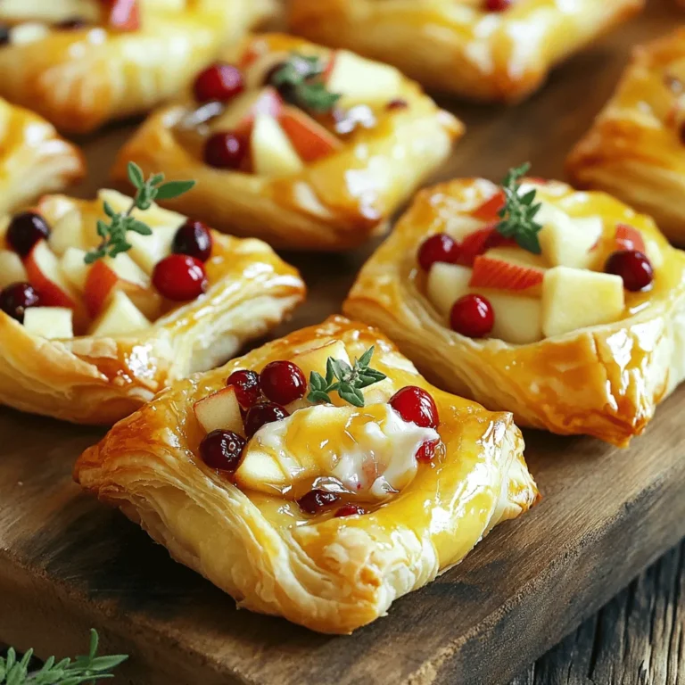 - Puff pastry sheet - Fresh apple and cranberries - Brie cheese details - Honey and thyme seasoning - Egg wash components The key to making Apple Cranberry Brie Puff Pastry Bites lies in the ingredients. Each item plays an important role in flavor and texture. - Puff pastry sheet: This is the base of your bites. It gives a flaky and buttery crunch. Use a high-quality sheet for the best results. - Fresh apple and cranberries: I like to use a medium apple, cored and diced. The tartness from fresh cranberries adds a nice punch. If you prefer a sweeter taste, you can swap fresh cranberries for dried. - Brie cheese details: Use about four ounces of Brie. Make sure to remove the rind. Cut it into small pieces for easy melting. Brie adds a creamy richness that balances the tartness of the fruit. - Honey and thyme seasoning: Mix two tablespoons of honey with one teaspoon of fresh thyme leaves. This combo enhances the sweetness and adds a fragrant touch. - Egg wash components: You will need one beaten egg. This egg wash will help your bites turn golden brown and shiny as they bake. Gather these ingredients for a delightful treat. They work together to create a perfect balance of flavors. Preheat your oven to 400°F (200°C). This high heat helps the pastry puff up nicely. Line a baking sheet with parchment paper. This makes cleaning easy and keeps your bites from sticking. On a lightly floured surface, roll out the puff pastry. Flatten it gently to smooth any creases. Aim for an even thickness. Cut the pastry into 2-inch squares. Uniform squares help them bake evenly. In a mixing bowl, combine the diced apple and chopped cranberries. Add two tablespoons of honey and the fresh thyme leaves. Sprinkle salt and pepper to taste. Mix well until all ingredients blend nicely. This creates a sweet and tangy filling. Take a small spoonful of the apple-cranberry mixture. Place it in the center of each pastry square. Top each filling with a piece of Brie cheese. Fold the corners of the squares towards the center to form a pocket. Pinch the edges firmly to seal them well. Arrange the puff pastry bites on the lined baking sheet. Make sure they have space between them. Brush the tops with the beaten egg for a nice golden color. Bake in the preheated oven for 15-20 minutes. They should be golden brown and flaky when done. Let them cool for a few minutes on the baking sheet before you move them to a serving plate. To achieve a flaky texture in your puff pastry, focus on keeping it cold. Cold butter creates steam that makes the layers rise. Roll out your pastry gently. Avoid stretching it too much. This keeps the layers intact. A common mistake is overworking the dough. This can lead to dense bites instead of light and airy ones. For more flavor, consider adding spices like cinnamon or nutmeg. These spices pair well with apples and cranberries. Fresh herbs like rosemary also work nicely, adding a savory touch. You can experiment with different fillings too. Try using pears instead of apples for a twist. Or swap Brie for goat cheese for a tangy flavor. Presentation is key! Serve your bites warm on a rustic wooden board. Place them on a sleek white platter for a modern look. Garnish with fresh thyme sprigs for color. Pair your bites with a glass of sparkling cider or white wine. These drinks complement the sweet and savory flavors perfectly. {{image_4}} You can mix things up with different ingredients. If you want a sweeter taste, use dried cranberries instead of fresh ones. Dried cranberries add a chewy texture and a burst of sweetness. However, fresh cranberries give a tart flavor that balances the sweetness of the apple. For cheese, Brie is creamy and rich, but you can try goat cheese or cream cheese as alternatives. Goat cheese adds a tangy twist, while cream cheese offers smoothness. Both options work well. You can create sweet or savory versions of these bites. For a sweet twist, add cinnamon or nutmeg to the apple mixture. This gives a warm, cozy taste. If you prefer savory, consider adding caramelized onions or sautéed mushrooms. These ingredients elevate the flavor to a gourmet level. Seasonal fruits can also enhance your bites. In the fall, you might use pears or cranberries. In summer, try peaches or berries. These fruits add freshness and flavor, making each batch unique. If you need gluten-free options, look for gluten-free puff pastry. Many stores offer this today. It allows everyone to enjoy these tasty bites without worry. For a vegan version, replace the Brie with a plant-based cheese. You can also skip the egg wash and use almond milk or a flaxseed mixture for a golden finish. These tweaks keep the bites delicious while catering to dietary needs. To keep your Apple Cranberry Brie Puff Pastry Bites fresh, store them properly. Place the leftovers in an airtight container. This will help keep them from drying out. You can refrigerate them for up to three days. If you want to save them longer, freezing is a great option. - To freeze, wrap each bite in plastic wrap. - Then, place them in a freezer-safe bag. - They can last in the freezer for up to three months. Make sure to label the bag with the date. This way, you’ll know how long they’ve been stored. When you're ready to enjoy your leftovers, reheating is key. You want to restore their crispiness. The best way to do this is in the oven. - Preheat your oven to 350°F (175°C). - Place the bites on a baking sheet. - Heat them for about 10-15 minutes, or until warm. This method keeps the pastry flaky and delicious. You can also use an air fryer for a quicker option. Just set it to 350°F and check after 5-7 minutes. Enjoy your tasty bites just like the first time! Yes, you can make these bites ahead of time. Prepare the filling and fill the pastry squares. Then, cover them and place them in the fridge for up to 24 hours. When you are ready to bake, just brush them with egg wash and pop them in the oven. This saves time and makes serving easy. These bites pair well with many dishes. Consider serving them with a simple salad. A fresh green salad adds a nice crunch. You can also serve them with a fruit platter. Cheese boards with nuts and dried fruits work great too. For drinks, try sparkling cider or a light wine. Look for a golden-brown color on the pastry. It should puff up nicely and feel flaky. You can also check the filling. The cheese should be melted, and the apples and cranberries will be soft. If they look and smell great, they are ready to enjoy! Yes, there are a few allergens in this recipe. The puff pastry contains gluten, which affects those with gluten intolerance. The Brie cheese has dairy, so it’s not suitable for those with lactose issues. Always check for any other specific allergies before serving. This recipe for puff pastry bites combines fresh apples, cranberries, and Brie. It guides you through the steps to ensure a flaky texture and great flavor. Remember to adjust ingredients to fit your taste or dietary needs. You can store leftovers well and reheat them easily. Puff pastry bites are perfect for gatherings or cozy nights in. Enjoy your creation with a drink or share them with friends. I hope you try this tasty treat and love it as much as I do!