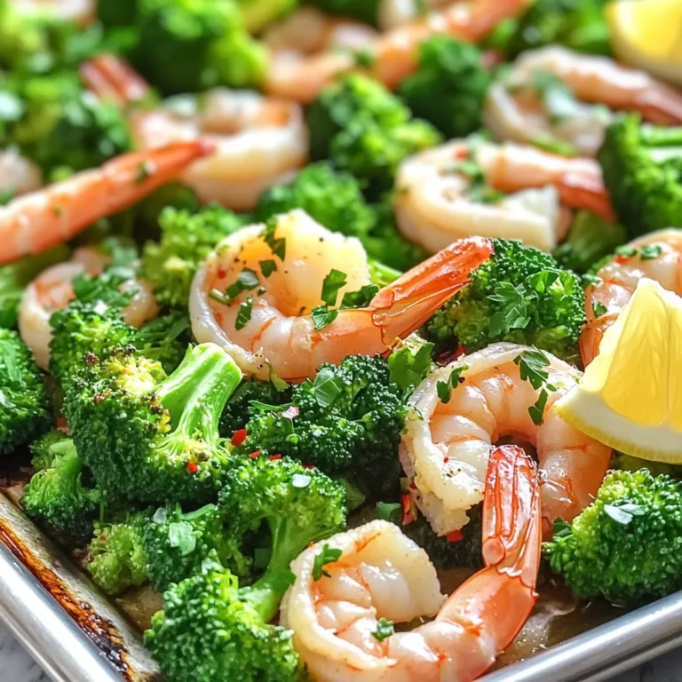 - 1 pound large shrimp, peeled and deveined - 3 cups fresh broccoli florets - 4 tablespoons unsalted butter, melted - 4 cloves garlic, finely minced - Juice of 1 lemon - 1 teaspoon smoked paprika - Salt and freshly ground black pepper to taste - Fresh parsley, finely chopped for garnish - Optional: red pepper flakes for a spicy kick If you can’t find large shrimp, try medium shrimp. They work well too. You can also swap the broccoli for green beans or asparagus. If you want a dairy-free option, use olive oil instead of butter. For a zesty twist, try lime juice in place of lemon juice. Each serving of this dish has about 250 calories. It packs a good amount of protein from the shrimp. Broccoli adds fiber, vitamins, and minerals. The butter gives you healthy fats, while the garlic adds flavor and health benefits. If you add red pepper flakes, it may boost metabolism too. Start by preheating your oven to 400°F (200°C). This helps to cook everything evenly. A hot oven is key to making the shrimp and broccoli delicious. In a small bowl, mix together the melted butter, minced garlic, lemon juice, smoked paprika, salt, and pepper. Whisk until everything blends well. This mixture adds lots of flavors to your dish. The garlic and lemon will make your kitchen smell amazing. Take a large sheet pan and spread out the broccoli florets in one layer. Drizzle half of the garlic butter mixture over the broccoli. Use your hands or a spatula to toss and coat them well. Next, add the shrimp on top, spacing them out. Pour the rest of the garlic butter over the shrimp and toss gently to coat each piece. Now, place the sheet pan in your preheated oven. Bake for 12-15 minutes. You’ll know it’s done when the shrimp turn pink and opaque. The broccoli should be cooked but still have a bit of crunch. When finished, carefully take the pan out and sprinkle freshly chopped parsley on top. This adds a nice touch of color and flavor just before serving. To cook shrimp just right, pay close attention to time. Bake the shrimp for 12 to 15 minutes. Stop cooking when they turn pink and opaque. This shows that they are done. Overcooking makes shrimp tough. Use a timer to help you. If you have large shrimp, they may need a minute more. Keep an eye on them as they cook. You can boost the flavor with extra seasonings. Try adding lemon zest for a fresh taste. A pinch of cayenne adds heat without overpowering. Consider using fresh herbs like thyme or basil. They add depth to your dish. Season to your liking, but remember not to mask the garlic and butter. A little goes a long way in creating balanced flavors. For a lovely presentation, serve right from the sheet pan. It adds a rustic charm. If you prefer, plate the shrimp and broccoli on individual dishes. Add lemon wedges for a zesty touch. A sprinkle of fresh parsley gives color and freshness. This small step makes your meal look gourmet. Enjoy the beauty of your dish as much as the taste! {{image_4}} You can mix in other veggies for more flavor. Try adding bell peppers, carrots, or snap peas. These veggies cook well and add color to your dish. Just chop them into bite-sized pieces and toss them with the garlic butter. Keep an eye on the cooking time. Some veggies may need a minute more or less. If you like spice, add red pepper flakes! They give a nice kick to the shrimp and broccoli. Start with a pinch and taste. You can always add more if you want it hotter. Mix them into the garlic butter before you drizzle it on. This way, the spice spreads throughout the dish. Want to switch up the protein? You can use chicken, tofu, or scallops instead of shrimp. Make sure to cut chicken into small pieces for even cooking. Adjust the baking time too. Chicken may take a bit longer, while tofu cooks quickly. Just ensure everything is cooked through for a tasty meal. To store leftovers from this dish, let it cool first. Place shrimp and broccoli in an airtight container. This helps keep them fresh. You can store it in the fridge for up to three days. Keep the dish away from strong-smelling foods to avoid flavor transfer. To reheat, use the oven for best results. Preheat your oven to 350°F (175°C). Place the shrimp and broccoli on a baking sheet. Cover it with foil to prevent drying. Heat for about 10 minutes or until warmed through. You can also use a microwave. Just heat in short bursts, stirring in between. This helps heat evenly. If you want to freeze this dish, do it within two days. Place shrimp and broccoli in a freezer-safe bag. Remove as much air as possible to prevent freezer burn. Label the bag with the date. You can freeze it for up to two months. To thaw, move it to the fridge overnight before reheating. Yes, you can use frozen shrimp. Just make sure to thaw them first. Place the shrimp in a bowl of cold water for about 15 minutes. This helps them thaw quickly and safely. If you use frozen shrimp, the cooking time may be slightly longer. Always check that they turn pink and opaque to know they are ready. Shrimp are cooked when they turn pink and opaque. They should curl into a "C" shape. If they form an "O" shape, they may be overcooked. Keep an eye on them as they cook. The total cooking time for shrimp is usually 12 to 15 minutes in the oven. You can serve this dish with rice or quinoa for a hearty meal. A side salad also pairs well, adding freshness. Some enjoy crusty bread to soak up the delicious garlic butter. For a light touch, serve with lemon wedges for extra zest. In this blog post, I covered ingredients, step-by-step instructions, and useful tips. You learned how to make garlic butter shrimp and broccoli easily. I shared ways to customize the dish with different veggies or proteins. I also gave advice on storing leftovers and reheating them. Try this recipe for a simple meal full of flavor. Cooking can be fun and easy when you have the right steps. Enjoy your tasty dish!