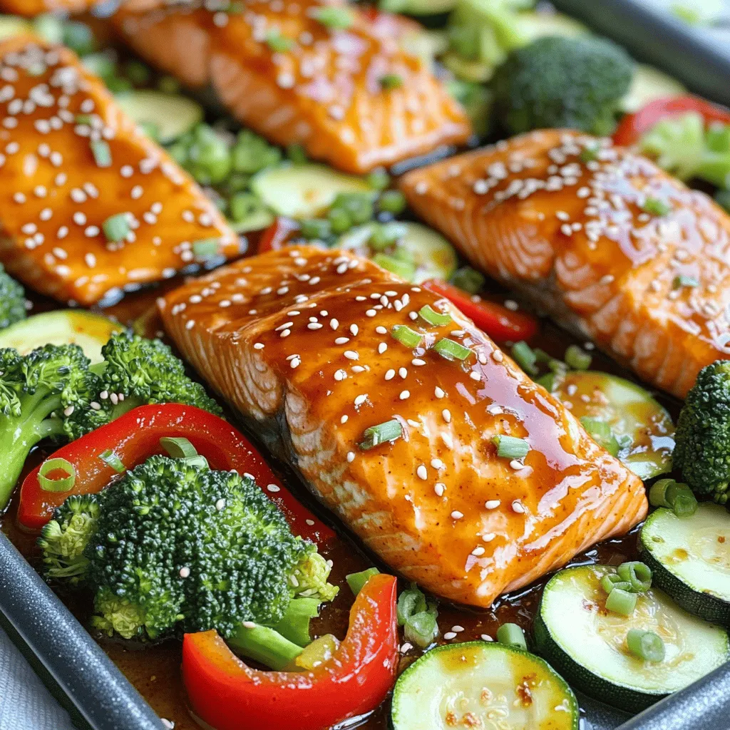 To create a tasty Sweet Chili Glazed Salmon Sheet Pan, you need fresh and simple ingredients. Here’s what you’ll need: - 4 salmon fillets (about 6 ounces each) - 1/4 cup sweet chili sauce - 2 tablespoons soy sauce - 1 tablespoon sesame oil - 1 tablespoon fresh ginger, finely grated - 2 cloves garlic, minced - 1 red bell pepper, sliced into thin strips - 1 cup broccoli florets (fresh or frozen) - 1 medium zucchini, sliced into half-moons - 1 tablespoon olive oil - Salt and black pepper to taste - Sesame seeds and chopped green onions for garnish Each ingredient plays a key role. The salmon is rich and flaky. The sweet chili sauce gives it a sweet and spicy kick. Soy sauce adds depth. Sesame oil brings a nutty flavor. Fresh ginger and garlic enhance the taste with warmth and zest. The vegetables not only add color but also nutrients. Red bell pepper brings sweetness and crunch. Broccoli offers a healthy bite, while zucchini adds moisture. Olive oil helps everything cook evenly. The seasonings balance the dish perfectly. Finally, sesame seeds and green onions provide a nice touch on top. This simple list makes it easy for anyone to enjoy a gourmet meal at home. 1. First, preheat your oven to 400°F (200°C). 2. Next, line a large sheet pan with parchment paper. This helps with easy cleanup. 3. In a mixing bowl, combine the sweet chili sauce, soy sauce, sesame oil, grated ginger, and minced garlic. 4. Whisk these ingredients until you create a smooth marinade. 1. Place the salmon fillets on the prepared sheet pan. Make sure the skin-side faces down. 2. Take half of the sweet chili marinade and brush it over the salmon fillets. 1. Arrange the sliced red bell pepper, broccoli florets, and zucchini around the salmon on the sheet pan. 2. Drizzle the vegetables with olive oil. 3. Season them generously with salt and black pepper. 4. Pour the remaining marinade over the vegetables. 5. Toss the veggies with your hands or a spatula until they are well coated. 1. Transfer the sheet pan to the preheated oven. 2. Bake for about 15-20 minutes. 3. The salmon should flake easily when tested with a fork. The vegetables need to be tender. 4. Stir the vegetables halfway through cooking to ensure even roasting. 5. Once cooked, remove the sheet pan from the oven. 6. For a nice finish, sprinkle sesame seeds and chopped green onions over everything before serving. How to achieve perfectly flaky salmon To get flaky salmon, focus on the cooking time. Bake it for 15 to 20 minutes at 400°F (200°C). The salmon will flake easily with a fork when it's done. Avoid overcooking, as this can make it dry. Brush the salmon with the sweet chili sauce before baking. This adds flavor and helps keep it moist. Ensuring even roasting of vegetables Cut your vegetables into similar sizes. This helps them cook at the same rate. Spread them out evenly on the sheet pan. If they are too close together, they will steam instead of roast. Stir the veggies halfway through cooking. This ensures they roast evenly and get a nice color. Presentation ideas You can serve this dish straight from the sheet pan for a fun look. If you want a fancier feel, place the salmon and veggies on warm plates. Add a lime wedge on the side for color and a zesty flavor. Garnish with sesame seeds and chopped green onions to make it pop. Suggested sides to enhance the meal Serve this salmon with fluffy rice or quinoa. They soak up the sweet chili sauce well. You can also add a fresh salad with a light dressing. This adds crunch and balances the meal. A simple fruit salad can also be a great side option for a sweet touch. {{image_4}} You can switch salmon for other proteins. Chicken works well if you prefer poultry. Tofu is a great choice for a plant-based meal. Just remember to adjust the cooking time. For chicken, aim for 20-25 minutes. Tofu usually needs around 15 minutes to cook through. For vegetables, feel free to mix it up! Asparagus, snap peas, or carrots also taste great with the sweet chili glaze. You can even try using green beans or cauliflower for a new twist. To add extra flavor, try using spices or herbs. A pinch of cayenne pepper adds a nice kick. If you like earthiness, add fresh thyme or rosemary. You can also use lime zest for a bright flavor. Experiment with different marinades too. You could use teriyaki sauce instead of sweet chili for a savory taste. Or, try a garlic and herb blend for a fresh twist. The options are endless! To keep your sweet chili glazed salmon and veggies fresh, store them in airtight containers. Make sure the salmon and vegetables cool down first. Place a piece of parchment paper between layers to avoid sticking. You can store them in the fridge for up to three days. Always label your containers with the date to track freshness. To reheat the salmon without drying it out, use the oven. Preheat the oven to 325°F (163°C). Place the salmon on a baking sheet. Cover it with foil to keep moisture in. Heat for about 10-15 minutes. Check if it's warm in the center. You can also reheat vegetables in the same way. This keeps them tasty and soft. Avoid using the microwave, as it can make the fish dry. Yes, you can use frozen salmon. Thaw it in the fridge overnight. For a quicker method, place it in a sealed bag and run it under cold water. Once thawed, pat it dry and follow the recipe as usual. The salmon is done when it flakes easily with a fork. It should be opaque and have a light pink color in the center. If you have a food thermometer, the internal temperature should reach 145°F (63°C). You can serve sweet chili glazed salmon with rice, quinoa, or a fresh salad. Roasted or steamed vegetables also work well. Consider a light citrus dressing to brighten the meal. Some sweet chili sauces contain gluten. Look for brands labeled gluten-free. Alternatively, you can make your own by mixing chili paste with honey and a splash of vinegar. This way, you ensure it fits your diet. This post covered a simple and tasty recipe for sweet chili glazed salmon. We explored the key ingredients like salmon, vegetables, and seasonings. I gave step-by-step instructions for preparation and baking. You learned helpful tips for cooking and serving, along with variations to suit your taste. Finally, I shared storage tips to keep your leftovers fresh. This dish is not just easy to make but also a crowd-pleaser. Enjoy your cooking!