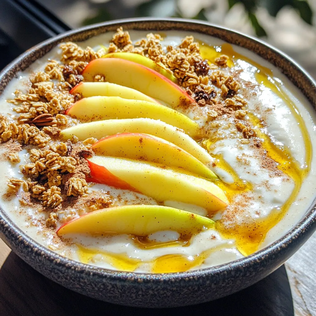 - 2 medium apples, cored and finely chopped - 1 frozen banana, peeled and sliced - 1/2 cup Greek yogurt - 1/2 cup almond milk - 1 tablespoon almond butter - 1 teaspoon ground cinnamon - 1 tablespoon maple syrup (optional) - 1/4 cup rolled oats You need fresh apples to start. I love using two medium apples. They bring a sweet crunch. Make sure to core and chop them finely. Next, grab one frozen banana. It adds creaminess and a nice chill. Greek yogurt is key; it gives a rich base. Use half a cup for a smooth texture. Almond milk helps blend everything well. You can use your favorite milk if you want. Add one tablespoon of almond butter for a nutty flavor. Cinnamon is a must. Just one teaspoon gives that classic pie taste. If you like it sweeter, add one tablespoon of maple syrup. Lastly, include a quarter cup of rolled oats. They add heartiness to your bowl. - Freshly sliced apples - Granola - Chopped nuts (walnuts or pecans) - Honey or agave syrup (optional) Now, for toppings, I suggest freshly sliced apples. They look pretty and taste great. A handful of granola adds crunch. You can also sprinkle some chopped nuts like walnuts or pecans for extra texture. If you want more sweetness, drizzle honey or agave syrup on top. This makes your smoothie bowl look inviting and delicious! First, gather your ingredients. You need 2 medium apples, a frozen banana, Greek yogurt, almond milk, almond butter, ground cinnamon, and maple syrup if you want it sweeter. Add these to your blender. Blend everything until it becomes smooth and creamy. You want a nice texture here. If your smoothie is too thick, no worries! Just add more almond milk, a little at a time. Blend after each addition until it feels right. If you want a bit of chew, add in 1/4 cup of rolled oats. Pulse a few times to mix them in well. Now, pour your smoothie into a bowl. Make it look nice! Slice some fresh apples and place them on top. Sprinkle a handful of granola and your choice of chopped nuts. Add a light dusting of cinnamon for that apple pie taste. If you like, drizzle some honey or agave syrup over it for added sweetness. Enjoy your tasty creation! You can adjust the sweetness of your Apple Pie Smoothie Bowl using maple syrup. Start with one tablespoon. If you want it sweeter, add more. You can also use natural sweeteners like honey or agave syrup. They add flavor and a touch of sweetness. For a different taste, try mashed dates or pureed figs. These options keep your smoothie healthy while adding natural sweetness. To get a smooth and creamy texture, blend your ingredients well. Start on high speed, and let the blender do the work. If your smoothie is too thick, add almond milk slowly. Blend after each addition. You want it thick enough to hold toppings but smooth enough to sip. When adding rolled oats, pulse them in gently. This way, you keep some texture for a fun bite. For the best presentation, use a wide, shallow bowl. This showcases your toppings beautifully. Make sure to serve the smoothie right after blending. This keeps the texture smooth and the flavors fresh. You can add a sprig of mint on top for a pop of color. Arrange your toppings artfully for a dish that looks as good as it tastes! {{image_4}} You can easily make this smoothie bowl dairy-free. To replace Greek yogurt, use coconut yogurt or cashew yogurt. For milk, almond milk works well. You can also try oat milk or soy milk for a creamy base. Want to add some spice? A pinch of nutmeg or ginger gives this bowl a warm kick. You can also mix in other fruits like pears or peaches for new flavors. Try blending in some berries for a bright twist! Seasonal toppings can make this bowl even better. In fall, add pumpkin seeds or cranberries. In summer, use fresh berries or a drizzle of peach puree. Think about adding a sprinkle of toasted coconut in winter for a cozy touch! To keep your smoothie bowl fresh, store it in an airtight container. This helps prevent air from spoiling the taste. Smoothie bowls stay fresh for up to 2 days in the fridge. Before eating, check for any change in smell or texture. You can freeze smoothie bowls, but they lose some texture. If you freeze them, thaw in the fridge overnight. To enjoy again, blend briefly to restore the smooth consistency. Add a splash of almond milk if needed for creaminess. Prep ingredients ahead by chopping apples and measuring oats. This makes mornings easier and faster. You can blend the base the night before and store it in the fridge. For busy weeks, batch prepare smoothie bowls to enjoy throughout the week. An Apple Pie Smoothie Bowl is a tasty twist on a classic dessert. It combines apples, banana, yogurt, and oats into a thick, creamy bowl. This recipe captures the cozy flavors of apple pie while adding health benefits. You blend the fruits with almond milk and almond butter, then top it with fresh apples and crunchy nuts. It’s like having dessert for breakfast! Yes, you can swap apples for other fruits! Try pears, peaches, or berries. Each fruit gives a unique flavor. If you choose berries, you may want to add a bit more sweetness, as they can be tart. Just remember, the goal is to keep that comforting pie flavor. Mixing fruits can lead to fun new tastes! This smoothie bowl is packed with nutrients. It contains fiber from apples and oats, protein from Greek yogurt, and healthy fats from almond butter. Here’s a quick breakdown: - Apples: Great source of fiber and vitamin C. - Oats: Help with digestion and keep you full. - Greek Yogurt: Adds protein for muscle health. - Banana: Provides potassium and natural sweetness. For dietary concerns, this recipe can be vegan if you use plant-based yogurt. It is also gluten-free if you choose certified gluten-free oats. Enjoy this delightful dish knowing it’s good for you! This blog post shared a simple recipe for an apple pie smoothie bowl. It covered main ingredients like apples, banana, and Greek yogurt. I outlined easy steps to blend and combine your smoothie. You learned tips to adjust sweetness and texture for the best taste. With variations and storage tips, you can customize this bowl to fit your style. Enjoy creating your delicious, healthy bowl today!