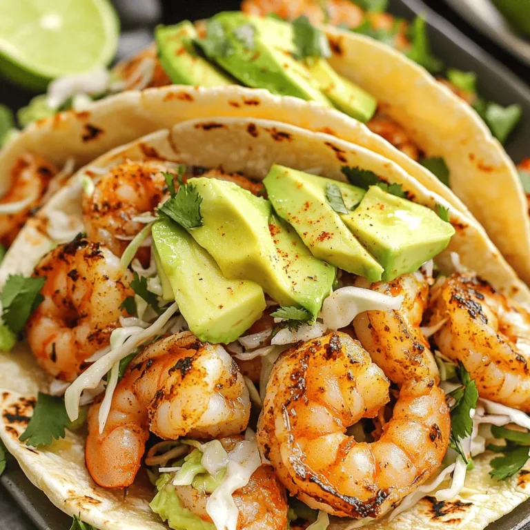 - 1 pound large shrimp, peeled and deveined - 4 cloves of garlic, finely minced - 2 tablespoons extra virgin olive oil - 1 teaspoon smoked paprika - 1 teaspoon cayenne pepper (or adjust to spice preference) - 1 teaspoon ground cumin - Juice of 1 fresh lime - Salt and freshly ground black pepper to taste - 8 small corn tortillas - 1 ripe avocado, sliced into thin wedges - 1 cup green cabbage, finely shredded - Fresh cilantro leaves, for garnish - Lime wedges, for serving For these spicy garlic shrimp tacos, you need fresh and simple ingredients. Start with one pound of large shrimp. Make sure they are peeled and deveined for ease. You will also need four cloves of garlic. Mince them finely to release their flavor. Use two tablespoons of extra virgin olive oil for cooking. This oil adds richness to the shrimp. Then, grab some spices. You will need one teaspoon of smoked paprika and one teaspoon of ground cumin. These spices bring warmth and depth. If you love spice, add one teaspoon of cayenne pepper. You can adjust this based on your taste. Next, squeeze the juice from one fresh lime. This adds a zesty kick. Don’t forget salt and black pepper to taste. For the tacos, use eight small corn tortillas. They hold everything together perfectly. Add one ripe avocado, sliced into thin wedges. This will provide creaminess to your tacos. You also need one cup of finely shredded green cabbage. It adds crunch and freshness. Finally, garnish your tacos with fresh cilantro leaves. Serve lime wedges on the side for that extra burst of flavor. Each ingredient plays a key role in making your spicy garlic shrimp tacos both vibrant and delicious. - In a medium bowl, add 1 pound of shrimp. - Add 4 cloves of minced garlic. - Pour in 2 tablespoons of olive oil. - Sprinkle in 1 teaspoon of smoked paprika. - Add 1 teaspoon of cayenne pepper for spice. - Mix in 1 teaspoon of ground cumin. - Squeeze the juice of 1 lime over the shrimp. - Season with salt and black pepper. - Stir well to coat the shrimp. - Let the shrimp marinate for at least 15 minutes. Marinating allows the shrimp to soak up all the great flavors. The longer you let it sit, the more taste it gets. - Heat a large skillet over medium-high heat. - Carefully add the marinated shrimp in a single layer. - Cook the shrimp for 2-3 minutes on each side. - Look for the shrimp to turn pink and opaque. - Once cooked, take them off the heat. Cooking shrimp is quick. You want them to be just right, so keep an eye on them. - Take another skillet or grill. - Warm 8 small corn tortillas for about 30 seconds on each side. - Make sure they are soft and pliable. Warming the tortillas helps bring out their flavor. Soft tortillas make the tacos so much better. - Place a few shrimp in each tortilla. - Add several slices of ripe avocado. - Top with a generous amount of shredded cabbage. - Garnish with fresh cilantro leaves. - Serve with lime wedges on the side. Layering the shrimp, avocado, and cabbage makes the tacos fun and tasty. The lime adds a zesty kick that everyone loves. To make your spicy garlic shrimp tacos even better, try these ideas: - Add a pinch of chili powder for more heat. - Mix in some fresh lime zest for a bright flavor. - Use fresh herbs like parsley or dill for a twist. - Try different tortillas like flour or spinach for variety. Cooking shrimp can be tricky. Here are my best tips: - Make sure your skillet is hot before adding shrimp. This helps them cook evenly. - Don’t crowd the shrimp in the pan. Cook them in batches if needed. - Cook shrimp just until they turn pink. Overcooking makes them tough. - For a smoky flavor, consider grilling the shrimp. Make your tacos stand out with these fun tips: - Use a colorful platter to display your tacos. - Stack tacos in a taco holder for a nice touch. - Add extra lime wedges around the platter for color. - Sprinkle fresh cilantro over the top to make it pop. These ideas will help you create a meal that looks as good as it tastes! {{image_4}} You can swap shrimp for other proteins. Fish like tilapia or cod works well. Chicken is another great choice. Simply grill or sauté it with the same spices. If you want a plant-based option, use tofu. Just press it well, then marinate and cook like shrimp. Each protein adds its own twist to the flavor. Want to change the heat? You can easily adjust the cayenne pepper. Use less for a milder flavor. If you love spice, add more. You can also use fresh jalapeños or hot sauce for extra kick. Experiment with different spices like chipotle to find your perfect balance. Toppings can make your tacos special. Try adding fresh salsa for a zesty kick. Cheese lovers can sprinkle on some crumbled feta or cotija. A dollop of sour cream adds creaminess and cools the spice. You can also add pickled onions for a tangy crunch. Get creative with your toppings to match your taste! To keep your spicy garlic shrimp tacos fresh, store leftovers properly. First, separate the shrimp from the tortillas and toppings. Use airtight containers for best results. Place the shrimp in one container. Store the tortillas in another. You can keep these in the fridge for up to three days. Make sure the shrimp cool down before sealing the container. This helps prevent any moisture buildup. When it’s time to enjoy your leftovers, reheating is key. For the shrimp, heat a skillet on medium heat. Add a splash of olive oil to keep them moist. Cook for about two minutes until warmed through. Avoid cooking too long, or the shrimp can become tough. For the tortillas, warm them on a dry skillet for about 15 seconds on each side. This keeps them soft and tasty. If you want to save your shrimp tacos for later, freezing is a great option. Cooked shrimp can freeze well for up to three months. Place the shrimp in a freezer-safe bag. Remove as much air as possible before sealing. The tortillas can also be frozen. Just stack them with parchment paper in between to prevent sticking. When ready to eat, thaw overnight in the fridge before reheating. This keeps everything fresh and flavorful. To tell if shrimp are done, look for a few key signs. Cooked shrimp turn pink and opaque. They curl into a C shape, which means they are ready. If they stay straight or look gray, they need more time. Also, check the internal temperature. It should reach 120°F. For perfect tacos, don't overcook the shrimp. They should be tender and juicy, not rubbery. Yes, you can prep ingredients in advance. Marinate the shrimp a few hours before cooking. This way, the flavors soak in deeply. You can also shred the cabbage and slice the avocado ahead of time. Just keep the avocado in lemon juice to prevent browning. Warm the tortillas right before serving for the best taste. This makes for quick assembly when it's time to eat. Several sides complement spicy garlic shrimp tacos well. Consider serving black beans for protein and fiber. A fresh corn salad adds sweetness and crunch. You might also enjoy a simple green salad with lime vinaigrette. For a zesty touch, serve pickled red onions on the side. These sides enhance the meal and provide a variety of flavors. You now have a great recipe for spicy garlic shrimp tacos. We covered each step, from marinating the shrimp to assembling the tacos. You learned tips for flavor, cooking shrimp, and creative presentations. Variations allow you to experiment with different proteins and toppings. Feel free to store and reheat leftovers safely, or freeze them for another time. Enjoy crafting these delicious tacos and impress your friends and family with your new skills!