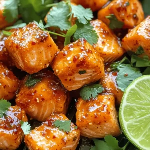 - 1 lb fresh salmon fillet - 1/4 cup sweet chili sauce - 1 tablespoon low-sodium soy sauce - 1 tablespoon freshly squeezed lime juice - 1 teaspoon garlic powder - 1 teaspoon ground ginger - 1 tablespoon toasted sesame oil - 2 tablespoons cornstarch - Fresh cilantro leaves for garnish - Lime wedges for serving Gathering the right ingredients is key to making these sweet chili salmon bites. Start with a fresh salmon fillet. I prefer wild-caught salmon for its taste and texture. The sweet chili sauce brings a nice balance of heat and sweetness. Low-sodium soy sauce adds depth without too much salt. For a bright touch, use freshly squeezed lime juice. It enhances the flavors and adds freshness. Garlic powder and ground ginger give the marinade a warm kick. Finally, toasted sesame oil gives a nutty flavor. Cornstarch helps achieve that crispy texture we all love. Garnish with fresh cilantro leaves and serve with lime wedges for that extra zest. These ingredients make every bite delightful! To start, gather your ingredients. In a medium bowl, combine: - 1/4 cup sweet chili sauce - 1 tablespoon low-sodium soy sauce - 1 tablespoon freshly squeezed lime juice - 1 teaspoon garlic powder - 1 teaspoon ground ginger - 1 tablespoon toasted sesame oil Stir well until blended. You want all flavors to mix nicely. This marinade will add great taste to your salmon. Next, take your salmon fillet. Cut it into bite-sized cubes. Gently coat the salmon cubes in the marinade. Make sure each piece gets covered. Cover the bowl and let it sit for at least 15 minutes. This time allows the salmon to soak up those vibrant flavors. Now, preheat your air fryer to 400°F (200°C). This step is key for great cooking. It takes about 3-5 minutes. Once preheated, arrange the salmon bites in a single layer in the basket. Avoid crowding the basket to ensure even cooking. Cook the salmon bites for 8-10 minutes. Flip them halfway through for uniform crispiness. The bites will be tender inside and crispy outside. Enjoy the aroma as they cook! Cornstarch plays a big role in getting that crispy bite. It helps the outside of the salmon get nice and crunchy. When you coat each piece, make sure to cover it evenly. This step is key for the best texture. Avoid overcrowding the air fryer basket. If you pile too many salmon bites in, they won’t cook well. The hot air needs space to circulate. Cook in batches if you need to. This way, every piece gets crispy and delicious. To boost the flavor, add spices or herbs to your marinade. Consider red pepper flakes for heat or fresh ginger for brightness. You can also try fresh herbs like basil or thyme for a different twist. For the best flavor, let the salmon marinate for at least 15 minutes. If you have time, an hour is even better. The longer the salmon sits, the more it soaks up the tasty marinade. Pair your salmon bites with sides that complement their flavor. Fresh veggies like a crisp salad or steamed broccoli work well. Rice or quinoa can also balance the meal nicely. For an appealing platter, arrange the salmon bites neatly. Sprinkle extra cilantro on top for a pop of color. Add lime wedges on the side. This lets everyone squeeze fresh juice over their bites right before eating. It adds a zesty kick that everyone will love. {{image_4}} You can change the sweet chili sauce. Try teriyaki sauce for a rich flavor. Honey garlic sauce adds a sweet touch too. If you like heat, add sriracha or chili flakes. They will give your salmon bites a spicy kick. Just adjust the amount based on your taste. If you want to switch proteins, chicken works great. Cut the chicken into small pieces, just like the salmon. You can also use tofu for a plant-based option. Remember to change the cooking time. Chicken needs about 10-12 minutes, while tofu takes around 8 minutes. You can also bake these bites in the oven. Preheat your oven to 400°F (200°C). Spread the salmon bites on a baking sheet lined with parchment paper. Bake for about 12-15 minutes until cooked through. Another option is grilling. This method adds a smoky flavor. Just make sure to watch them closely so they don't overcook. To keep your salmon bites fresh, store them in an airtight container. Place them in the fridge within two hours of cooking. This helps to keep the flavor and texture intact. They last about three days in the fridge. After that, they might lose their taste and freshness. When you're ready to enjoy your leftovers, the air fryer is the best choice. Set it to 350°F (175°C) and heat the bites for about 5-7 minutes. This method keeps the salmon crispy. Avoid the microwave as it may make the salmon soggy. The air fryer keeps that delicious crunch. Yes, you can freeze cooked salmon bites! To freeze, place them in a single layer on a tray. Freeze until solid, then transfer them to a freezer bag. This method prevents them from sticking together. They can stay in the freezer for up to three months. For thawing, move them to the fridge overnight before reheating. This keeps them tasty and safe to eat. Yes, you can use frozen salmon, but you need to thaw it first. For best results, place the frozen salmon in the fridge overnight. If you're short on time, place it in a sealed bag and submerge it in cold water for about 30 minutes. After thawing, pat the salmon dry with paper towels. This will help the marinade stick better. Follow the same steps as with fresh salmon for marinating and cooking. You can pair these salmon bites with various sides and drinks. Here are some ideas: - Sides: - Steamed rice or jasmine rice - Quinoa or couscous - Mixed green salad with a light vinaigrette - Roasted vegetables like broccoli or asparagus - Drinks: - A crisp white wine like Sauvignon Blanc - Sparkling water with lime - Iced tea or lemonade for a refreshing touch These options will balance the sweet chili flavor and complement the meal nicely. To check if your salmon is done, look for a few visual cues. The salmon should turn opaque and flake easily with a fork. Use a food thermometer for accuracy. The internal temperature should reach 145°F (63°C). If you see the edges becoming crispy and golden brown, that's a good sign too. Always check for doneness to ensure a safe and tasty meal. This blog covered a delicious sweet chili salmon recipe, from ingredients to cooking tips. Fresh salmon, a zesty marinade, and simple steps make this dish easy and tasty. Remember, cornstarch adds crispiness and marinating boosts flavor. You can also switch proteins or sauces for variety. Enjoy your salmon bites and get creative with sides and presentations. Cook, taste, and share this delightful recipe with friends and family. Happy cooking!