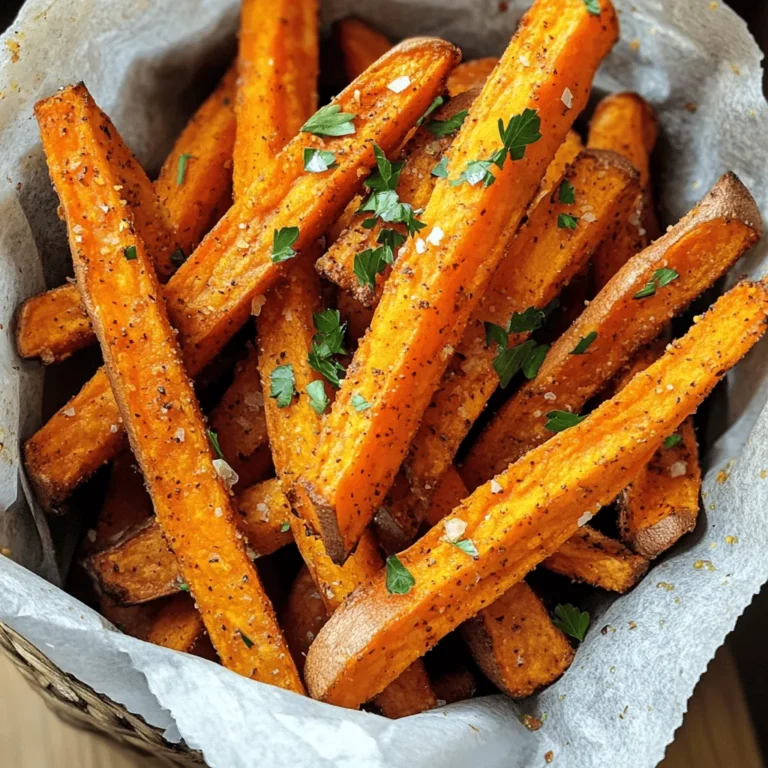 - 2 medium sweet potatoes - 2 tablespoons olive oil - 1 teaspoon paprika - 1 teaspoon garlic powder - ½ teaspoon salt - ½ teaspoon black pepper - ¼ teaspoon cayenne pepper (optional, for heat) - Fresh parsley, chopped (for garnish) To make crispy air fryer sweet potato fries, start with fresh ingredients. I use two medium sweet potatoes. They should be firm and free from blemishes. Next, you need olive oil. It helps the fries crisp up and adds flavor. For seasoning, I suggest a mix of paprika, garlic powder, salt, and black pepper. These add warmth and depth. If you like a little heat, include cayenne pepper. It’s optional but fun! Finally, fresh parsley makes a great garnish. It adds color and a fresh taste to your fries. With these ingredients, you are ready to create a dish that everyone will enjoy. First, peel the sweet potatoes using a simple vegetable peeler. Cut them into fry shapes that are about 1/4 inch thick. This thickness helps them cook evenly. Next, soak the cut fries in a bowl of cold water for 30 minutes. Soaking removes excess starch, which makes the fries crispier when cooked. After soaking, drain the sweet potato fries. Pat them dry with paper towels to get rid of any moisture. This step is key to achieving that perfect crisp. Put the dried fries in a large mixing bowl. Drizzle in the olive oil. Then add paprika, garlic powder, salt, black pepper, and cayenne pepper if you want some heat. Toss gently to coat each fry evenly with the seasoning mix. Preheat your air fryer to 400°F (200°C). Let it heat up for about 5 minutes. Preheating ensures your fries get that nice crisp outside. Remember, cooking in batches is important. Overcrowding the basket can lead to uneven cooking and soggy fries. Place the seasoned sweet potato fries in a single layer in the air fryer basket. Cook them for about 15 to 20 minutes. Make sure to shake the basket halfway through. This action helps the fries cook evenly. They are done when they turn golden brown and crispy. Keep an eye on them to avoid burning. For crispy sweet potato fries, the thickness matters. Cut your fries about 1/4 inch thick. This size helps them cook evenly. Thinner fries turn out crispier, while thicker ones may be softer. Soaking is key, too. Soak the cut fries in cold water for 30 minutes. This step removes excess starch, which helps achieve that crispy texture. Get creative with your spices! Add extra flavors like cumin, onion powder, or chili powder. You can also adjust for dietary needs. For a low-sodium option, skip the salt or use a salt substitute. If you love heat, increase the cayenne pepper. The choice is yours! Presentation makes a difference. Serve your fries in a rustic basket lined with parchment paper. This adds a casual touch. For dipping, try chipotle mayo or garlic aioli. These sauces complement the fries well and boost the flavor. Enjoy your delicious creation! {{image_4}} You can use different sweet potato varieties to switch things up. Try orange, purple, or white sweet potatoes. Each type has its unique taste and texture. Mixing sweet potatoes with other vegetables adds fun and color. Carrots, zucchini, or even parsnips make great partners. They cook well and provide a variety of flavors. While air frying makes fries crispy, you can also bake them in the oven. To bake, preheat your oven to 425°F (220°C). Spread the fries on a baking sheet and cook for 25-30 minutes. Flip them halfway to ensure even cooking. Traditional frying gives you a different taste. However, it uses more oil and can be messier. Air frying is a cleaner and healthier choice. The seasoning you choose can change everything. Sweet potato fries can be sweet or savory. For sweet flavors, use cinnamon and brown sugar. For a savory twist, stick with garlic powder and paprika. You can also explore global spices. Try cumin for a warm touch or smoked paprika for a hint of smoke. These spices can take your fries to the next level. To keep your fries fresh, store them in an airtight container. Place them in the fridge right after they cool down. This prevents sogginess and keeps the taste great. When you want to eat them, reheating is key. Use the air fryer at 375°F for about 5 to 7 minutes. This will help the fries regain their crispy texture. Flip them halfway through for even heating. If you want to save your fries for later, freezing works well. First, let them cool completely. Then, place them in a single layer on a baking sheet and freeze for about an hour. Once firm, transfer them to a freezer bag. Remove as much air as possible before sealing. To enjoy later, take out the fries and thaw them in the fridge. Reheat in the air fryer at 400°F for 8 to 10 minutes for best results. They will be tasty and crispy, just like fresh! To make your sweet potato fries crispier, follow these tips: - Soak the fries: Soak cut fries in cold water for 30 minutes. This removes excess starch. - Dry well: After soaking, drain and pat the fries dry. Moisture prevents crispiness. - Cut evenly: Aim for uniform fry shapes around 1/4 inch thick. This ensures even cooking. - Use enough oil: Coat the fries with olive oil. It helps them crisp up nicely. - Do not overcrowd: Air fry in batches. This allows hot air to circulate for better crisping. Yes, you can use other potatoes! Here are some great options: - Russet potatoes: These are classic for fries and yield a crispy texture. - Yukon Gold: They have a buttery flavor and work well in the air fryer. - Purple sweet potatoes: For a fun twist, try these. They add color and taste. Experiment with different types to find your favorite! Sweet potato fries pair well with many tasty sauces. Here are some favorites: - Chipotle mayo: This sauce adds a smoky kick. - Garlic aioli: Creamy and rich, it complements the fries perfectly. - Honey mustard: This sweet and tangy sauce adds great flavor. - Ketchup: A classic choice that never disappoints! Feel free to mix and match to find your ideal dip! In this post, I shared how to make delicious sweet potato fries. You learned about the best ingredients, prep steps, and cooking methods. I also gave tips on achieving crispiness and storing leftovers. Sweet potato fries are fun to make and full of flavor. You can try different spices and serving ideas to match your taste. Enjoy your cooking, and explore the many ways to enjoy these tasty fries!