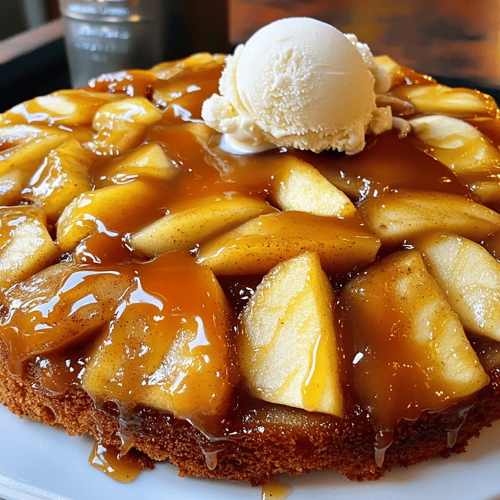 To make this delicious cake, gather these main ingredients: - 3 medium apples, peeled, cored, and sliced into thin wedges - 1 cup packed brown sugar - 4 tablespoons unsalted butter, plus extra for greasing - 1 teaspoon ground cinnamon - 1 ½ cups all-purpose flour - 1 teaspoon baking powder - ½ teaspoon baking soda - ½ teaspoon fine salt - ½ cup granulated sugar - 2 large eggs, at room temperature - ½ cup buttermilk, at room temperature - 1 teaspoon pure vanilla extract These ingredients combine to create a rich, flavorful cake. The apples bring sweetness, while the brown sugar adds a deep caramel taste. You will need some basic tools to make this cake: - 9-inch round cake pan - Small saucepan - Large mixing bowls - Whisk - Electric mixer - Spatula - Knife These tools help you mix, bake, and serve your cake with ease. Make sure your cake pan is non-stick, or grease it well to avoid any sticking. To make your cake even more special, consider these garnishes: - A scoop of creamy vanilla ice cream - Fresh apple slices - A sprinkle of cinnamon - Extra caramel sauce These toppings enhance the look and taste of your cake. They add a fun touch that everyone will enjoy. First, set your oven to 350°F (175°C). Take a 9-inch round cake pan and grease it well with butter. This step helps the cake come out easily after baking. In a small saucepan, melt 4 tablespoons of unsalted butter over medium heat. Add in 1 cup of packed brown sugar and 1 teaspoon of ground cinnamon. Stir until the sugar dissolves and bubbles form. Pour the warm caramel into the greased cake pan and spread it evenly. Next, take 3 medium apples and slice them into thin wedges. Arrange these apple slices over the caramel layer in a pretty pattern. Overlapping the slices a bit makes it look even nicer. In a large bowl, mix 1 ½ cups of all-purpose flour, 1 teaspoon of baking powder, ½ teaspoon of baking soda, and ½ teaspoon of fine salt. In another bowl, beat ½ cup of granulated sugar and 2 large eggs together until light and fluffy. Add in ½ cup of room temperature buttermilk and 1 teaspoon of pure vanilla extract. Mix until smooth. Gradually add the dry mix to the wet mix, stirring gently. Pour the cake batter over the apples in the pan. Make sure it covers them well. Bake the cake for 35–40 minutes. Check if it’s done by inserting a toothpick into the center. It should come out clean or with a few moist crumbs. Once baked, let the cake cool in the pan for 10 minutes. Use a knife to loosen the edges. Carefully turn the cake onto a serving plate, keeping in mind that the caramel will be hot! Allow the cake to cool for another 10 minutes before slicing and serving. To get the right caramel texture, use medium heat. Melt the butter slowly. Mix in the brown sugar and cinnamon. Stir until it bubbles gently. Avoid rushing this step. If the caramel is too thin, it won’t hold the apples well. If it’s too thick, it may burn. Look for a nice, smooth mixture. To keep the cake moist, use room temperature ingredients. Room temperature eggs and buttermilk mix better. Overmixing can lead to a dry cake, so stir gently. A few lumps in the batter are okay. Also, bake the cake just until a toothpick comes out clean. Checking early helps prevent overbaking. This cake is best served warm. Pair it with a scoop of vanilla ice cream. Drizzle extra caramel sauce on top for a treat. You can also add fresh apple slices or a sprinkle of cinnamon. This adds a nice touch to your plate. Enjoy it with family and friends for a delightful dessert. {{image_4}} You can add nuts or dried fruits to your cake for extra flavor. Chopped walnuts or pecans work well. They add a nice crunch. Dried cranberries or raisins can also enhance the sweetness. Just mix them into the batter before pouring it over the apples. This step gives the cake a unique twist. Using different types of apples can change the taste. Tart apples like Granny Smith offer a sharp flavor. Sweet apples like Fuji or Honeycrisp add more sweetness. You can mix and match the apples for a balanced taste. Each apple type brings its own charm to this cake. To make a gluten-free version, swap the all-purpose flour. Use a gluten-free flour blend instead. Ensure the blend contains xanthan gum for proper texture. This option allows more people to enjoy the cake. You won’t lose any flavor, and the cake will still be delicious! To keep your leftover cake fresh, place it in an airtight container. You can also cover it tightly with plastic wrap. Store it at room temperature for up to three days. If you want it to last longer, refrigerate it. Just remember, the cake might dry out a bit in the fridge. When you’re ready to enjoy your cake again, preheat your oven to 350°F (175°C). Place a slice of cake on a baking sheet. Heat it for about 10 minutes. This warms the cake and makes the caramel nice and gooey again. You can also use the microwave. Heat it for about 15-20 seconds, but watch it closely. If you have extra cake, you can freeze it. First, let the cake cool completely. Then, wrap it tightly in plastic wrap. After that, place it in a freezer-safe bag or container. It can last in the freezer for up to three months. When you’re ready to eat it, thaw it in the fridge overnight. Enjoy your tasty treat! Yes, you can use other fruits. Pears, peaches, or plums work well. Just slice them thinly and arrange them like the apples. This adds a new twist to your cake. Check the cake at 35 minutes. Insert a toothpick in the center. If it comes out clean or with a few moist crumbs, it's done. If not, bake for a few more minutes. You can mix milk with vinegar or lemon juice. Use 1 cup of milk and 1 tablespoon of vinegar. Let it sit for 5 minutes. This creates a buttermilk-like texture. The cake lasts about 2 to 3 days at room temperature. Store it in an airtight container to keep it fresh. Avoid direct sunlight to prevent drying out. Absolutely! You can bake the cake a day ahead. Just wrap it well in plastic wrap. When ready to serve, warm it up in the oven for a few minutes. In this blog post, we explored how to make a delicious Caramel Apple Upside Down Cake. We covered key ingredients, the best tools, and optional garnishes. The step-by-step instructions guided you through each part, from making the caramel to baking the cake. I shared tips for a perfect texture and moist cake. You also learned tasty variations and smart storage methods. Now, you can impress your friends and family with this sweet treat. Dive into your kitchen and enjoy making this cake!