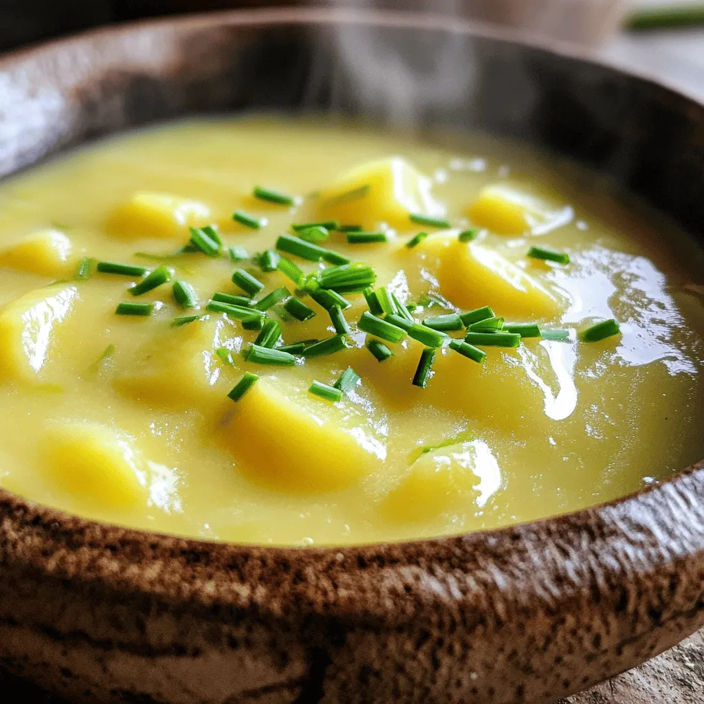 - 3 large leeks (white and light green parts only), thoroughly cleaned and sliced - 4 medium potatoes, peeled and cut into small cubes - 1 medium onion, finely diced - 3 cloves garlic, minced - 4 cups vegetable broth - 1 cup heavy cream or coconut cream - 2 tablespoons olive oil - Salt and pepper to taste - Fresh chives, finely chopped (for garnish) Leeks give the soup a gentle, sweet flavor. Use only the white and light green parts. Choose starchy potatoes, like Russets, for a creamy texture. Heavy cream adds richness, but coconut cream works well for a dairy-free version. Fresh chives add color and a mild onion flavor when sprinkled on top. If you don't have leeks, try onions or shallots. Instead of potatoes, parsnips or cauliflower can add a unique twist. For broth, chicken broth can work if you are not vegan. You can also swap heavy cream for any milk, but it may change the soup's creaminess. To start, gather all your ingredients. You will need three leeks, four potatoes, one onion, and three cloves of garlic. Clean the leeks well. Use only the white and light green parts. Peel the potatoes and cut them into small cubes. Finely dice the onion and mince the garlic. In a large pot, heat two tablespoons of olive oil over medium heat. Once the oil is hot, add the diced onion and sliced leeks. Sauté them for about five minutes until they soften. The smell will be amazing! Next, add the minced garlic and cook for one more minute. Now, it is time to add the diced potatoes and pour in four cups of vegetable broth. Increase the heat to bring it to a gentle boil. After that, lower the heat and cover the pot. Let it simmer for about 20 minutes, or until the potatoes are fork-tender. Once the potatoes are soft, use an immersion blender to blend the soup until smooth. If you do not have one, you can use a traditional blender. Just let the soup cool a little before blending. After blending, return the soup to low heat. Stir in one cup of heavy cream or coconut cream. Season with salt and pepper to taste. Allow it to warm for an extra five minutes. Finally, serve the soup hot and garnish with finely chopped fresh chives on top! To get a smooth, creamy soup, blend it well. Use an immersion blender for ease. If you prefer a thicker soup, add less broth. If you want it lighter, add more cream. Remember to blend while the soup is warm. This helps create that rich texture we love. Add fresh herbs like thyme or rosemary for a pop of flavor. A squeeze of lemon juice brightens the soup nicely. You can also mix in some roasted garlic for extra depth. For a cheesy vibe, stir in grated cheese right before serving. Each of these will make your soup taste even better. Don't rush the cooking time. If the potatoes aren't soft, the soup won't blend well. Avoid using too much broth at first. You can always add more later. Lastly, taste your soup before serving. Adjust salt and pepper to get the best flavor. These tips will help you create a perfect creamy potato leek soup. {{image_4}} To make a dairy-free creamy potato leek soup, swap heavy cream for coconut cream. This gives the soup a rich, creamy feel without dairy. You can also use almond or cashew cream for a lighter touch. Both options will keep the soup smooth and flavorful. You can boost the soup's nutrition by adding more vegetables. Try adding chopped carrots or celery with the leeks. You can also stir in some fresh spinach or kale near the end of cooking. These additions bring color and extra vitamins to your dish. If you like heat, add a pinch of red pepper flakes when you sauté the onions and leeks. You can also mix in some diced jalapeños or a spoonful of hot sauce for a kick. If you want a smoky flavor, add smoked paprika. These spicy twists make your cozy soup even more exciting. Store your creamy potato leek soup in an airtight container. Make sure it cools down first. Place it in the fridge if you plan to eat it within three days. If you need it for longer, freezing is a great option. To reheat, pour the soup into a pot. Heat it on low to medium heat. Stir it often so it warms evenly. If the soup thickens, add a splash of broth or cream. You can also use the microwave. Heat in short bursts, stirring in between. For freezing, let the soup cool completely. Pour it into freezer-safe bags or containers. Leave some space at the top for expansion. Label each bag with the date. It stays good for about three months. When ready, thaw it overnight in the fridge before reheating. Yes, you can use other types of potatoes. Russets, Yukon Golds, or even red potatoes work well. Each type brings a unique flavor and texture. Russets make the soup extra creamy. Yukon Golds add a buttery taste. Just remember to peel and cube them before use. To make it vegan, swap out the heavy cream for coconut cream or another plant milk. Almond or cashew milk can also work. Use vegetable broth, which is already vegan-friendly. This way, you keep the soup rich and creamy without any dairy. This soup pairs well with crusty bread or a fresh salad. A simple green salad adds crunch and freshness. You can also enjoy it with a grilled cheese sandwich for a cozy meal. For a twist, top the soup with croutons or crispy onions. This blog post covered the key ingredients needed for creamy potato leek soup, along with guidance on preparation, cooking, and blending. I shared helpful tips for texture and flavor, while also noting common mistakes. We explored variations like dairy-free and vegetarian options. Finally, you learned about storage, reheating, and freezing. Making this soup is easy and rewarding. Remember, you can customize it to your taste. Enjoy your cooking adventure!