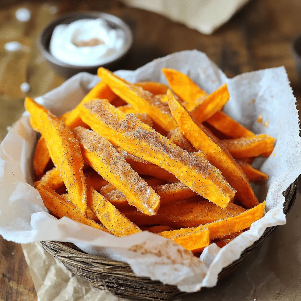 - 2 large sweet potatoes - 2 tablespoons extra virgin olive oil - 1 tablespoon granulated sugar - 1 teaspoon ground cinnamon - 1/2 teaspoon fine sea salt Sweet potatoes are the star of this dish. They offer a natural sweetness and a vibrant color. Olive oil helps the fries crisp up in the oven. Granulated sugar and ground cinnamon create that sweet, warm flavor we crave. Sea salt enhances all the tastes and balances the sweetness. - Pinch of cayenne pepper for added heat - Dipping options like Greek yogurt or honey If you want a kick, add a pinch of cayenne pepper. It gives the fries a fun twist. Dipping options like Greek yogurt or honey make great pairings. They add creaminess or extra sweetness, making each bite even better. 1. Preheat your oven to 425°F (220°C). This step helps the fries cook evenly. 2. Prepare the baking sheet by lining it with parchment paper. This makes cleanup quick and easy. 1. Coat the sweet potatoes with olive oil. Place the sliced fries in a large bowl. Drizzle 2 tablespoons of olive oil over them. Use your hands or a spatula to mix until all fries are covered. 2. Combine the cinnamon-sugar seasoning. In a small bowl, mix 1 tablespoon of granulated sugar, 1 teaspoon of ground cinnamon, and 1/2 teaspoon of fine sea salt. If you like a kick, add a pinch of cayenne pepper. Stir until well blended. 1. Arrange the fries on the baking sheet. Spread the oiled sweet potato fries in a single layer. Make sure not to crowd them for the best crispiness. 2. Baking time and flipping. Place the baking sheet in the oven. Bake for 25-30 minutes. Halfway through, flip the fries with a spatula for even cooking. Bake until they are golden brown and crispy. To get crispy sweet potato fries, you must avoid overcrowding on the baking sheet. If you pile them up, they will steam instead of crisp. Spread them out in a single layer. This allows hot air to circulate and turn them golden. Flipping the fries halfway through baking is also key. This action ensures both sides cook evenly. Use a spatula to turn them gently. This helps them brown and become crunchy. You can adjust sweetness by changing sugar levels. If you like it sweeter, add more sugar. For less sweetness, reduce the amount. Experimenting with spices can open new flavor doors. Try adding nutmeg or a dash of vanilla. You can also mix in a pinch of cayenne pepper for a spicy kick. These small tweaks can create a unique treat every time. {{image_4}} You can change up the flavor of your sweet potato fries. Adding spices like nutmeg or vanilla can give them a new twist. Nutmeg adds warmth, while vanilla brings out the sweetness. Both can enhance the cinnamon flavor. Try using alternative sweeteners, too. Instead of granulated sugar, you could use honey or maple syrup. They will still add sweetness and taste great. These sweet potato fries can fit many diets. They are naturally vegan and gluten-free. To make lower-calorie options, use less olive oil or a cooking spray. You can also bake them longer for crispiness, which can help cut calories. Enjoy these fries in a way that suits your needs! To keep your cinnamon sugar sweet potato fries fresh, use an airtight container. Glass containers work well, but plastic ones are fine too. Store the fries in the fridge for up to three days. After this time, they may lose their flavor and texture. To enjoy your fries again, reheating them properly is key. Use an oven or air fryer to keep them crispy. Preheat your oven to 400°F (200°C) and spread the fries on a baking sheet. Bake for about 10 minutes. If you prefer an air fryer, set it to 350°F (175°C) for about 5-7 minutes. Avoid the microwave, as it can make the fries soggy. To keep them crispy, do not cover them while reheating. To cut sweet potatoes for fries, start by peeling them. Then, slice each sweet potato into thin strips. Aim for about 1/4 inch thick. This size helps them cook evenly and become crispy. Make sure each piece is similar in size for the best results. Yes, you can use other types of potatoes. Russet potatoes and Yukon Gold potatoes work well. Each type offers a different flavor and texture. Sweet potatoes provide a subtle sweetness, while other potatoes give a more savory taste. Serve cinnamon sugar sweet potato fries in a cone or a basket. This makes them look fun and inviting. For dipping, try creamy Greek yogurt or a drizzle of honey. This adds a nice touch and enhances the sweet flavor. To make sweet potato fries healthier, use less oil. You can also bake them instead of frying. Try air frying for a crispy result with less fat. Adding spices like paprika or garlic powder can boost flavor without extra calories. You can prepare sweet potato fries ahead of time. Cut and season them, then store in the fridge for a few hours. Keep them in an airtight container. When ready, bake them for a fresh taste. This keeps them crispy and delicious. In this blog post, we explored how to make delicious sweet potato fries. We covered key ingredients, from sweet potatoes to spices, and detailed each step of the preparation and baking process. I shared tips for achieving the perfect crispiness and suggested fun flavor variations. Lastly, we discussed storage and reheating strategies. These fries are not just tasty; they can fit different diets, too. Enjoy experimenting with them for a healthy snack that everyone will love!