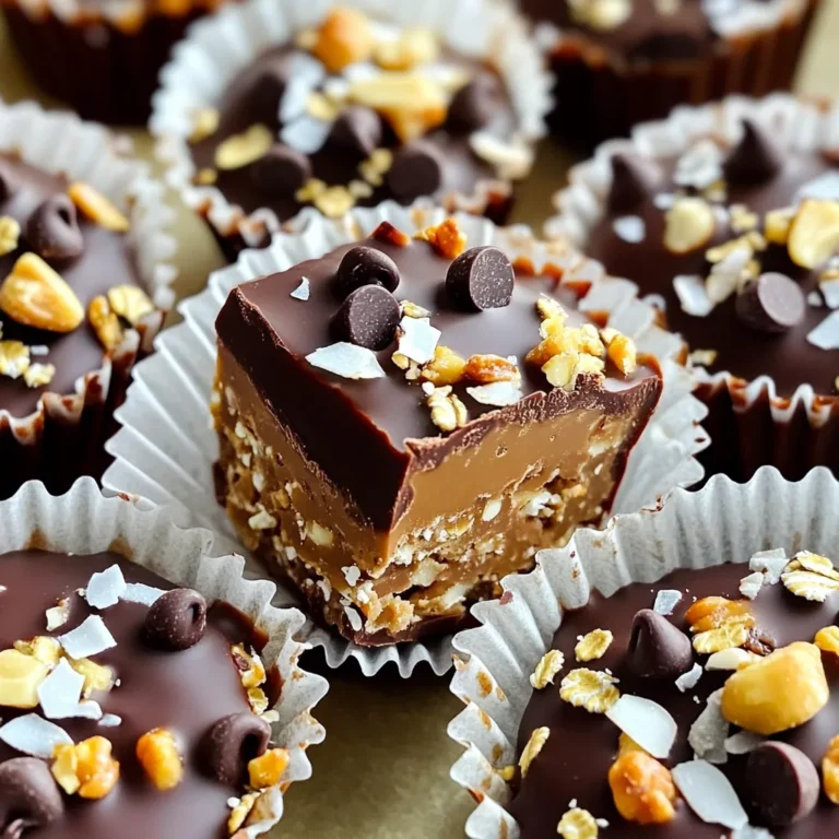 To make these tasty chocolate peanut butter oat cups, gather these simple ingredients: - 1 cup rolled oats - 1/2 cup creamy peanut butter - 1/4 cup honey or maple syrup - 1/3 cup unsweetened cocoa powder - 1/4 cup chocolate chips (dark or semi-sweet) - 1/2 teaspoon vanilla extract - A pinch of salt You can easily swap some ingredients. If you want a nut-free option, use sunflower seed butter instead of peanut butter. Maple syrup works well if you prefer a vegan sweetener. If you lack cocoa powder, try carob powder for a different taste. For a more indulgent treat, use white chocolate chips instead of dark or semi-sweet ones. Adding toppings can make these cups even better. Here are some tasty options: - Crushed nuts like almonds or walnuts - Shredded coconut for a tropical twist - Extra chocolate chips for more sweetness - A sprinkle of sea salt to enhance flavor Feel free to mix and match these toppings to create your perfect chocolate peanut butter oat cups. First, grab a large mixing bowl. Add 1 cup of rolled oats, 1/3 cup of unsweetened cocoa powder, and a pinch of salt. Stir them well until they blend nicely. This step is key for a rich chocolate flavor. Next, take a microwave-safe bowl. Combine 1/2 cup of creamy peanut butter and 1/4 cup of honey or maple syrup. Heat it in the microwave for about 20 to 30 seconds. Make sure it’s warm and easy to mix, but don’t let it get too hot. Now, pour the warm peanut butter mixture into the bowl with the dry ingredients. Add 1/2 teaspoon of vanilla extract. Mix everything together until you have a sticky dough. Then, gently fold in 1/4 cup of chocolate chips. This will make your oat cups extra tasty. - Pressing into the Muffin Tin Prepare a muffin tin by lining it with paper liners or greasing it lightly. Use a spoon or your hands to pack the mixture firmly into each muffin cup. Fill them to the top and press down well. This helps the cups hold their shape. - Chilling Process Place the muffin tin into the fridge. Let it chill for about 30 minutes. This helps the oat cups firm up. After chilling, remove the cups. If they stick, run a small knife around the edges to loosen them. Enjoy your homemade treats! When mixing your dry ingredients, make sure to stir gently. This helps to blend everything well. Use a large bowl to give yourself room to mix without spilling. Mixing dry items first helps to prevent clumps. It also ensures an even flavor in each bite. To get the right texture, warm your peanut butter and honey mixture just enough. Heat it for 20 to 30 seconds. This makes it easier to stir and combine with the oats. When mixing, aim for a sticky dough. If it feels too dry, add a touch more peanut butter. Once your oat cups chill, they will firm up nicely. If you find them sticking, use a small knife. Gently run it around the edges of each cup. This helps loosen them. For easier removal, you can also line your muffin tin with paper liners. This way, you can peel them off without a struggle. {{image_4}} You can easily swap peanut butter for other nut butters. Almond butter and cashew butter work well. Each nut butter brings its own taste. Almond butter adds a nutty flavor, while cashew butter is creamy and mild. You should try these options for a fun twist. Just use the same amount as the peanut butter. If you want less sugar, use other sweeteners. Agave syrup or coconut sugar are great choices. You can also use stevia or monk fruit sweetener for a low-calorie option. Keep in mind that some sweeteners are sweeter than honey. Adjust the amount to taste. This way, you can enjoy your oat cups without too much sugar. You can spice things up with flavor add-ins. Try adding a dash of cinnamon for warmth. A bit of nutmeg can give a cozy touch too. You might also add a few drops of almond or orange extract. These add unique flavors and make the cups even more special. Get creative and find your perfect mix! To keep your chocolate peanut butter oat cups fresh, store them in an airtight container. This helps prevent them from drying out. You can place a piece of parchment paper between layers if stacking is required. The cooler and darker your storage area, the better. The fridge works best. These oat cups can stay fresh for up to one week in the fridge. To check freshness, look for any changes in texture or smell. If they feel sticky or have an off odor, it’s best to toss them. Always use clean utensils when serving to avoid contamination. You can freeze these oat cups for longer storage. Wrap each cup tightly in plastic wrap or aluminum foil. Place them in a freezer-safe bag or container. They can last for about three months in the freezer. To enjoy, thaw them in the fridge overnight before eating. Yes, you can use quick oats. They will work well in this recipe. Quick oats may make the oat cups a bit softer. Rolled oats give a chewier texture, which many people enjoy. If you prefer a softer cup, feel free to swap them in. Just keep an eye on the mixing to avoid overworking the oats. To make these oat cups vegan, swap honey for maple syrup. Use a plant-based chocolate, like dairy-free chocolate chips. Make sure to check the labels for any animal products. You can also use a nut or seed butter that fits your diet. This way, you can still enjoy the rich taste without any animal ingredients. These oat cups are great on their own but pair well with fresh fruit. Slices of banana or strawberries add a nice touch. You can also enjoy them with a dollop of yogurt for added creaminess. If you like a crunch, serve with nuts or granola on the side. - How to adjust the sweetness level? To adjust the sweetness, add more or less honey or maple syrup. Start with the original amount, then taste the mixture. If you want more sweetness, add a little at a time. Be careful not to add too much at once, as it can change the texture. - Can I add protein powder to the recipe? Yes, you can add protein powder to the mixture. Start with one to two tablespoons. Mix it in with the dry ingredients for even distribution. This will boost the protein content without altering the flavor much. Just ensure you mix well so it blends smoothly with the other ingredients. You learned about the key ingredients and easy steps to make delicious oat cups. We explored substitutions, optional toppings, and variations for your taste. Tips helped ensure perfect texture and easy removal from muffin tins. Now, you have storage advice to keep your oat cups fresh. Remember, these oat cups are flexible. They can fit your diet and cravings. Enjoy your cooking adventure and savor every bite!