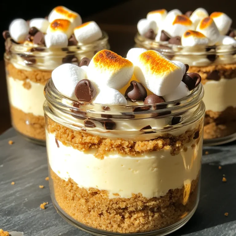 To make your No-Bake S'mores Cheesecake Jars, you need some simple ingredients. Here’s the list you will need: - 1 cup graham cracker crumbs - 4 tablespoons unsalted butter, melted - 1 cup cream cheese, softened at room temperature - 1/2 cup powdered sugar, sifted - 1 teaspoon pure vanilla extract - 1 cup heavy whipping cream, cold - 1 cup mini marshmallows - 1/2 cup semi-sweet or milk chocolate chips - Additional mini marshmallows and chocolate shavings for decoration These ingredients work together to create a delicious treat. The graham cracker crumbs form the crust, while the cream cheese and whipped cream make the filling smooth and rich. The mini marshmallows add a fun texture, and the chocolate chips give a sweet touch. Don't forget the decorations! They make your jars look fancy and inviting. Using these ingredients, you'll impress everyone with your dessert skills. To start, grab a medium mixing bowl. Add the graham cracker crumbs and melted butter. Mix them well with a fork. You want the crumbs to feel like wet sand. This is how you know it is ready. Next, take four jars or small cups. Divide the crumb mixture evenly among them. Press the mixture down firmly with the back of a spoon. This forms a solid base for your cheesecake. Now it’s time to make the filling. In a large mixing bowl, beat the softened cream cheese using an electric mixer. Keep mixing until it’s smooth and creamy. There should be no lumps left. Next, gradually add the sifted powdered sugar while mixing. Then, pour in the vanilla extract. Blend until everything is fully combined and smooth. In a separate chilled bowl, whip the heavy cream. Use an electric mixer until stiff peaks form. This means the cream is ready to fold into the cheesecake mixture. Gently fold in the whipped cream with a spatula. Be careful not to over-mix; you want it to stay fluffy. Now, fold in the mini marshmallows evenly. It’s time to assemble the jars! Spoon the cheesecake filling on top of the crust. Fill each jar about three-quarters full. Then, sprinkle chocolate chips on top. Add another spoonful of cheesecake mixture, smoothing it gently. Cover the jars with lids or plastic wrap and chill them in the refrigerator for at least four hours. This helps the cheesecake set properly. Before serving, add a few extra mini marshmallows on top. Use a kitchen torch to toast them lightly for a golden finish. Finish with a sprinkle of chocolate shavings for a stunning look. To get the best texture for your cheesecake, use room temperature cream cheese. Cold cream cheese can cause lumps in your mix. It’s also key to whip your cream correctly. Start with a cold bowl and cold cream. Whip until stiff peaks form. This helps the filling become light and fluffy. When it comes to decorating your jars, think about fun layers. Use extra mini marshmallows on top for a sweet touch. A kitchen torch can toast them for a golden look. You can also sprinkle chocolate shavings for extra flair. Other toppings like crushed graham crackers or nuts can add texture. Explore these options to make your dessert shine! {{image_4}} You can change the taste of your no-bake s'mores cheesecake jars easily. Adding different types of chocolate can make them more fun. Try dark chocolate for a richer taste or white chocolate for a sweeter flavor. You can also mix in flavored extracts. A hint of almond extract can add warmth. If you love mint, peppermint extract will make it fresh and bright. If you need gluten-free options, use gluten-free graham cracker crumbs for the crust. They work just as well and keep the flavor intact. For a dairy-free version, swap cream cheese with a dairy-free cream cheese. Coconut cream can replace heavy cream for a rich texture. These swaps let everyone enjoy this treat, no matter their diet. To store your No-Bake S’mores Cheesecake Jars, place them in the fridge. Cover each jar with a lid or plastic wrap. This keeps them fresh and stops other smells from getting in. The dessert lasts about 3 to 5 days in the fridge. After that, the texture may change. For the best taste, enjoy them fresh! You can freeze these jars if you want to save some for later. First, make sure the jars are tightly sealed. This prevents ice crystals from forming. To freeze, place the jars in the freezer. They can stay frozen for up to 2 months. When ready to serve, move the jars to the fridge overnight to thaw. Serve them cold, or let them sit at room temperature for about 15 minutes before enjoying. The flavors will be just as good as fresh! Yes, you can. I recommend making the jars a day in advance. This helps the flavors blend well. When you prepare ahead, just store them in the fridge. Cover each jar tightly. This keeps them fresh and tasty. The jars last about 3 to 4 days in the fridge. Keep them covered to maintain freshness. After that, the texture may change. The cheesecake may become too soft or watery. Yes, larger jars work fine! Just remember to adjust your portions. You may need to double the filling. This keeps the same great taste while fitting in larger jars. Enjoy your s'mores cheesecake however you like! In this post, I covered how to make delicious no-bake s'mores cheesecake jars. You learned about the simple ingredients, easy steps for preparation, and expert tips to improve texture and presentation. Remember, you can modify flavors and ingredients to fit your needs. Store the jars properly for freshness, or freeze them for later. With these tips, you can impress anyone with your tasty treats. Enjoy creating your cheesecake desserts!