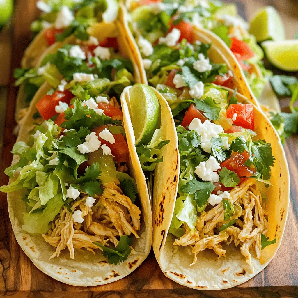 - 1 pound boneless, skinless chicken breasts - 1/4 cup fresh lime juice - 2 tablespoons extra virgin olive oil The main ingredients set the base for your tacos. Boneless chicken breasts are easy to work with. The fresh lime juice adds zest, while olive oil helps keep the chicken moist. - 3 cloves garlic, finely minced - 1 teaspoon ground cumin - 1 teaspoon chili powder - Salt and freshly cracked black pepper The spices give the chicken its bold flavor. Garlic adds depth. Cumin and chili powder bring warmth and heat. Salt and pepper balance everything. You can adjust these spices to fit your taste. - 8 small corn tortillas - 1 cup shredded romaine lettuce - 1 cup ripe tomatoes, diced - 1/2 cup crumbled feta cheese (optional) - Fresh cilantro for garnish - Lime wedges for serving Corn tortillas are traditional and hold the filling well. Shredded lettuce adds crunch. Diced tomatoes bring freshness and color. Feta cheese gives a creamy touch, but you can skip it if you want. Cilantro brightens each bite, and lime wedges add a zesty kick. These ingredients come together to create a flavorful taco experience. - In a large mixing bowl, whisk together: - 1/4 cup fresh lime juice - 2 tablespoons extra virgin olive oil - 3 cloves garlic, finely minced - 1 teaspoon ground cumin - 1 teaspoon chili powder - Salt and freshly cracked black pepper to taste - Add 1 pound of boneless, skinless chicken breasts to the bowl. Make sure the chicken covers all sides in the marinade. Cover the bowl with plastic wrap. Place it in the fridge for 30 minutes to 2 hours. The longer it sits, the better it tastes. - Preheat your grill or skillet over medium-high heat. This step is key for a good sear. - Remove the chicken from the marinade and toss out any leftover liquid. Grill or pan-sear the chicken for around 6-7 minutes on each side. You want it fully cooked. The inside should hit 165°F (75°C). Once done, place the chicken on a plate and let it rest for 5 minutes. This helps keep it juicy. - Grab a dry skillet and warm your corn tortillas over medium heat. Heat them for about 30 seconds on each side. This makes them soft and easy to fold. - To assemble the tacos, take a warm tortilla and place a good amount of shredded chicken in the center. Top it off with shredded romaine lettuce, diced tomatoes, and crumbled feta cheese if you like. Finally, add a handful of fresh cilantro for extra flavor. For the best flavor, marinate your chicken for at least 30 minutes. If you have time, let it sit for up to 2 hours. This will really boost the taste. You can also switch up flavors. Try adding honey for sweetness or sriracha for heat. When cooking, you can grill or pan-sear the chicken. Grilling gives a nice smoky taste. If you pan-sear, use medium-high heat for a good sear. Always check that your chicken reaches 165°F (75°C) inside. This keeps it safe to eat. To enhance your tacos, add toppings like fresh cilantro, diced tomatoes, and romaine lettuce. You can also sprinkle crumbled feta cheese on top for creaminess. For sides, serve with lime wedges and a light drink like iced tea or a margarita. This adds a refreshing touch to your meal. {{image_4}} For those who need gluten-free tortillas, corn tortillas are a great choice. They are soft and tasty, perfect for holding all the fillings. You can find them in most stores. If you want a dairy-free option, simply skip the feta cheese. The tacos will still taste great without it. You can add more herbs or fresh veggies for extra flavor. You can spice things up by adding jalapeños or cayenne pepper to the chicken marinade. This will give your tacos a nice kick. If you like shrimp or tofu, feel free to swap them for chicken. Just marinate and cook them the same way. Both options will taste amazing with the cilantro and lime. To make your tacos even better, consider adding avocado slices or fresh salsa. They add creaminess and brightness to each bite. For side dishes, rice or beans make great choices. They round out the meal and make it more filling. You can also serve some corn on the side for a sweet touch. To store leftover chicken and tacos, place shredded chicken in an airtight container. It will stay fresh for about 3-4 days in the fridge. For tacos, keep the chicken separate from the tortillas and toppings. This keeps everything fresh and tasty. For tortillas, wrap them in a kitchen towel or place them in a sealed bag. This helps them stay soft and prevents them from drying out. When reheating chicken, use a microwave or a skillet. If using a microwave, heat on medium power to avoid drying out the chicken. For the skillet, warm it over medium heat for about 5 minutes. Add a splash of water to keep the chicken moist. For tortillas, heat them in a dry skillet for about 30 seconds on each side. This makes them warm and pliable again, perfect for folding. You can freeze cooked chicken for later use. Place shredded chicken in a freezer-safe bag. Remove as much air as possible to prevent freezer burn. It can last up to 3 months in the freezer. When you’re ready to use it, thaw overnight in the fridge. You can use frozen tortillas too. Just wrap them tightly and store them in the freezer. They can be cooked straight from frozen, making meal prep a breeze. To make your cilantro lime chicken tacos less spicy, you can adjust the seasoning. Here are some tips: - Reduce chili powder: Use less chili powder in the marinade. - Add sweetness: Mix in a bit of honey or sugar to balance heat. - Dairy options: Add sour cream or yogurt to cool down the spice. - Serve with toppings: Use toppings like lettuce and tomatoes to offset some heat. If you follow these tips, you can enjoy the flavors without too much spice. Yes, you can use leftover marinade in several ways. Here are some ideas: - Marinade for vegetables: Toss your favorite veggies in the marinade before grilling or roasting. - Base for salad dressing: Whisk in some olive oil to make a zesty salad dressing. - Flavor for beans: Use it to season canned beans for added taste. - Cooking liquid: Add it to rice or quinoa as a cooking liquid for extra flavor. This way, you reduce waste and add flavor to other dishes. Cilantro lime chicken tacos are great with many side dishes and drinks. Here are some suggestions: - Rice: Serve with cilantro lime rice or Spanish rice for a hearty meal. - Beans: Black beans or refried beans complement the tacos well. - Salad: A fresh salad with lime vinaigrette adds a nice crunch. - Drinks: Pair with a cold beer, margarita, or refreshing iced tea. These options enhance your meal and make it even more enjoyable. You now have a complete guide to making cilantro lime chicken tacos. We covered the key ingredients, marinating tips, and cooking methods. Enjoy the process of assembling your tacos, customizing flavors, and storing leftovers. Don’t forget to try various toppings and sides for extra zest. I hope these tacos bring joy to your table. Happy cooking!