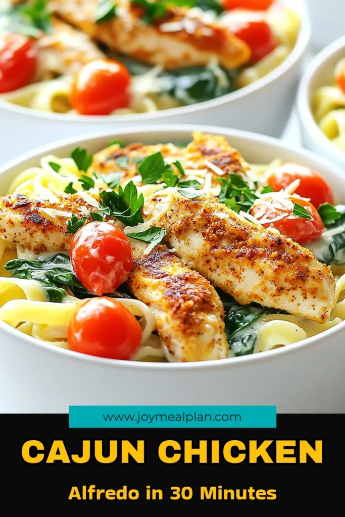 Elevate your dinner game with this Cajun Chicken Alfredo Extravaganza! This rich and creamy pasta dish, packed with seasoned chicken, vibrant spinach, and juicy cherry tomatoes, is ready in just 30 minutes. Perfect for a quick weeknight meal or impressing guests, your taste buds are in for a treat! Click to discover the full recipe and bring the flavors of Cajun cuisine to your table. #CajunChickenAlfredo #PastaRecipes #EasyDinner #FoodieFavorites