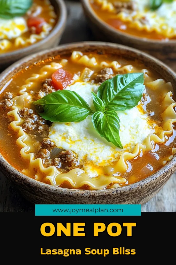 Warm up with this delightful One Pot Lasagna Soup that combines all the flavors of classic lasagna in a cozy, comforting dish! With easy ingredients like ground beef, diced tomatoes, and cheesy goodness, it's perfect for a quick weeknight dinner. Discover how to make this hearty soup in just 30 minutes and impress your family with every delicious bowl. Click now for the full recipe and tips! #OnePotMeals #LasagnaSoup #ComfortFood #EasyRecipes