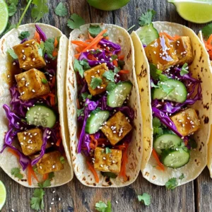 For crispy teriyaki tofu tacos, I recommend using firm tofu. Here's what you need: - 1 block of firm tofu, pressed and drained Pressing the tofu helps remove excess water. This step is crucial for getting that perfect crispy texture. Cut the tofu into bite-sized cubes for even cooking. The sauce gives the tofu its rich flavor. You can use: - 1/4 cup teriyaki sauce (store-bought or homemade) A good teriyaki sauce combines sweet and salty notes. Store-bought options work well, but homemade can add a special touch. Marinate the tofu in the sauce for at least 15 minutes. Using fresh veggies adds crunch and color. Gather these ingredients: - 8 small corn or flour tortillas - 1 cup red cabbage, finely shredded - 1 cup cucumber, julienned - 1/2 cup carrots, grated - Fresh cilantro for garnish - Lime wedges for serving - Sesame seeds for garnish These toppings not only enhance the flavor but also make your tacos look appealing. The fresh crunch balances the crispy tofu perfectly. Enjoy the burst of flavors! Start by cutting the pressed tofu into small cubes. Aim for pieces about one-inch wide. This size helps them cook evenly. Uniform cubes also make for a nice bite in your tacos. Next, place the tofu cubes into a medium bowl. Pour the teriyaki sauce over them. Use a spatula to gently toss the cubes until they are well coated. Let the tofu marinate for at least 15 minutes. Stir occasionally so each piece absorbs the sauce. Now it is time to cook the tofu. Heat vegetable oil in a non-stick skillet over medium-high heat. Once the oil is hot, add the marinated tofu cubes. Cook them for about 8 to 10 minutes. Turn the tofu occasionally to achieve a golden-brown color on all sides. While the tofu cooks, warm your tortillas. You can heat them in a separate skillet for a few seconds on each side. Alternatively, you can microwave the tortillas in a covered dish for about 30 seconds. This makes them soft and easy to fold. After warming the tortillas, lay them out on a clean surface. Spoon a generous amount of crispy teriyaki tofu into the center of each tortilla. Top the tofu with a mix of shredded red cabbage, julienned cucumber, and grated carrots. This adds color and crunch to your tacos. Finally, sprinkle sesame seeds and fresh cilantro on top. Serve your tacos with lime wedges for an extra zesty flavor. To get your tofu nice and crispy, follow these steps: - Press the Tofu: Start by pressing the tofu. This removes excess water. The dryer the tofu, the crispier it will get. - Use Cornstarch: Coat the marinated tofu in cornstarch. This creates a crunchy layer when cooked. - Hot Oil: Make sure your oil is hot before adding the tofu. A hot skillet helps achieve that golden brown color. - Don't Overcrowd: Cook the tofu in batches if needed. Too much tofu at once can steam instead of fry. For the best taste, marinate your tofu well: - Time Matters: Let the tofu soak in teriyaki sauce for at least 15 minutes. Longer marination enhances the flavor. - Stir Often: Gently toss the tofu in the sauce. This ensures all sides get covered evenly. - Add Extra Flavor: Consider adding spices like garlic powder or ginger to the marinade for more depth. These tacos are versatile and pair well with many sides: - Fresh Veggies: Top your tacos with fresh veggies like shredded red cabbage, cucumber, and carrots for a nice crunch. - Squeeze Lime: Always serve lime wedges on the side. A squeeze of lime brightens the flavors. - Side Dishes: Serve with rice, quinoa, or a simple salad for a complete meal. - Garnish Ideas: Add fresh cilantro and sesame seeds for extra taste and visual appeal. By following these tips, you will enhance the flavor and texture of your crispy teriyaki tofu tacos. Enjoy every bite! {{image_4}} You can switch tofu for other proteins. Tempeh is a great option. It has a nutty taste and is very firm. Chickpeas also work well. They add a nice texture and protein boost. You can even use seitan if you want a chewy bite. Just make sure to adjust the cooking time for each protein. Feel free to change up the sauce! Sweet chili sauce gives a nice kick. If you prefer something spicy, try sriracha. BBQ sauce can add a smoky flavor. You can also make a peanut or almond sauce for a nutty twist. Mix and match flavors to find your favorite combo. For a vegan option, this recipe is perfect as is. To make it gluten-free, use tamari instead of soy sauce. Always check labels on sauces. Many teriyaki sauces have gluten. You can also use gluten-free tortillas. This way, everyone can enjoy these tasty tacos! To store leftover crispy teriyaki tofu tacos, first, let them cool. Place the tacos in a container with a lid. If you can, keep the filling separate from the tortillas. This helps the tortillas stay soft. You can store them in the fridge for up to three days. To reheat, I recommend using a skillet. Heat it over medium heat, then add the tacos. Cook for about 2-3 minutes on each side. This keeps the tacos crispy. You can also microwave the filling for about 30 seconds but avoid microwaving the tortillas. For meal prep, you can make the tofu and veggies in advance. Store them in separate containers. When you're ready to eat, just warm everything up. Assemble the tacos fresh, so they stay crunchy. This way, you enjoy a quick, tasty meal on busy days! Yes, you can use extra-firm tofu for this recipe. Extra-firm tofu has less water, which helps it become crispy. Just make sure to press and drain it well before cooking. Many side dishes pair nicely with these tacos. Some great options include: - Mexican rice - Black beans - Corn on the cob - Guacamole - Fresh salsa These sides add color and flavor to your meal. You can store cooked tofu tacos in the fridge for up to three days. Keep them in an airtight container to maintain freshness. Reheat them in a skillet for the best texture. Store-bought teriyaki sauce often contains soy sauce, which has gluten. Look for gluten-free soy sauce or teriyaki sauce made from tamari. This way, you can enjoy your tacos safely. Yes, you can prepare parts of this recipe in advance. Marinate the tofu and chop your veggies ahead of time. When you are ready to serve, cook the tofu and assemble the tacos. This saves time and keeps your meal fresh. Tofu tacos are a simple and tasty dish. We discussed the main ingredients, like crispy tofu, flavorful sauces, and fresh veggies. You learned how to prepare and cook tofu for the best crunch. Tips on marination and serving made this dish even better. These tacos offer many options and can fit your diet. Store leftovers easily and enjoy them later. I hope you’re excited to try this recipe and share it with others!