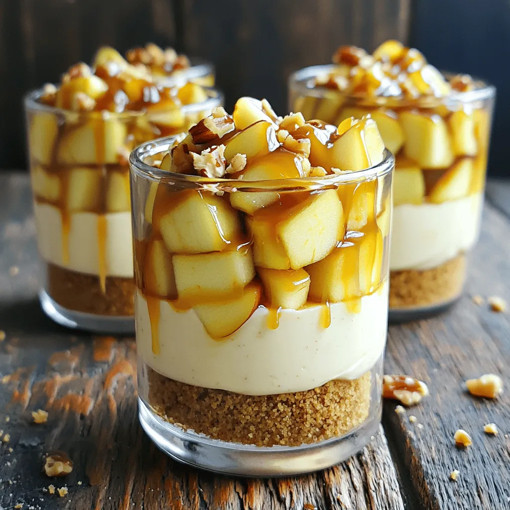 To make No Bake Caramel Apple Cheesecake Cups, you need these ingredients: - 1 cup graham cracker crumbs - 4 tablespoons unsalted butter, melted - 8 oz cream cheese, softened - 1 cup powdered sugar - 1 teaspoon pure vanilla extract - 1 cup heavy whipping cream - 2 medium Granny Smith apples, diced - 1/2 cup caramel sauce (plus extra for drizzling) - 1 teaspoon fresh lemon juice - Optional: crushed pecans or walnuts for garnish You can make easy swaps if you need to. Instead of graham crackers, use crushed cookies like Oreos. For a dairy-free option, try vegan cream cheese. If you want less sugar, you can use a sugar substitute in the filling. You can replace heavy cream with coconut cream for a lighter touch. Using good ingredients makes a big difference. Fresh apples bring crispness and flavor. Quality cream cheese gives a creamy texture. Avoid cheap caramel sauces; they can taste artificial. When you choose fresh and high-quality items, your cheesecake cups will shine. They will taste better and look more appealing. Start with a medium bowl. Combine 1 cup of graham cracker crumbs and 4 tablespoons of melted unsalted butter. Mix until it looks like wet sand. This makes a nice, crumbly texture. Next, take small cups or dessert glasses. Divide the crust mixture equally among the cups. Press it down firmly. This forms a solid base. Place the cups in the fridge while you make the filling. In a large bowl, add 8 oz of softened cream cheese. Use an electric mixer to beat it until smooth. You want no lumps in the cream cheese. Gradually add 1 cup of powdered sugar and 1 teaspoon of pure vanilla extract. Keep mixing until it is fully blended and smooth. In another bowl, whip 1 cup of heavy whipping cream until stiff peaks form. Gently fold the whipped cream into the cream cheese mixture with a spatula. This keeps it light and airy. Now it’s time to prepare the apples. In a bowl, toss 2 diced Granny Smith apples with 1 teaspoon of fresh lemon juice and half of the caramel sauce. This adds sweetness and stops browning. Remove your crusts from the fridge. Start layering! Add a layer of the cream cheese filling first. Next, add the caramel-coated apples. Repeat this layering. Finish with a final layer of cheesecake filling on top. Cover each cup with plastic wrap. Chill them for at least 4 hours, or overnight for the best flavor. Whipping cream adds a light texture to your cheesecake cups. Start with cold heavy cream. Cold cream whips better and faster. Use a clean mixing bowl. A chilled bowl also helps. Beat the cream on medium speed. Once it starts to thicken, increase the speed. Watch carefully for stiff peaks. Stiff peaks hold their shape well. This step makes your dessert airy and smooth. Layering is key to a great presentation. Start with the crust at the bottom. Press it down firmly to create a solid base. Next, add a layer of cheesecake filling. Use a spoon or small spatula to spread it evenly. Follow with a layer of caramel-coated apples. Repeat the process until you reach the top. Always finish with cheesecake filling. This keeps the apples nicely tucked in. Chilling is vital for flavor and texture. After you assemble the cups, cover them with plastic wrap. Place them in the fridge for at least four hours. Overnight chilling is even better. This allows flavors to meld together. The longer they chill, the better they taste. If you can wait, let them sit overnight for a real treat! {{image_4}} You can switch up the fruit in your cheesecake cups. Try using diced pears or sliced strawberries. Both options add a sweet twist. For a tropical flair, use diced mango or pineapple. These fruits pair well with the creamy filling and caramel. Feel free to mix and match fruits for a fun flavor burst. Toppings can change the look and taste of your dessert. Instead of nuts, try crushed cookies like Oreos or Biscoff. You can also add whipped cream on top for extra fluffiness. A sprinkle of cinnamon or nutmeg gives a warm spice note. For a fun crunch, consider adding toffee bits or chocolate shavings. For gluten-free options, use gluten-free graham crackers or almond flour for the crust. You can easily make this dessert vegan. Replace cream cheese with dairy-free cream cheese and use coconut cream instead of heavy cream. Look for vegan caramel sauce to keep it plant-based. These swaps keep the dessert tasty for everyone! Store your leftover caramel apple cheesecake cups in the fridge. Use an airtight container to keep them fresh. They will stay good for up to three days. Make sure to cover each cup with plastic wrap if you don’t have a container. This helps keep the flavors intact and prevents drying out. You can freeze these cheesecake cups if you want to save them for later. Just make sure they are in airtight containers. They can last up to two months in the freezer. Before you enjoy them, move them to the fridge overnight. This helps them thaw slowly without losing texture. To keep the flavor and texture of your cheesecake cups, avoid freezing the apple layer. Apples can become mushy when frozen. Instead, you can freeze just the cheesecake layer. Add fresh apples and caramel sauce after thawing. This way, you enjoy the crispness of the apples with the creamy cheesecake. Yes, you can make these cheesecake cups ahead of time. They taste even better when chilled for a few hours or overnight. This allows the flavors to mix well. Just store them in the fridge, covered with plastic wrap. If you need a substitute for graham cracker crumbs, try crushed cookies or oats. You can use vanilla wafers or digestive biscuits. These options will still give your crust a nice taste. To stop apples from browning, toss them in lemon juice. The acid in lemon juice slows down browning. Mixing the diced apples with lemon juice and caramel sauce also makes them sweet and tasty. We covered the essential ingredients, clear steps, and helpful tips for making cheesecake cups. Remember to use quality ingredients to enhance taste. Consider fruit variations and toppings to make it your own. Store leftovers properly to keep your treats fresh. These details will ensure a tasty outcome each time. Enjoy making this dessert, and let your creativity shine!