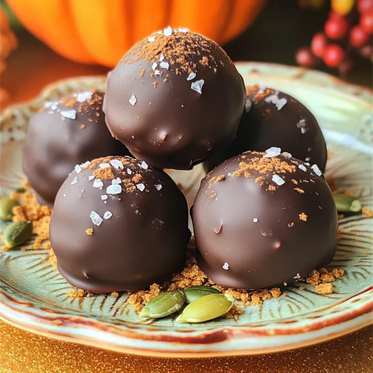 To make these tasty Pumpkin Cream Cheese Truffles, gather the following ingredients: - 1 cup pumpkin puree - 8 oz cream cheese, softened - 1 teaspoon pure vanilla extract - 1 cup powdered sugar, sifted - 1 ½ cups graham cracker crumbs - 1 teaspoon pumpkin pie spice - ½ cup dark chocolate chips - 1 tablespoon coconut oil - A pinch of sea salt These simple ingredients come together to create a rich and creamy treat. Using high-quality ingredients makes a big difference. Choose pure pumpkin puree, not pumpkin pie filling. This gives you the best flavor. For cream cheese, opt for full-fat versions. They provide a creamier texture. Fresh vanilla extract enhances the taste more than imitation. When selecting chocolate chips, go for dark chocolate with at least 60% cocoa for a richer taste. Lastly, use fresh spices. They add warmth to your truffles. If you need substitutes, here are some great options: - Pumpkin Puree: Use sweet potato puree for a different flavor. - Cream Cheese: For a dairy-free option, use vegan cream cheese. - Powdered Sugar: You can blend granulated sugar into a fine powder if needed. - Graham Cracker Crumbs: Try crushed cookies like digestive biscuits. - Pumpkin Pie Spice: Mix cinnamon, nutmeg, and ginger for a similar taste. These substitutes can help you adapt the recipe to your needs while keeping the truffles delicious. First, gather your ingredients. You need pumpkin puree, softened cream cheese, and vanilla extract. In a mixing bowl, combine the pumpkin puree, cream cheese, and vanilla. Use a hand mixer or spatula. Mix until smooth and creamy. Make sure there are no lumps. Next, sift the powdered sugar into the bowl. Add it slowly while blending. Mix until the sugar is fully combined. The mixture should feel thick and creamy. Finally, add the graham cracker crumbs and pumpkin pie spice. Stir gently until all ingredients are mixed well. You’ll have a thick, moldable mixture ready for chilling. Cover the bowl tightly with plastic wrap. Place it in the refrigerator for about 1 hour. This helps the mixture firm up. After chilling, take the mixture out. Use a tablespoon to scoop out portions. Roll each portion into a small ball using your palms. Place the truffles on a parchment-lined baking sheet. Repeat this until you shape all the mixture into truffles. They should be smooth and round. Now, let’s melt the chocolate. In a microwave-safe bowl, combine dark chocolate chips and coconut oil. Microwave the bowl in 30-second intervals. Stir after each interval. Keep going until the chocolate is smooth and melted. Be careful not to overheat it. Next, use a fork to dip each truffle into the melted chocolate. Make sure they are fully coated. Tap the fork on the bowl’s edge. This removes any extra chocolate. Return the truffles to the baking sheet. Before the chocolate sets, sprinkle a small pinch of sea salt on each truffle. This adds a nice flavor contrast. Let the chocolate firm up at room temperature for about 30 minutes. You can also place them in the fridge for quicker results. Enjoy your tasty treats! To make a smooth mixture, start with room-temperature cream cheese. Soft cream cheese blends easily with pumpkin puree. Use a hand mixer or spatula to mix until there are no lumps. This step is key for creamy truffles. When adding powdered sugar, do it slowly. This helps prevent clumps. Mix until thick and creamy, then add graham cracker crumbs and pumpkin pie spice. Stir gently to keep it smooth. When rolling the truffles, scoop a tablespoon of chilled mixture. Roll it quickly between your palms. If your hands get sticky, dampen them slightly with water. This makes rolling easier. Place each ball on a parchment-lined baking sheet. Make sure to space them out. This helps prevent sticking. Keep your truffles uniform in size for even coating and a nice look. For melting chocolate, use a microwave-safe bowl. Combine dark chocolate chips and coconut oil in the bowl. Microwave in 30-second bursts, stirring in between. This helps avoid burning. Stop when the chocolate is almost melted. Stir until smooth; the heat will finish melting it. Use a fork to dip each truffle in the melted chocolate. Tap off excess chocolate before placing it back on the sheet. This gives a nice finish to each truffle. {{image_4}} You can change the flavor of your pumpkin cream cheese truffles by adding nuts or dried fruit. Chopped pecans or walnuts add a nice crunch. Dried cranberries or raisins bring a sweet burst. Mix in about 1/2 cup of your choice. This twist makes each bite a bit different and exciting! Instead of dark chocolate, try coating your truffles in white chocolate or colorful sprinkles. White chocolate gives a sweet, creamy taste. Simply melt the white chocolate like you did with dark chocolate. For sprinkles, just roll the truffles in them after dipping in chocolate. This adds fun colors and textures to your truffles! For Halloween, shape the truffles like pumpkins or ghosts. Use orange and black sprinkles for a festive look. For Thanksgiving, add a hint of nutmeg or cinnamon to the mixture. You can also make them look like mini pies by topping with more graham cracker crumbs. These seasonal touches make your truffles perfect for any fall gathering! To keep your truffles fresh, place them in an airtight container. This helps to maintain their taste and texture. Layer parchment paper between truffles to prevent sticking. Store them in the fridge for the best flavor. They will stay fresh for about a week. Pumpkin cream cheese truffles last for one week in the fridge. If you want to store them longer, freeze them. They freeze well for up to three months. To freeze, make sure they are in a single layer on a tray first. Once frozen, transfer them to a freezer-safe container. When you want to enjoy them, let them thaw in the fridge overnight. Use glass or plastic containers with tight lids for storage. These containers keep air out and moisture in. Avoid metal containers, as they may react with the chocolate. If you are freezing, use freezer bags or containers labeled for freezing. This helps you keep track of how long they have been stored. Yes, you can use fresh pumpkin. Just make sure to cook and puree it first. Roasting the pumpkin brings out its natural sweetness. After cooking, let it cool before mixing with cream cheese. This gives you a fresher taste. However, canned pumpkin is easier and saves time. To make these truffles vegan, swap out the cream cheese for a dairy-free version. Use coconut cream or cashew cream to keep it rich and smooth. For the chocolate coating, choose vegan dark chocolate. Make sure all your ingredients are dairy-free. This way, you can enjoy tasty truffles without any animal products. Serve these truffles on a pretty plate. Dust them with graham cracker crumbs for a nice touch. You can also sprinkle a bit of cinnamon on top. For a festive look, add a few pumpkin seeds around the truffles. This adds color and charm to your dessert table. You now have all the details to make delicious pumpkin cream cheese truffles. We covered key ingredients, step-by-step instructions, and helpful tips. Remember, the right quality of ingredients can improve your truffles. Don't hesitate to try fun variations or explore storage tips for freshness. These truffles are great for events and holidays, making them a perfect treat. Enjoy the process, and let your creativity shine through with every batch you make!