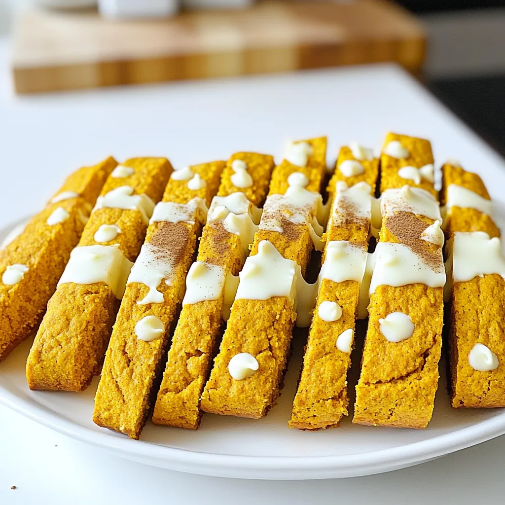 - 2 cups all-purpose flour - 1 cup white chocolate chips - 1/2 cup pure pumpkin puree - 2 large eggs - 1 teaspoon ground cinnamon - 1/2 teaspoon ground nutmeg - 1/2 teaspoon ground ginger - 1/4 teaspoon ground cloves - 1/2 teaspoon salt - 1/2 cup granulated sugar - 1/4 cup brown sugar, packed - 1/2 cup chopped walnuts or pecans The main ingredients create the base for this tasty biscotti. The all-purpose flour gives structure. White chocolate chips add sweet creaminess. Pumpkin puree brings moisture and flavor. The eggs act as a binding agent to hold everything together. Next, we add spices to make it special. Ground cinnamon warms the palate. Nutmeg adds a nutty, sweet flavor. Ginger brings a hint of spice, while cloves add depth. Salt balances all the sweet flavors. For sweetness, we use granulated sugar and brown sugar. Granulated sugar gives a clean sweetness. Brown sugar adds a slight caramel touch. Optional add-ins like walnuts or pecans can enhance texture. They add crunch and flavor, making each bite delightful. You can mix and match ingredients based on your taste. Enjoy creating your perfect pumpkin spice biscotti! - Preheat oven to 350°F (175°C). - Line baking sheet with parchment paper. - In a bowl, whisk together: - 2 cups all-purpose flour - 1 teaspoon baking powder - 1/2 teaspoon baking soda - 1 teaspoon ground cinnamon - 1/2 teaspoon ground nutmeg - 1/2 teaspoon ground ginger - 1/4 teaspoon ground cloves - 1/2 teaspoon salt Setting this bowl aside lets the spices blend well. - In a large bowl, mix: - 1/2 cup granulated sugar - 1/4 cup brown sugar - 2 large eggs - Beat this mixture until it looks light and smooth. - Add: - 1/2 cup pure pumpkin puree - 1 teaspoon vanilla extract - Mix until everything combines well. - Gradually fold the dry mixture into the wet mixture. - Be gentle to avoid overmixing. - If you want, fold in: - 1/2 cup chopped walnuts or pecans - 1 cup white chocolate chips This adds a nice texture and flavor. - Divide the dough into two equal parts. - Shape each part into logs, about 12 inches long and 3 inches wide. - Place the logs on your prepared baking sheet with space between them. - Bake for 25-30 minutes, until they feel firm and look golden. - Remove the logs from the oven and let them cool on the sheet for 10 minutes. - Transfer to a cutting board and slice diagonally into 1/2-inch thick pieces. - Return the slices to the baking sheet, cut-side up. - Bake for another 10-15 minutes until they are crisp and golden. - After the second bake, let them cool completely on a wire rack. For a special touch, melt some more white chocolate and drizzle it over the cooled biscotti. Enjoy! To get light and crispy biscotti, avoid overmixing the dough. Overmixing adds too much air, making the biscotti dense. Here are some tips for the right consistency: - Mix wet ingredients until smooth. - Fold in dry ingredients gently. - If using nuts or chocolate, mix them in last. Melting white chocolate can be tricky. Here are the best methods to do it right: - Use a microwave-safe bowl. Heat in short bursts of 20 seconds. - Stir after each burst to prevent burning. - Alternatively, use a double boiler for even melting. For drizzling, follow these steps for an elegant touch: - Use a fork or a piping bag to drizzle the chocolate. - Move your hand in a back-and-forth motion over the biscotti. - Let the chocolate set before serving. A beautiful presentation makes your biscotti stand out. Here are some creative ideas: - Arrange biscotti in a glass jar for a cozy look. - Serve on a colorful platter to catch the eye. - Pair with a hot cup of coffee or tea for a delightful treat. Feel free to experiment with different settings to showcase these tasty delights! {{image_4}} You can easily change the taste of your biscotti. Adding dried fruits like cranberries or apricots brings a sweet twist. Chocolate chips, dark or milk, also add richness. Nuts like almonds or hazelnuts give a great crunch. Each choice makes your biscotti unique. You might want to adjust the flavors based on the season. Try adding peppermint for winter or citrus zest for spring. For a holiday touch, mix in some festive spices like cardamom or allspice. These changes help you celebrate the season with every bite. If you need a gluten-free biscotti, start with gluten-free flour blends. Almond flour works well too, but you may need to add more binding agents. Using xanthan gum can help maintain the perfect texture. With these swaps, your biscotti will still taste amazing. To keep your pumpkin spice biscotti fresh, use an airtight container. This helps avoid moisture, which makes them soft. A glass jar or plastic container works great. Store them at room temperature in a cool, dry place. You can also place a piece of parchment paper between layers to avoid sticking. To freeze your biscotti, follow these steps: 1. Cool Completely: Let the biscotti cool down on a wire rack. 2. Slice: If not sliced, cut them into the classic biscotti shape. 3. Wrap: Wrap each biscotti in plastic wrap or aluminum foil. 4. Bag: Place wrapped biscotti in a freezer-safe bag. Remove as much air as possible. 5. Label: Write the date on the bag for reference. When you're ready to enjoy, thaw them in the fridge or at room temperature. For the best texture, toast them in the oven for a few minutes after thawing. These tasty biscotti will last about 1 to 2 weeks at room temperature. If you store them in the fridge, they can last up to 3 weeks. Always check for any signs of spoilage before enjoying them. Serve your pumpkin spice biscotti with coffee or tea. The warm drinks bring out the flavors. I love to dip the biscotti into my coffee. The crunch of the biscotti and the warmth of the drink blend perfectly. You can also pair it with a spiced chai. It adds a nice touch to your snack time! Yes, you can make these biscotti ahead of time. Prepare them a day or two in advance. Allow them to cool completely before storing. Place them in an airtight container to keep them fresh. They will taste just as good when you are ready to enjoy them! You can use other ingredients in place of pumpkin puree. For instance, you can try using sweet potato puree. It gives a similar texture and flavor. Applesauce is another option, but it may change the taste slightly. Each substitute adds its own twist to the biscotti. To check if your biscotti are done, look for a light golden color. They should feel firm to the touch. When you slice them, they should be crisp but not hard. Let them bake until they are just right for that perfect bite! If you don’t have white chocolate, you can use milk chocolate or dark chocolate. Both options will add a rich flavor to your biscotti. You can also skip the chocolate drizzle altogether. A simple dusting of powdered sugar can work well too! This post shared a simple way to make pumpkin spice biscotti. We discussed the key ingredients, from flour to spices. I guided you through each step, ensuring you know how to get the right texture. The tips covered how to store, freeze, and serve these tasty treats. Now, you can whip up these delightful cookies yourself. Enjoy them fresh, or share them with friends. Happy baking, and may your biscotti be crisp and delicious!