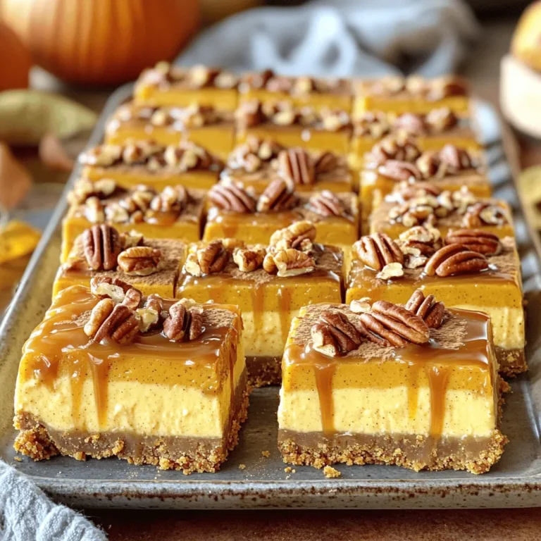 - 1 ½ cups graham cracker crumbs - ½ cup unsalted butter, melted - 1 cup cream cheese, softened to room temperature - 1 cup pumpkin puree (canned or fresh) - 1 cup powdered sugar - 2 large eggs - 1 teaspoon pure vanilla extract - 1 teaspoon ground cinnamon - ½ teaspoon ground nutmeg - ¼ teaspoon ground ginger - 1 cup pecans, chopped roughly - ½ cup caramel sauce (store-bought or homemade, for drizzling) For these caramel pecan pumpkin cheesecake bars, I love using simple, fresh ingredients. Each one plays a key role. The graham cracker crumbs make a crispy base. The melted butter helps hold it together. Cream cheese gives the bars a rich texture. Pumpkin puree adds a warm flavor. Powdered sugar sweetens the mix, while eggs help it all set. The vanilla extract adds a lovely aroma. Spices like cinnamon, nutmeg, and ginger bring autumn to your kitchen. Lastly, chopped pecans add crunch and a nutty taste. You can drizzle caramel sauce on top for extra sweetness. This mix creates a dreamy treat that is hard to resist! - Preheat Oven and Line Baking Dish Set your oven to 350°F (175°C). Grab an 8x8-inch baking dish. Line it with parchment paper. Let some paper hang over two sides for easy removal later. - Combine Graham Cracker Crumbs with Butter In a bowl, mix 1 ½ cups of graham cracker crumbs with ½ cup of melted unsalted butter. Use a fork or your hands to mix until the crumbs look like damp sand. - Press Crust into Baking Dish and Bake Press the crumb mixture into the bottom of your lined dish. Make it even and firm. Bake for 8-10 minutes until it turns golden brown. Let it cool slightly. - Beat Cream Cheese and Add Remaining Ingredients In a large bowl, beat 1 cup of softened cream cheese until smooth. Gradually add 1 cup of pumpkin puree, 1 cup of powdered sugar, and 2 large eggs. Mix in 1 teaspoon of vanilla extract, 1 teaspoon of ground cinnamon, ½ teaspoon of nutmeg, and ¼ teaspoon of ginger. Keep mixing until everything blends well. - Fold in Chopped Pecans Gently fold in 1 cup of roughly chopped pecans. Set aside a handful for later. - Pour Filling Over Crust Pour the creamy pumpkin mixture onto the cooled crust. Use a spatula to spread it evenly. - Bake and Cool Bake the bars for 30-35 minutes. They should be set in the center but still jiggle a bit. After baking, let them cool at room temperature. For best results, cover and refrigerate for at least 2 hours. Now, you’re ready to drizzle with caramel and enjoy your delicious bars! How to Prevent Overbaking To keep your cheesecake bars moist, check them before the timer ends. They should jiggle slightly in the center. If you see cracks, it means you baked too long. This can ruin the creamy texture. Keep an eye on them around the 30-minute mark. Ensuring Smooth Filling Consistency For a smooth filling, make sure your cream cheese is at room temperature. Cold cream cheese can create lumps. Beat it well before adding other ingredients. Mix until everything is fluffy and well combined. This helps create a silky texture that melts in your mouth. Presentation Tips for Serving Cut the bars into neat squares and place them on a pretty platter. For a nice touch, sprinkle some cinnamon on top. A dollop of whipped cream beside each bar adds an extra layer of flavor. It looks beautiful and makes your dessert pop. Recommended Pairings Serve these bars with a warm cup of coffee or tea. The flavors blend well together. You can also add a scoop of vanilla ice cream for a cool contrast. This adds richness and balances the spices in the cheesecake. {{image_4}} You can change the flavor of these bars easily. Try adding different nuts, like walnuts or almonds. These will add a nice crunch and taste. If you want more spice, consider allspice or cloves. These spices can give your bars a unique twist. Some may need to adjust the recipe for health reasons. You can use alternative sweeteners, like stevia or honey. These options can keep the sweetness while reducing sugar. If you need a gluten-free option for the crust, use almond flour or gluten-free graham crackers. This allows everyone to enjoy the treat, no matter their needs. Refrigeration Guidelines To keep your caramel pecan pumpkin cheesecake bars fresh, store them in the fridge. Place the bars in an airtight container. They will last up to five days. If you slice them, use parchment paper between layers to prevent sticking. Freezing Instructions for Longer Storage For longer storage, you can freeze the bars. Wrap each bar tightly in plastic wrap. Then, place them in a freezer bag or container. They will stay fresh for up to three months. Thaw them overnight in the fridge before serving. Best Types of Containers for Keeping Freshness Use glass or plastic containers with tight-fitting lids. These keep moisture in and air out. If you prefer, use a baking dish covered with aluminum foil. This helps keep the bars fresh while making them easy to serve later. Yes, you can use fresh pumpkin. Make sure to cook it and puree it first. You want the puree to be smooth and thick. Fresh pumpkin gives a nice flavor. Just be sure to measure one cup for the recipe. These cheesecake bars last about five days in the fridge. Store them in an airtight container. This keeps them fresh and tasty. Absolutely! You can make these bars one or two days ahead. This helps the flavors blend well. Just remember to chill them in the fridge after baking. Yes, chilling is key. It helps the bars set up well. This makes them easier to cut and serve. Aim for at least two hours in the fridge before you enjoy them. You now have a clear path to making delicious pumpkin cheesecake bars. We covered the key ingredients needed, step-by-step instructions for preparation, and handy tips to ensure a smooth bake. Remember to get creative with flavors and storage tips to keep your treats fresh. Enjoy experimenting and serving these bars to friends and family. With these methods, your pumpkin cheesecake bars will impress every time!