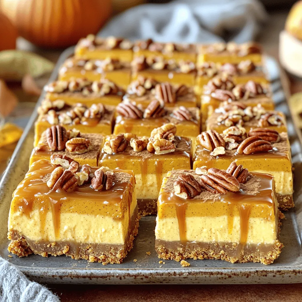 - 1 ½ cups graham cracker crumbs - ½ cup unsalted butter, melted - 1 cup cream cheese, softened to room temperature - 1 cup pumpkin puree (canned or fresh) - 1 cup powdered sugar - 2 large eggs - 1 teaspoon pure vanilla extract - 1 teaspoon ground cinnamon - ½ teaspoon ground nutmeg - ¼ teaspoon ground ginger - 1 cup pecans, chopped roughly - ½ cup caramel sauce (store-bought or homemade, for drizzling) For these caramel pecan pumpkin cheesecake bars, I love using simple, fresh ingredients. Each one plays a key role. The graham cracker crumbs make a crispy base. The melted butter helps hold it together. Cream cheese gives the bars a rich texture. Pumpkin puree adds a warm flavor. Powdered sugar sweetens the mix, while eggs help it all set. The vanilla extract adds a lovely aroma. Spices like cinnamon, nutmeg, and ginger bring autumn to your kitchen. Lastly, chopped pecans add crunch and a nutty taste. You can drizzle caramel sauce on top for extra sweetness. This mix creates a dreamy treat that is hard to resist! - Preheat Oven and Line Baking Dish Set your oven to 350°F (175°C). Grab an 8x8-inch baking dish. Line it with parchment paper. Let some paper hang over two sides for easy removal later. - Combine Graham Cracker Crumbs with Butter In a bowl, mix 1 ½ cups of graham cracker crumbs with ½ cup of melted unsalted butter. Use a fork or your hands to mix until the crumbs look like damp sand. - Press Crust into Baking Dish and Bake Press the crumb mixture into the bottom of your lined dish. Make it even and firm. Bake for 8-10 minutes until it turns golden brown. Let it cool slightly. - Beat Cream Cheese and Add Remaining Ingredients In a large bowl, beat 1 cup of softened cream cheese until smooth. Gradually add 1 cup of pumpkin puree, 1 cup of powdered sugar, and 2 large eggs. Mix in 1 teaspoon of vanilla extract, 1 teaspoon of ground cinnamon, ½ teaspoon of nutmeg, and ¼ teaspoon of ginger. Keep mixing until everything blends well. - Fold in Chopped Pecans Gently fold in 1 cup of roughly chopped pecans. Set aside a handful for later. - Pour Filling Over Crust Pour the creamy pumpkin mixture onto the cooled crust. Use a spatula to spread it evenly. - Bake and Cool Bake the bars for 30-35 minutes. They should be set in the center but still jiggle a bit. After baking, let them cool at room temperature. For best results, cover and refrigerate for at least 2 hours. Now, you’re ready to drizzle with caramel and enjoy your delicious bars! How to Prevent Overbaking To keep your cheesecake bars moist, check them before the timer ends. They should jiggle slightly in the center. If you see cracks, it means you baked too long. This can ruin the creamy texture. Keep an eye on them around the 30-minute mark. Ensuring Smooth Filling Consistency For a smooth filling, make sure your cream cheese is at room temperature. Cold cream cheese can create lumps. Beat it well before adding other ingredients. Mix until everything is fluffy and well combined. This helps create a silky texture that melts in your mouth. Presentation Tips for Serving Cut the bars into neat squares and place them on a pretty platter. For a nice touch, sprinkle some cinnamon on top. A dollop of whipped cream beside each bar adds an extra layer of flavor. It looks beautiful and makes your dessert pop. Recommended Pairings Serve these bars with a warm cup of coffee or tea. The flavors blend well together. You can also add a scoop of vanilla ice cream for a cool contrast. This adds richness and balances the spices in the cheesecake. {{image_4}} You can change the flavor of these bars easily. Try adding different nuts, like walnuts or almonds. These will add a nice crunch and taste. If you want more spice, consider allspice or cloves. These spices can give your bars a unique twist. Some may need to adjust the recipe for health reasons. You can use alternative sweeteners, like stevia or honey. These options can keep the sweetness while reducing sugar. If you need a gluten-free option for the crust, use almond flour or gluten-free graham crackers. This allows everyone to enjoy the treat, no matter their needs. Refrigeration Guidelines To keep your caramel pecan pumpkin cheesecake bars fresh, store them in the fridge. Place the bars in an airtight container. They will last up to five days. If you slice them, use parchment paper between layers to prevent sticking. Freezing Instructions for Longer Storage For longer storage, you can freeze the bars. Wrap each bar tightly in plastic wrap. Then, place them in a freezer bag or container. They will stay fresh for up to three months. Thaw them overnight in the fridge before serving. Best Types of Containers for Keeping Freshness Use glass or plastic containers with tight-fitting lids. These keep moisture in and air out. If you prefer, use a baking dish covered with aluminum foil. This helps keep the bars fresh while making them easy to serve later. Yes, you can use fresh pumpkin. Make sure to cook it and puree it first. You want the puree to be smooth and thick. Fresh pumpkin gives a nice flavor. Just be sure to measure one cup for the recipe. These cheesecake bars last about five days in the fridge. Store them in an airtight container. This keeps them fresh and tasty. Absolutely! You can make these bars one or two days ahead. This helps the flavors blend well. Just remember to chill them in the fridge after baking. Yes, chilling is key. It helps the bars set up well. This makes them easier to cut and serve. Aim for at least two hours in the fridge before you enjoy them. You now have a clear path to making delicious pumpkin cheesecake bars. We covered the key ingredients needed, step-by-step instructions for preparation, and handy tips to ensure a smooth bake. Remember to get creative with flavors and storage tips to keep your treats fresh. Enjoy experimenting and serving these bars to friends and family. With these methods, your pumpkin cheesecake bars will impress every time!