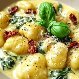 To make Min Creamy Sun-Dried Tomato Gnocchi, you need a few simple things. Each ingredient adds its own flavor and texture. Here’s what you'll need: - 1 pound potato gnocchi - 1 cup sun-dried tomatoes, packed in oil, drained and coarsely chopped - 1 cup heavy cream - 1 cup vegetable broth - 2 cloves garlic, finely minced - 1 cup fresh spinach, roughly chopped - 1/2 cup grated Parmesan cheese, plus extra for serving - 2 tablespoons extra virgin olive oil - 1 teaspoon dried oregano - Salt and freshly ground black pepper to taste - Fresh basil leaves for garnish These ingredients create a creamy, rich dish. The potato gnocchi gives a soft bite. Sun-dried tomatoes add a tangy burst. Heavy cream makes the sauce smooth. Fresh spinach brings a nice pop of color and nutrition. You can use fresh basil to finish it off with a touch of freshness. Each ingredient plays a key role. You can also adjust them to suit your taste. Want it creamier? Add more cream. Prefer a stronger flavor? Use more sun-dried tomatoes. Get ready to enjoy a delicious meal that’s easy to make! - Start by filling a large pot with water. - Add a good pinch of salt to the water. - Bring the water to a rolling boil over high heat. - Once boiling, gently add 1 pound of potato gnocchi. - Cook the gnocchi for about 2-3 minutes. - Watch for them to float to the surface. - This means they are ready! - Drain the gnocchi well and set them aside. - Grab a large skillet and heat 2 tablespoons of extra virgin olive oil. - Set your heat to medium and add 2 cloves of minced garlic. - Sauté the garlic for 1 minute until it smells great. - Be careful not to let it brown. - Now, add 1 cup of chopped sun-dried tomatoes. - Stir everything together and cook for 2-3 minutes. - Pour in 1 cup of vegetable broth and bring to a gentle simmer. - Let it simmer for 3-4 minutes to deepen the flavors. - Lower the heat and carefully stir in 1 cup of heavy cream. - Mix until the sauce is smooth and creamy. - Add the cooked gnocchi to the skillet. - Toss in 1 cup of roughly chopped spinach. - Stir everything gently for 2-3 minutes. - This will help the spinach wilt and blend in. - Next, incorporate 1/2 cup of grated Parmesan cheese. - Sprinkle in 1 teaspoon of dried oregano. - Season with salt and freshly ground black pepper to taste. - Mix until the cheese melts and coats the gnocchi. - Remove the skillet from heat and let it sit for a minute. - This will help the sauce thicken up a bit. - Now, you’re ready to serve! To get that rich and silky texture, heavy cream is key. It makes the sauce smooth and luscious. If you want a thicker sauce, let it simmer longer. For a lighter sauce, add more vegetable broth. Serve the gnocchi in shallow bowls for a nice look. A drizzle of olive oil on top adds shine. A sprinkle of fresh black pepper gives it a nice kick. Garnish with basil leaves for a fresh touch. Overcooking gnocchi can make it mushy. Cook them just until they float. To boost flavor, sauté garlic until fragrant but not brown. Mixing the sun-dried tomatoes well with the garlic enhances the taste. {{image_4}} You can swap heavy cream for a few tasty options. Try using Greek yogurt for a tangy twist. Coconut cream adds a rich flavor without dairy. For a lighter version, use half-and-half or plant-based milk. Just make sure to adjust the cooking time for these options. Switching up the greens can also change your dish. While fresh spinach is great, try kale or arugula for a different taste. You can even add broccoli or peas for a fun crunch. Each green brings its own flavor and nutrients. Adding protein can make this dish heartier. For meat lovers, grilled chicken or shrimp pairs well with the creamy sauce. Simply cook them separately and mix them in before serving. If you prefer a vegetarian option, try chickpeas or lentils. They not only add protein but also provide a nice texture. Tofu or tempeh can also work well. Just sauté them until golden before adding to your gnocchi. To keep your creamy sun-dried tomato gnocchi fresh, follow these steps: - Cool Down: Let the gnocchi cool to room temperature. - Use Airtight Containers: Place the gnocchi in airtight containers to avoid moisture. - Refrigerate: Store in the fridge for up to 3 days. - Avoid Freezing: Freezing may change the texture of the cream sauce. To enjoy your gnocchi again, follow these simple reheating steps: - Stovetop Method: Place gnocchi in a skillet over low heat. Add a splash of broth or cream. Stir gently. - Microwave Method: Transfer to a microwave-safe dish. Cover with a damp paper towel. Heat in 30-second intervals, stirring in between. - Best Taste Timeline: For the best taste, eat within 2 days after cooking. This helps keep the creaminess intact. Making creamy sun-dried tomato gnocchi takes about 25 minutes. You spend around 10 minutes prepping. Cooking the gnocchi and sauce takes about 15 minutes. This dish is quick yet full of flavor. Yes, you can prepare this dish in advance. Cook the gnocchi and sauce separately. Store them in airtight containers. When ready to eat, just reheat the sauce and mix in the gnocchi. This helps keep everything fresh and tasty. This recipe can easily become vegan. Substitute heavy cream with coconut cream or a vegan cream. Use nutritional yeast instead of Parmesan cheese. These swaps make it just as delicious without dairy. In this post, we explored how to make creamy sun-dried tomato gnocchi with simple steps. You learned about key ingredients and how to cook them. I shared tips for a creamy sauce and fun variations to suit your taste. Remember, cooking is about trying new things. Don't hesitate to swap ingredients or add proteins. With practice, your dish will impress everyone. Enjoy your cooking journey!