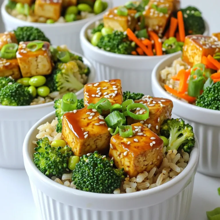 - 1 block (14 oz) firm tofu, pressed and diced - 2 tablespoons soy sauce - 2 tablespoons teriyaki sauce - 1 tablespoon sesame oil - 1 teaspoon freshly grated ginger - 1 teaspoon minced garlic - 2 cups cooked brown rice or quinoa - 1 cup steamed broccoli florets - 1 medium carrot, cut into thin julienne strips - 2 green onions, finely sliced - 1 tablespoon sesame seeds - Edamame, for garnishing - Honey or agave syrup for vegan preference - Non-stick skillet - Mixing bowl - Heavy object for pressing tofu When making Minute Sesame Teriyaki Tofu Bowls, you need firm tofu. Firm tofu holds its shape well and absorbs flavors nicely. Soy sauce and teriyaki sauce give the dish its rich taste. Fresh vegetables like broccoli and carrots add color and crunch. You can add edamame for a protein boost. Honey or agave syrup works great if you want a sweeter sauce. For cooking, a non-stick skillet makes it easy to sauté the tofu. A mixing bowl helps you combine the sauce ingredients. You will also need a heavy object, like a skillet, to press the tofu. Pressing the tofu removes extra water. This gives it a better texture when cooked. Gather these ingredients and tools, and you're ready for a fun cooking experience! - Pressing the tofu: Start by pressing the tofu. Wrap the tofu block in a clean kitchen towel. Place a heavy object, like a cast-iron skillet, on top. Let it sit for 15-20 minutes. This helps to remove extra moisture. - Cutting into cubes: Once pressed, cut the tofu into small cubes. Aim for bite-sized pieces. This helps them cook evenly and soak up flavors. - Mixing the ingredients: In a small bowl, combine soy sauce, teriyaki sauce, sesame oil, honey, ginger, and garlic. Whisk them until well mixed. - Setting the sauce aside: After mixing, set the sauce aside. You will use it soon to flavor the tofu. - Sautéing until golden brown: Heat a splash of oil in a large non-stick skillet over medium heat. Add the cubed tofu. Cook for 5-7 minutes. Turn them often until they are golden brown and crispy. - Adding the sauce and thickening: Pour the teriyaki sauce over the tofu. Stir well to coat each piece. Cook for another 3-4 minutes. This helps the sauce thicken and stick to the tofu. - Layering rice or quinoa: In each serving bowl, start with a scoop of cooked brown rice or quinoa. Use this as your base. - Arranging vegetables and tofu: On top of the rice, add the sautéed teriyaki tofu. Next, layer the steamed broccoli and julienned carrots. This makes your bowl colorful and inviting. - Sprinkling green onions and sesame seeds: Finish each bowl with sliced green onions and sesame seeds. This adds flavor and a nice crunch. - Optional edamame topping: If you want, add some edamame on top. This gives extra texture and flavor to your dish. To achieve crispy tofu, start by pressing it well. Remove as much moisture as possible. This step is key. After pressing, cut the tofu into even cubes. Aim for about 1-inch pieces. Cook the tofu in a hot pan with oil. Sauté for 5 to 7 minutes. Flip the tofu often to get a nice golden color. The right time ensures the tofu gets crispy outside but stays soft inside. To boost flavor, consider adding a pinch of salt or pepper. You can also mix in some chili flakes for heat. Try adding sesame seeds directly into the sauce for extra crunch. If you want to switch it up, use different sauces. Hoisin sauce or peanut sauce can add a unique twist. Experiment with your favorite flavors to find the perfect taste. Make your bowls visually appealing by layering ingredients. Start with the brown rice or quinoa. Then add the tofu in a neat line. Place broccoli and carrots on top for color. For extra flair, sprinkle green onions and sesame seeds. Edamame can add a pop of green too. Drizzle more teriyaki sauce over the top for a glossy finish. This not only looks great but also enhances the flavor. {{image_4}} You can switch the tofu for other proteins. Tempeh or seitan work great. They both soak up flavor well. Chickpeas are another fun option. They add a nice crunch and taste. Feel free to mix in other veggies. Bell peppers, snap peas, or zucchini add great colors and flavors. You can also use seasonal veggies. Asparagus or squash are tasty in spring or summer. If you want a change from brown rice, try quinoa. It cooks fast and is full of protein. Cauliflower rice is a lighter choice, too. Brown rice is great, but don't be afraid to switch it up! To store leftovers, place them in an airtight container. Keep them in the fridge. The tofu bowls will stay fresh for up to 3 days. Make sure the bowl is sealed well to prevent moisture loss. If you notice any water pooling, drain it before you store it. Reheat your tofu bowls gently. Use the microwave for quick reheating. Heat in short bursts, about 30 seconds at a time. Stir between bursts to heat evenly. You can also use a skillet on low heat. This method helps keep the tofu crispy. Add a splash of water to the skillet to create steam. You can prepare the tofu and sauce in advance. Store them in separate containers. Cooked rice or quinoa can be made ahead too. Keep everything in the fridge for easy access. When you are ready to eat, just assemble your bowls. This saves time and makes meals quick and easy. Pressed tofu can last about 3 to 5 days in the fridge. Store it in an airtight container with some water to keep it fresh. Change the water daily for the best quality. Yes, this recipe can be made vegan easily. Just use agave syrup instead of honey. All other ingredients, like tofu and sauces, are already vegan-friendly. Tofu bowls pair well with many sides. Here are some great options: - Steamed edamame - Roasted sweet potatoes - Cucumber salad - Miso soup - Pickled vegetables These sides add different flavors and textures to your meal. This recipe can be gluten-free. Use gluten-free soy sauce instead of regular soy sauce. Teriyaki sauce may also contain gluten, so check labels for gluten-free options. Yes, you can use other oils if you prefer. Good options include: - Olive oil - Avocado oil - Canola oil These oils will work, but they may change the flavor slightly. Sesame oil adds a unique taste that complements the dish well. This article covered the key steps to make a tasty tofu bowl. You learned about the main ingredients, preparation, and cooking methods. I shared tips to enhance flavor and presentation. Remember, you can customize the recipe with different proteins and vegetables. Storage and reheating tips help you enjoy leftovers. Experiment with your favorite ingredients to create the perfect tofu bowl. Enjoy your cooking journey!