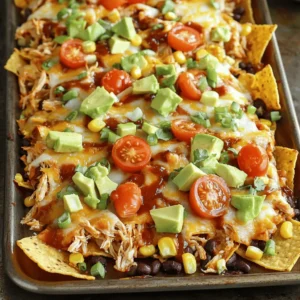 - 2 cups cooked chicken, shredded - 1 cup BBQ sauce (preferably homemade or your favorite brand) - 1 large bag of tortilla chips - 2 cups shredded sharp cheddar cheese - 1 cup canned black beans, drained and rinsed - 1 cup sweet corn (canned or frozen) - 1 fresh jalapeño, thinly sliced (optional) - 1 cup cherry tomatoes, halved - 1 ripe avocado, diced - ¼ cup green onions, finely chopped - Sour cream and fresh cilantro for garnish (optional) You can add many tasty toppings to your nachos. Here are some fun ideas: - Sliced olives for a briny flavor - Diced red onion for a crunchy bite - Pickled jalapeños for extra heat - Fresh lime juice for a zesty finish - Fresh spinach or arugula for a green touch You can switch some ingredients based on your taste or what you have at home. Here are some easy swaps: - Use store-bought rotisserie chicken instead of cooking your own. - Swap the BBQ sauce for a spicy salsa or cheese sauce. - Try different cheeses like pepper jack or mozzarella for a unique twist. - Use tortilla strips if you can't find chips. - If you want a vegetarian option, replace chicken with sautéed mushrooms or jackfruit. Feel free to play with these ingredients to make your perfect BBQ chicken nachos! 1. Start by preheating your oven to 400°F (200°C). A hot oven melts the cheese just right. 2. In a large bowl, mix 2 cups of shredded chicken with 1 cup of BBQ sauce. Stir well to coat all the chicken. 3. On a big baking sheet, spread out a large bag of tortilla chips. Lay them in a single layer for even topping distribution. 4. Add the BBQ chicken evenly over the chips. This ensures every bite is full of flavor. 5. Sprinkle 1 cup of black beans and 1 cup of sweet corn on top for extra taste and texture. 6. Grate 2 cups of sharp cheddar cheese and cover all the ingredients with it. Cheese is key for delicious nachos. 7. If you enjoy spice, top with thin slices of fresh jalapeño. Their heat pairs well with the sweet BBQ. 8. Place the baking sheet in the oven. Bake for 15-20 minutes. Watch closely until the cheese bubbles and is golden. 9. Once done, take the sheet out of the oven. Scatter halved cherry tomatoes and diced avocado on top for freshness. 10. Finish with chopped green onions. Add sour cream and cilantro for a tasty garnish. 11. Serve directly from the sheet pan. This makes it fun and easy for everyone to enjoy! To get the best shredded chicken, start with cooked chicken. I often use rotisserie chicken for ease. Just let it cool slightly, then use two forks. Pull the meat apart in opposite directions to create nice shreds. This method works great for both chicken breasts and thighs. You can also use a stand mixer for faster shredding. Just place the chicken in the bowl and mix on low speed until shredded. A perfect cheese melt makes nachos amazing. For the best results, use sharp cheddar cheese. Ensure your oven is hot enough, set at 400°F (200°C). Spread cheese evenly over the nachos, covering all areas. This helps it melt uniformly. Keep an eye on the nachos while baking. You want the cheese bubbling, but not burnt. If you want extra cheese flavor, mix in some Monterey Jack or pepper jack. Homemade BBQ sauce is easy and tastes great. Start with simple ingredients: ketchup, vinegar, brown sugar, and spices. Mix them in a pot over medium heat. Let it simmer for at least 20 minutes to blend flavors. You can add ingredients like garlic powder or smoked paprika for a twist. Taste as you go to adjust sweetness or tanginess. This sauce will elevate your nachos and impress your guests. {{image_4}} You can easily make these nachos vegetarian. Instead of chicken, use black beans or lentils. These options add protein and flavor. Replace BBQ sauce with a vegan-friendly version. This way, everyone can enjoy the dish. Change the BBQ sauce for other sauces to mix things up. Try a spicy buffalo sauce for a kick. A sweet teriyaki sauce adds a different taste too. Experimenting with flavors keeps the dish fresh and fun. Toppings can take your nachos to the next level. Consider adding pickled red onions for a tangy crunch. Fresh herbs like cilantro or parsley brighten the flavors. You can also add a drizzle of hot sauce for heat. Each topping adds a unique twist to your nachos. After your nachos are gone, you might have some leftovers. Store any nachos in an airtight container. Keep them in the fridge for up to three days. If you have just the BBQ chicken left, store it separately. It lasts about four days in the fridge. Make sure the chicken is cool before sealing the container. To reheat nachos, place them on a baking sheet. Preheat your oven to 350°F (175°C). Bake for about 10 minutes or until warm. This helps the chips stay crispy. If you want to heat just the chicken, microwave it in a bowl for 1-2 minutes. Stir halfway to heat evenly. You can freeze BBQ chicken for longer storage. Place the cooled chicken in a freezer-safe bag. It can last for up to three months. When ready to use, let it thaw in the fridge overnight. Avoid freezing the nachos, as the chips become soggy. Instead, prepare fresh nachos with the thawed chicken. Yes, you can use rotisserie chicken for this recipe. It saves time and adds great flavor. Just shred the chicken and mix it with your BBQ sauce. This simple swap makes dinner easy, especially if you're in a hurry. To make nachos healthier, choose baked tortilla chips instead of fried ones. You can also add more veggies like bell peppers or spinach. Use reduced-fat cheese or less cheese overall. Lastly, top your nachos with fresh salsa or Greek yogurt instead of sour cream. Shredded sharp cheddar cheese works best for nachos. It melts well and adds a bold flavor. You can also mix in Monterey Jack or pepper jack cheese for extra creaminess and a bit of spice. These cheeses create a delicious blend that makes every bite enjoyable. This article covered all the essential steps for making great nachos. You learned about ingredients, optional toppings, and how to switch things up. We explored cooking methods and tips for perfect chicken and cheese. You saw different variations, storing tips, and answers to your burning questions. Nachos can be fun and delicious when you use the right ingredients and techniques. Now, you’re ready to create your own nacho masterpiece. Enjoy the process and the tasty results!