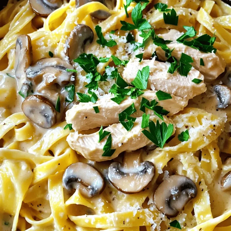 - 2 boneless, skinless chicken breasts, thinly sliced - 8 oz fettuccine pasta - 1 cup mushrooms, sliced (cremini or button) - 2 cloves garlic, minced - 1 cup low-sodium chicken broth - 1 cup heavy cream - 1 tablespoon extra-virgin olive oil - 1 teaspoon Italian seasoning - Salt and freshly ground black pepper to taste - Fresh parsley, finely chopped (for garnish) - Grated Parmesan cheese (for serving) This recipe uses simple, fresh ingredients. The key players are chicken, pasta, and mushrooms. They come together to make a rich meal. Each ingredient adds its own special touch. The chicken is tender and juicy. The fettuccine is soft and perfect. The mushrooms bring an earthy flavor. Olive oil helps cook the chicken and mushrooms. It adds a nice taste to the dish. Heavy cream creates the rich, creamy sauce. It makes the pasta feel luxurious. Low-sodium chicken broth gives depth without too much salt. Italian seasoning adds a blend of herbs. It brings warmth and comfort to the dish. For garnishing, fresh parsley adds a burst of color. It also gives a fresh taste. Grated Parmesan cheese adds a salty, nutty flavor. Together, these ingredients make creamy chicken Marsala pasta a delightful weeknight meal. You can adjust the ingredients based on what you have. This dish is all about making it your own! - Start by bringing a large pot of salted water to a boil. - Once boiling, add 8 oz of fettuccine pasta. - Cook the fettuccine for about 8-10 minutes until al dente. - Drain the pasta and set it aside. Reserve 1 cup of the cooking water. - Heat 1 tablespoon of extra-virgin olive oil in a large skillet over medium heat. - Season 2 thinly sliced chicken breasts with salt, pepper, and 1 teaspoon of Italian seasoning. - Add the seasoned chicken to the skillet. - Sauté for 5-7 minutes, stirring often, until the chicken turns golden brown. - Once cooked, remove the chicken from the skillet and place it on a plate. - In the same skillet, add 1 cup of sliced mushrooms. - Cook the mushrooms over medium heat until they are golden brown, about 5 minutes. - Add 2 minced garlic cloves to the skillet. - Sauté for an additional minute, being careful not to let the garlic burn. - Pour in 1 cup of low-sodium chicken broth. - Use a spatula to scrape the bottom of the skillet to get any browned bits. - Allow the broth to simmer for about 3 minutes, letting it reduce slightly. - Reduce the heat to low and stir in 1 cup of heavy cream. - Let it simmer gently for 2-3 minutes until the sauce thickens. - Return the cooked chicken to the skillet, along with the drained fettuccine. - Toss everything together, adding a splash of reserved pasta water if needed. - Taste the pasta and adjust seasoning with salt and freshly ground black pepper. - Plate the creamy chicken Marsala pasta in bowls. - Garnish with finely chopped fresh parsley and a sprinkle of grated Parmesan cheese. To get perfect pasta texture, always use a large pot of water. Add salt to the water before boiling. This helps flavor the pasta as it cooks. Cook the fettuccine until it's al dente, about 8 to 10 minutes. This ensures the pasta remains firm and not mushy. Remember to reserve some pasta water. You can use it to adjust the sauce later. For seasoning, balance is key. Use salt and freshly ground black pepper wisely. Add Italian seasoning to enhance the dish's flavor but do not overdo it. Taste as you go to find the perfect balance. Preventing cream from burning is easy. Always reduce the heat to low before adding cream. Stir gently and consistently to avoid scorching. If it starts to stick, lift the pan off the heat for a moment. To achieve the right thickness for your sauce, let it simmer gently. Watch it closely for about 2 to 3 minutes. If it gets too thick, add a splash of reserved pasta water. This will help achieve a creamy yet pourable sauce. For serving styles, use wide, shallow bowls. This allows the creamy sauce to spread beautifully over the pasta. It also makes it easier to enjoy every bite. Garnishing ideas can elevate your dish. Sprinkle finely chopped fresh parsley on top for a pop of color. Adding grated Parmesan cheese enhances flavor and gives a rich finish. You could even serve with a lemon wedge for a fresh touch. {{image_4}} You can make this dish even more fun by swapping ingredients. Try using different pasta shapes like penne or rigatoni. They hold sauce well and look great on the plate. You can also switch proteins. Shrimp or tofu can work nicely in place of chicken. Both options bring their own unique flavors to the dish. Enhance the taste by adding fresh herbs. Thyme and rosemary add a lovely aroma and depth. You can also toss in some spinach or other veggies. Spinach wilts quickly and adds color. Other options include bell peppers or zucchini for added crunch. If you need gluten-free options, use gluten-free pasta. Many brands have great choices that cook well. For a vegan version, swap the chicken with mushrooms or tofu. Use coconut milk instead of cream for a rich texture. These changes keep the dish delicious while fitting your diet. To keep your creamy chicken Marsala pasta fresh, cool it quickly. Let it sit for no more than two hours at room temperature. After cooling, place it in an airtight container. This helps keep out moisture and air. I recommend using glass containers for easy reheating. They do not stain and are microwave safe. When reheating your pasta, do it gently. Use a pan on low heat for the best results. Add a splash of chicken broth or cream to keep it creamy. Stir often to avoid burning. You can also use the microwave. If you choose this method, heat it in short bursts. Stir in between to ensure even warming. To freeze creamy chicken Marsala pasta, let it cool completely before packing. Place it in freezer-safe bags or containers. Remove as much air as possible to prevent freezer burn. When ready to eat, thaw it overnight in the fridge. Reheat slowly on the stove, adding a bit of cream or broth to restore creaminess. Avoid freezing for more than three months for the best flavor. Yes, you can use many types of pasta. Some good options are: - Penne - Rotini - Bowtie - Spaghetti These shapes can hold the sauce well. They will still taste great. You can swap some ingredients for lighter options. Here are my tips: - Use whole wheat pasta instead of regular. - Replace heavy cream with Greek yogurt or low-fat milk. - Add more vegetables like spinach or zucchini. These changes keep the dish tasty while reducing calories. Pair this pasta with simple side dishes. Here are my favorites: - Garlic bread for a crunchy bite. - A fresh green salad for a crisp contrast. - Steamed broccoli for color and nutrition. These sides balance the creaminess of the pasta. You can easily add heat to this dish. Try these ideas: - Add red pepper flakes to the sauce. - Mix in diced jalapeños or serrano peppers. - Use a spicy Italian sausage instead of chicken. These options will bring a nice kick to your meal. Yes, you can use frozen chicken and mushrooms. Just follow these tips: - Thaw frozen chicken in the fridge overnight. - For mushrooms, rinse them under cold water. - Cook them a bit longer to ensure they are tender. Using frozen ingredients is a great way to save time. In this blog post, you learned how to make Creamy Chicken Marsala Pasta. We covered essential ingredients, step-by-step cooking instructions, tips for success, and fun variations. This dish is not just tasty; it's flexible too. You can swap ingredients, adjust flavors, or change the presentation. Remember to store leftovers properly and reheat carefully to keep the creaminess. Enjoy cooking this meal, and feel free to experiment with your own touches. Cooking should be fun, and this recipe is a great way to explore new flavors!