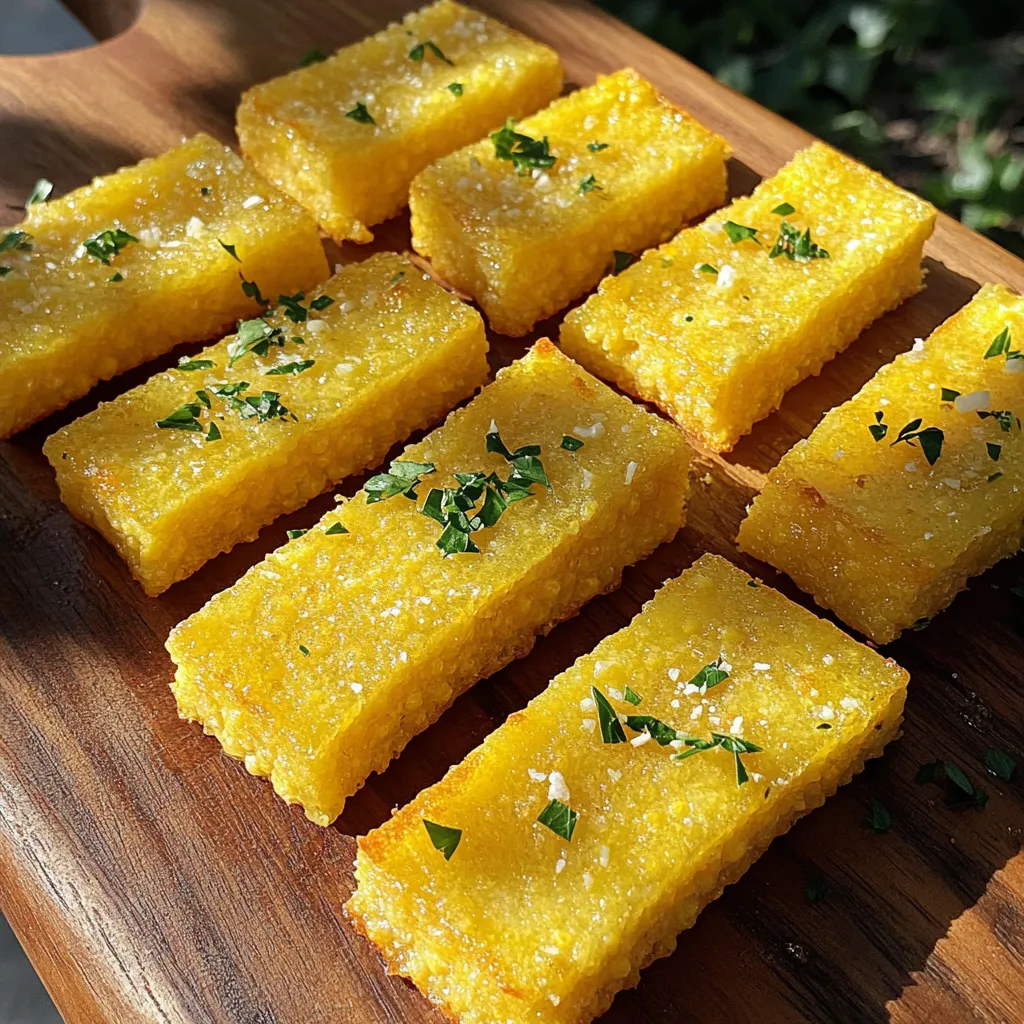 - 1 cup polenta (fine cornmeal) - 4 cups vegetable broth - 1 cup freshly grated Parmesan cheese - 2 tablespoons extra virgin olive oil To make these fries, start with polenta. Polenta is made from ground corn. It gives the fries a nice base. You will also need vegetable broth. This adds flavor to the polenta. Freshly grated Parmesan cheese is key for taste and texture. Use extra virgin olive oil for a crispy finish. - 1 teaspoon garlic powder - 1 teaspoon dried oregano - Salt and freshly ground black pepper to taste Seasonings are important for flavor. Garlic powder adds a savory taste. Dried oregano brings an earthy note. Salt and pepper enhance all the flavors in the dish. Adjust these to your liking for the best results. - Fresh parsley, finely chopped For a pop of color, use fresh parsley. It adds a bright touch to the fries. You can sprinkle it on top just before serving. This makes the dish more appealing and tasty. To start, take a medium saucepan. Pour in four cups of vegetable broth. Heat it on medium until it boils. This step is key for the polenta's texture. Gradually whisk in one cup of polenta. Keep stirring to prevent lumps. Once mixed, lower the heat. Let it simmer for about 30 minutes. Stir often as it thickens. You want it to pull away from the pan's sides. This means it’s ready for the next step. After cooking, remove the pan from heat. Stir in one cup of grated Parmesan cheese. Add one teaspoon of garlic powder and one teaspoon of dried oregano. Sprinkle in salt and black pepper to your taste. Mix well until everything blends. Now, grab a parchment-lined baking dish, about 9x9 inches. Spread the polenta mixture evenly in the dish. Let it cool at room temperature for an hour. For a firmer texture, place it in the fridge for 2 to 3 hours. Preheat your oven to 425°F (220°C). Once the polenta is set, cut it into fries or wedges. The thickness is up to you. In a large mixing bowl, toss the fries with two tablespoons of olive oil. Make sure every piece gets coated. Now, arrange the fries in a single layer on a baking sheet. Bake for about 25 to 30 minutes. Flip them halfway through for even crispiness. When they turn golden brown, they are done. After baking, let them cool for a few minutes. Serve hot, garnished with chopped parsley for a fresh touch. For the best texture, use fine polenta. It cooks up creamy and smooth. When you whisk it into boiling broth, stir constantly. This keeps lumps from forming. Simmer it gently for about 30 minutes. The polenta should pull away from the sides of the pot. Let it cool completely before cutting. This step is key for firm fries. To boost flavor, add fresh herbs. Basil or thyme works well. You can also sprinkle in more garlic powder. For extra zing, try a dash of red pepper flakes. Pair these fries with a tasty dipping sauce. A garlic aioli or spicy ketchup will add depth to every bite. Avoid rushing the cooling time. Cutting the polenta too soon leads to mushy fries. Do not skip the olive oil toss before baking. This helps the fries crisp up perfectly. Lastly, don’t overcrowd the baking sheet. Space the fries out for even cooking. Following these tips will ensure your Parmesan polenta fries are a hit! {{image_4}} If you want to switch up the cheese, try using other options. Cheddar adds a sharp taste. You can also use Gruyère for a nutty flavor. Feta cheese works great too, giving a tangy touch. Each cheese will change the taste, making it fun to experiment. Mix and match to find your favorite! Seasoning can make a big difference. Aside from garlic powder and oregano, try smoked paprika for a smoky twist. You can also use Italian seasoning for a herby flavor. If you like heat, add some cayenne pepper. Don’t forget to adjust salt and pepper to your taste. Be bold and try new combinations! Dipping sauces can make your fries even better. Try marinara sauce for a classic dip. A garlic aioli adds a creamy touch. You might enjoy a spicy sriracha mayo for some heat. If you love fresh flavors, a lemon herb yogurt dip is refreshing. Pairing your fries with different sauces makes for a fun snack! To store your leftover Parmesan polenta fries, let them cool completely first. Place them in an airtight container. You can keep them in the fridge for up to three days. This way, they stay fresh and tasty for your next snack. If you want to keep them longer, consider freezing them. When you’re ready to enjoy your leftover fries, preheat your oven to 400°F (200°C). Spread the fries on a baking sheet. Heat them for about 10 to 15 minutes. This method will help restore their crispiness. You can also reheat them in an air fryer for just a few minutes. This keeps them nice and crunchy. To freeze your fries, make sure they are completely cooled. Cut them into your desired shape before freezing. Lay them in a single layer on a baking sheet. Freeze for about an hour until solid, then transfer them to a freezer bag. They can stay frozen for up to three months. When you're ready to eat, bake them straight from the freezer, adding a few extra minutes to the cooking time. Enjoy your crispy snack anytime! Yes, you can use instant polenta. Instant polenta cooks faster and may have a smoother texture. Just follow the package instructions for water and cooking time. Keep in mind, the flavor may be less rich than traditional polenta. I recommend using the same seasonings and cheese to boost taste. To make these fries gluten-free, ensure your vegetable broth is gluten-free. Most vegetable broths are safe, but always check the label. The polenta itself is naturally gluten-free, so you're already on the right track. This way, everyone can enjoy these tasty fries! Parmesan Polenta Fries pair well with many dishes. Here are some ideas: - Marinara sauce for dipping - Garlic aioli for a creamy twist - A fresh salad for a light side - Grilled meats or vegetables for a hearty meal These options will make your snack even more delightful! In this post, we explored making Parmesan polenta fries step by step. We discussed main ingredients, essential seasonings, and optional garnishes to enhance flavor. I shared tips for the perfect texture and ways to avoid common mistakes. You learned about fun variations and how to store leftovers. Remember, the right cheese and sauces can make a big difference. Enjoy your cooking and feel free to experiment! You’ll create delicious fries that everyone will love.