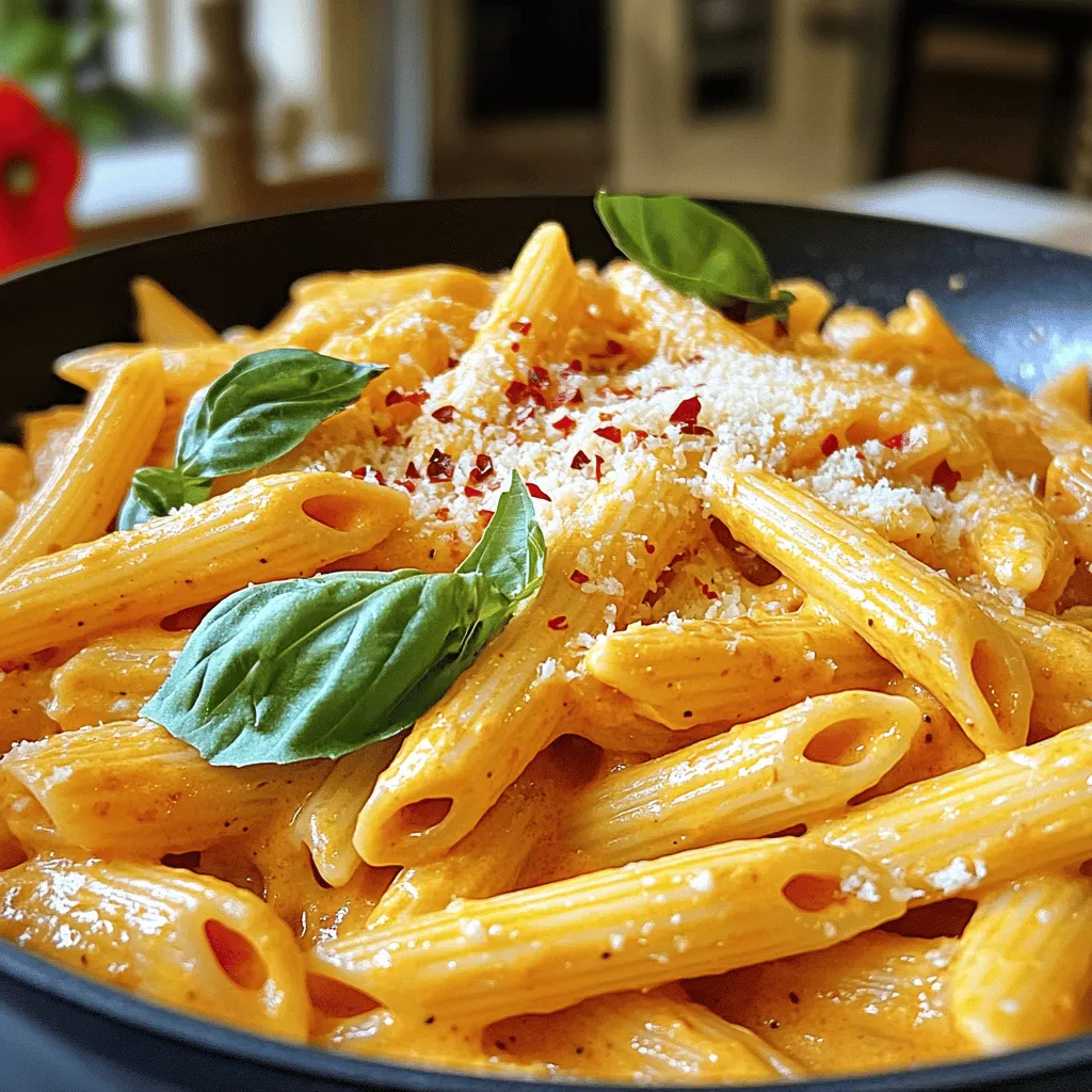 - 12 oz pasta (penne or fettuccine) - 2 large red bell peppers - 1 small onion, finely chopped - 3 cloves garlic, minced - 1 cup heavy cream (or coconut cream for a vegan option) - 1/2 cup grated Parmesan cheese (or nutritional yeast for a vegan option) - 2 tablespoons olive oil - 1 teaspoon smoked paprika - Salt and pepper to taste - Fresh basil leaves, for garnish - Crushed red pepper flakes (optional) Gather these ingredients to create a rich and creamy sauce. The red bell peppers bring sweetness and depth. Meanwhile, the onion and garlic add savory notes. Using heavy cream ensures a smooth texture, while Parmesan cheese adds a salty kick. If you're vegan, feel free to swap heavy cream for coconut cream and use nutritional yeast instead of cheese. This dish is not just tasty; it's also quick to make. You can have a delicious meal ready in about 50 minutes! Keep these ingredients on hand to whip up this pasta dish whenever a craving strikes. 1. Preheat your oven to 400°F (200°C). This heat will help roast the peppers well. 2. Place the two large red bell peppers on a baking sheet. Roast them in the oven for 25-30 minutes. Look for charred and blistered skins. 3. Once roasted, take the peppers out of the oven. Move them to a bowl and cover it with plastic wrap. Let them steam for about 10 minutes. This will make peeling easier. 4. After steaming, when the peppers are cool enough, peel off the skin. Discard the seeds and chop the flesh into bite-sized pieces. 1. In a large pot, bring salted water to a boil. The salt helps flavor the pasta. 2. Add the pasta. I like penne or fettuccine. Cook according to the package instructions until it's al dente. 3. Once cooked, drain the pasta and set it aside. 1. While the pasta cooks, heat 2 tablespoons of olive oil in a skillet over medium heat. 2. Add the finely chopped onion to the skillet. Sauté for about 5 minutes. Stir occasionally until the onion looks translucent. 3. Next, add 3 cloves of minced garlic. Cook for an additional minute until fragrant. 4. Stir in the chopped roasted red peppers. Season with 1 teaspoon of smoked paprika, salt, and pepper. Cook for another 3-4 minutes to let the flavors mix. 5. Transfer the mixture to a blender. Add 1 cup of heavy cream or coconut cream. Blend until smooth and creamy. 1. Pour the blended sauce back into the skillet. Heat it gently over low heat. 2. Add the cooked pasta to the sauce. Toss it well so every piece gets coated. 3. Gradually stir in 1/2 cup of grated Parmesan cheese. For a vegan version, use nutritional yeast. Adjust seasoning as needed. 1. Plate the pasta in warm bowls. This keeps it nice and cozy. 2. Garnish with fresh basil leaves for a pop of color. 3. If you like spice, add crushed red pepper flakes on top. Enjoy your creamy roasted red pepper pasta! To roast red peppers, you can use different methods. You can grill them over direct heat for a smoky flavor. If you prefer, use the stovetop. Just place them over a gas flame until the skin blisters. Peeling the skin should be easy after roasting. Once you take them out, place them in a bowl and cover it. Let the steam work its magic for about ten minutes. After that, the skin comes off smoothly. To cook pasta perfectly, use a large pot with enough water. Make sure to salt the water well. This helps flavor the pasta. A good rule is to use about one tablespoon of salt per quart of water. Cook the pasta according to the package time but check for al dente. This means it should be firm but not hard. Drain the pasta and save a bit of the water. You may need this for the sauce later. For a smooth, creamy sauce, blend it well. After cooking the peppers and onion, add them to a blender with the cream. Blend until it looks like velvet. If your sauce is too thick, you can add some pasta water. This helps to loosen it up without losing flavor. If it’s too thin, let it simmer a bit longer to thicken. Adjust to your liking, and enjoy! {{image_4}} To make this dish vegan, use coconut cream instead of heavy cream. This will keep it creamy. You can also swap Parmesan cheese for nutritional yeast. Nutritional yeast adds a cheesy flavor without dairy. Want to add protein? You can include chicken, shrimp, or tofu. Cook the chicken or shrimp in the skillet before adding the garlic and onions. For tofu, use firm tofu and sauté it until golden. This adds texture and makes the meal more filling. You can change the flavor by adjusting spices. Adding fresh herbs or more garlic can enhance the taste. For a spicy kick, add red pepper flakes or use different bell pepper types. Sweet bell peppers give a mild flavor, while spicy varieties add heat. To store leftover pasta safely, let it cool first. Place it in an airtight container. This helps keep out air and moisture. The dish stays fresh in the fridge for up to three days. Make sure to reheat it thoroughly before enjoying. If you want to freeze the pasta, do it in portions. Use freezer-safe bags or containers. Remove as much air as possible. The pasta and sauce can last for about two months. For reheating, thaw it overnight in the fridge. Warm it in a skillet over low heat or microwave until hot. You can make this dish ahead of time. Cook the pasta and sauce, then store them separately. This way, you can enjoy quick meals all week. Portion it out in single servings for easy reheating. This method saves time and keeps your meals fresh! Yes, you can use other pasta types. Options like spaghetti or fusilli work well. Each shape holds sauce differently. Penne has ridges, which catch more sauce. Fettuccine offers a flat surface for a creamy coating. Choose what you like best! To add spice, try crushed red pepper flakes. Mix them into the sauce while it simmers. You can also use jalapeños or cayenne pepper for more heat. Adjust the amount based on your taste. A little spice can enhance the dish's flavor. If you lack heavy cream, use coconut cream. It adds a rich texture and flavor. You can also try half-and-half or whole milk for a lighter sauce. Keep in mind, these will change the dish’s creaminess. Adjust the amount of cheese to balance flavors. The total time is about 50 minutes. You need 15 minutes for prep. Roasting the peppers takes around 30 minutes. Cooking and mixing the ingredients adds another 5 minutes. This dish is quick and perfect for busy nights! This blog post covered essential ingredients, step-by-step instructions, storage tips, and variations. Roasting red peppers adds rich flavor, while your choice of pasta creates a base for the sauce. You learned how to customize the dish with vegan options and protein additions. Remember to store leftovers properly for later meals. Enjoy experimenting with flavors and techniques to make this dish your own. Happy cooking!