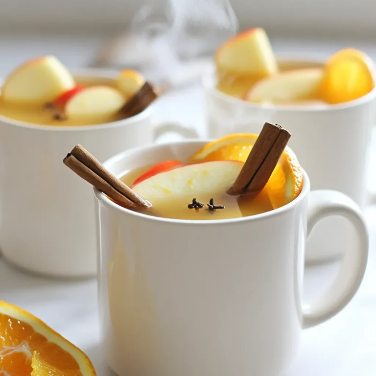 - 4 cups apple cider - 1 large orange (zest and juice) - 4 whole cloves - 2 cinnamon sticks - 1 star anise - 1 tablespoon brown sugar (optional, adjust for sweetness) - 1 teaspoon vanilla extract - 2 cups water - Fresh apple slices and orange wedges for a festive garnish To make mulled apple cider, you need simple yet flavorful ingredients. Apple cider brings the base taste. The zest and juice from a large orange add a bright, citrus flavor. Spices like cloves, cinnamon sticks, and star anise create warmth and depth. You can adjust the sweetness with brown sugar. This is optional, but it can enhance the overall taste. Vanilla extract adds a lovely hint of smoothness. For a fun touch, use fresh apple slices and orange wedges as garnishes. They not only look good but also give an extra burst of flavor. This simple list of ingredients will help you create a warm and cozy drink that brightens up any gathering. 1. Begin by pouring 4 cups of apple cider and 2 cups of water into a medium-sized saucepan. 2. Place the saucepan over medium heat. You want it warm, not boiling. 1. Once warmed, add the zest and juice of 1 large orange to the saucepan. 2. Next, toss in 4 whole cloves, 2 cinnamon sticks, and 1 star anise for flavor. 3. If you like, add 1 tablespoon of brown sugar to sweeten the mix. 4. Gently stir everything to combine and help the sugar dissolve. 1. Bring the mixture to a simmer. Then, lower the heat. Let it simmer for about 20 minutes. 2. This time gives the spices a chance to release their flavors into the cider. 3. After 20 minutes, taste the mulled cider. If you want it sweeter, add more brown sugar. 4. When the flavor is just right, remove the saucepan from the heat. 5. Carefully strain the cider to remove the spices. This leaves you with a smooth drink. 6. Serve the warm mulled cider in cozy mugs. Garnish with fresh apple slices and orange wedges for a festive look. You can easily adjust the sweetness of your mulled apple cider. Start with one tablespoon of brown sugar. Stir it in and taste. If it’s not sweet enough, add more. You can also try natural sweeteners like honey or maple syrup. These add unique flavors. Each option gives you a different twist. To make your cider even more flavorful, think about adding extra spices. Ginger gives a warm kick. Cardamom adds a nice herbal note. You can also choose fresh orange juice over bottled juice. Fresh juice tastes brighter and more vibrant. It really lifts the drink. Make your mulled cider look festive! Rim your mugs with cinnamon sugar. This adds a sweet touch. For garnishing, use fresh apple slices and orange wedges. You can even add a cinnamon stick in each mug. These small details make your cider special and fun to serve. {{image_4}} You can add a kick to your mulled apple cider by including bourbon or rum. These spirits give the cider a warm and rich flavor. - Bourbon: This adds a sweet and smoky note. Use about 1/4 cup per batch. - Rum: This gives a hint of spice and sweetness. A dark rum works best. Use the same amount as bourbon. Both options make your cider feel cozy and festive. Just stir them in after you strain the cider. Feel free to experiment with non-traditional ingredients. You can swap apple cider for pear cider or cranberry juice. - Pear Cider: This gives a light and floral taste. It pairs well with the spices. - Cranberry Juice: This adds a tartness that balances the sweetness of the cider. You can also infuse herbal flavors like mint or basil. These add a fresh taste that brightens your drink. - Mint: Add a few fresh leaves during simmering for a cool twist. - Basil: Use this for an unexpected yet delightful flavor. You can serve mulled apple cider cold, too. This is perfect for summer gatherings. Just chill the cider and serve it over ice. Another fun idea is to pair it with warm desserts. It goes great with apple pie or cinnamon rolls. The warm spices in the cider enhance the sweet treats. These variations keep your mulled cider exciting and suit every taste! To store your mulled apple cider, let it cool down first. Then, pour it into an airtight container. Place it in the fridge. It will stay fresh for about three to five days. If you want to keep it longer, consider freezing it. When you’re ready to enjoy the cider again, pour it back into a saucepan. Heat it gently over low heat. Avoid boiling, as it can affect the taste. Stir occasionally. This way, you keep the rich flavors and aroma intact. If you want to freeze your cider, pour it into freezer-safe containers. Leave some space at the top for expansion. It can last for up to three months in the freezer. When you’re ready to drink it, move it to the fridge overnight. To reheat, warm it in a saucepan over low heat, stirring often to mix the flavors back together. Mulled cider can last in the fridge for about 3 to 5 days. To store it, let it cool completely. Then, pour it into an airtight container. Make sure to label it with the date. This helps keep track of its freshness. Yes, you can use bottled apple cider. Fresh cider tends to have a brighter flavor. It also has more natural sweetness. Bottled cider may have added preservatives. This can change the taste and quality. Always check the label for ingredients. You can try adding more spices for extra flavor. Ginger adds warmth and spice. Cardamom brings a sweet, floral note. Nutmeg gives a cozy, nutty taste. You can also use allspice for a deeper flavor. Experiment to find your favorite mix! You learned how to make delicious mulled apple cider today. We covered key ingredients and step-by-step instructions. I shared tips to customize sweetness, boost flavors, and enhance presentation. You even explored fun variations, like adding bourbon or trying different juices. When stored correctly, your cider can last, and I explained how to reheat or freeze it. Enjoy crafting your perfect cider for any gathering! It’s a warm treat that blends flavors and brings joy.