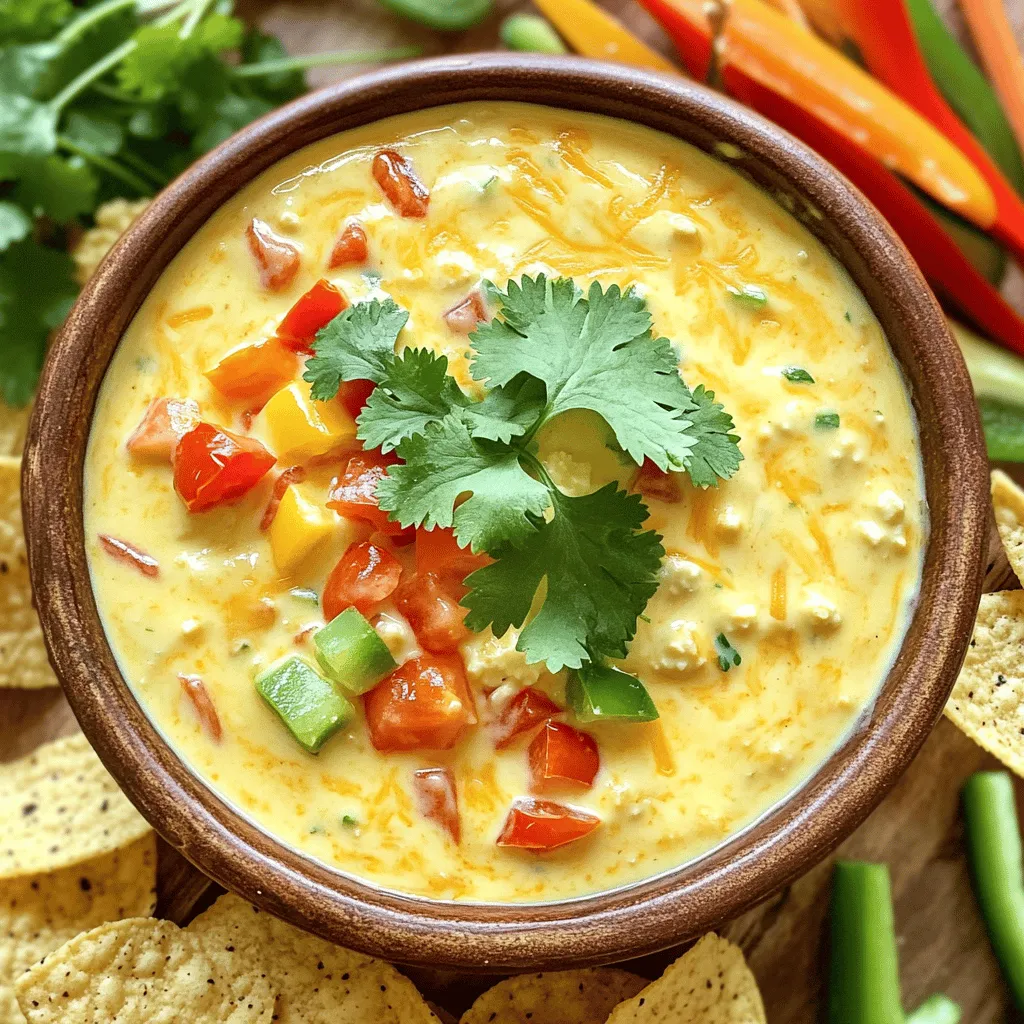 - 1 cup low-fat cottage cheese - 1 cup shredded sharp cheddar cheese - 1/2 cup diced fresh tomatoes - 1/2 cup diced bell pepper - 1/4 cup finely chopped red onion - 1 jalapeño, seeds removed and finely minced (optional for extra heat) - 1 teaspoon garlic powder - 1 teaspoon ground cumin - Salt and black pepper to taste - Fresh cilantro, chopped, for garnish This dish brings a healthy twist to traditional queso. Low-fat cottage cheese adds protein while keeping things creamy. Sharp cheddar gives a bold flavor that pairs well with fresh tomatoes. For added crunch, I love to include diced bell peppers and red onions. They add texture and a fresh taste. If you want some heat, try adding jalapeño. Just remove the seeds for less spice. Seasoning is key. Garlic powder and ground cumin provide depth. Adjust salt and black pepper to make it just right for you. Finally, fresh cilantro brightens the dish and adds color, making it fun to serve. This protein-rich queso is simple and delightful. It works perfectly with tortilla chips or fresh veggies for dipping. 1. Start by placing 1 cup of low-fat cottage cheese into a blender. 2. Add 1 teaspoon of garlic powder, 1 teaspoon of ground cumin, and a small pinch of salt and black pepper. 3. Blend the mixture for about 1-2 minutes. You want it smooth and creamy. 4. Carefully transfer the cottage cheese mixture into a large mixing bowl. 5. Now, stir in 1 cup of shredded sharp cheddar cheese. Use a spatula or a wooden spoon for even mixing. 1. Gently fold in 1/2 cup of diced fresh tomatoes, 1/2 cup of diced bell pepper, and 1/4 cup of finely chopped red onion. 2. If you like some heat, add 1 minced jalapeño, seeds removed. 3. Taste your queso and adjust the seasoning. Add more salt and black pepper if needed. 1. Pour your finished queso into a decorative serving bowl. 2. Garnish with a generous sprinkle of chopped fresh cilantro. 3. Serve with crispy tortilla chips or fresh vegetable sticks for dipping. Enjoy your delicious Protein Cottage Cheese Queso! To get that creamy texture, blend your cottage cheese well. Use a blender or food processor. Blend for about 1-2 minutes until smooth. If you want to avoid lumps, make sure to blend the cottage cheese before adding other ingredients. This helps create a silky base for your queso. If you want to switch up the cheese, use cream cheese or ricotta. Each cheese gives a different taste. For vegan options, try using tofu or a plant-based yogurt. These swaps can still give your dip a creamy feel. Want to spice things up? Add chili powder or cayenne pepper for a kick. You can also use smoked paprika for a deeper flavor. Different types of peppers can change the taste too. Try using poblano or banana peppers for a milder flavor while still keeping it exciting. {{image_4}} You can make this queso even heartier by adding protein. Chicken or turkey works great. Simply shred cooked chicken or turkey and mix it in. Black beans or chickpeas are also excellent choices. They add fiber and protein. Just rinse them well and fold them into the queso. These additions make your queso more filling and nutritious. Try adding new flavors to your queso. For a southwest twist, include corn and diced green chiles. This gives it a nice kick. You can also add spices like smoked paprika or chili powder. If you want a Mediterranean twist, try chopped olives and feta cheese. Both options bring a unique taste to your dish. The way you serve your queso can change the meal. Serve it in tacos or burrito bowls for a fun twist. Just spoon the queso over your choice of fillings. If you prefer a lighter option, use it as a sandwich spread. It adds a creamy layer to your favorite bread. Pair it with tortilla chips or fresh veggies for dipping. Enjoy the versatility of this dish! To keep your Protein Cottage Cheese Queso fresh, store leftovers in an airtight container. This helps prevent drying out. Make sure to refrigerate it within two hours of making. It will stay good in the fridge for about 3 to 5 days. If you notice any changes in smell or color, it’s best to toss it out. Yes, you can freeze queso! It’s a great way to save some for later. Use a freezer-safe container, leaving some space on top for expansion. When you’re ready to enjoy it again, thaw the queso in the fridge overnight. To reheat, place it in a pot over low heat, stirring often. You may need to add a splash of milk to restore creaminess. Heat it just until warm, not boiling, to keep the texture nice. Before serving leftover queso, check its texture. If it seems thick, stir in a little milk or water. This will help it return to a creamy state. Always taste before serving to ensure it still tastes fresh. If it smells off or has changed color, it’s best to discard it for safety. Enjoy your meal! Protein Cottage Cheese Queso is a creamy and flavorful dip. It blends cottage cheese and cheddar for a tasty treat. This dish is rich in protein, making it a smart choice for snacks or meals. Using low-fat cottage cheese keeps it light and healthy. It’s a perfect mix of flavors and textures, thanks to fresh veggies and spices. To add heat to your queso, include diced jalapeños. You can also try red pepper flakes for extra spice. If you like it hot, use spicy cheese instead of sharp cheddar. Mixing in hot sauce is another great way to kick up the heat. Adjust to your taste for the perfect balance. Yes, this recipe works well for meal prep. You can make it ahead and store it in the fridge. Just keep it in an airtight container. It tastes great for up to three days. To serve, reheat it gently on the stove or in the microwave. Enjoy it fresh with chips or veggies! This blog post showed you how to make a tasty, healthy Protein Cottage Cheese Queso. We explored the key ingredients, like low-fat cottage cheese and fresh veggies. Each step helped you blend flavors and textures perfectly. You learned how to store leftovers and personalized your queso with fun variations. Remember, cooking should be fun and flexible. Don’t be afraid to mix it up. Enjoy your queso and share it with friends!