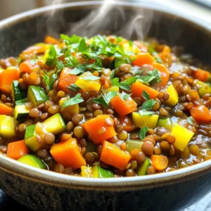- 1 cup green or brown lentils - 3 medium carrots - 2 ribs celery - 1 large onion - 2 cloves garlic - 1 medium zucchini - 1 bell pepper - 1 cup diced tomatoes - 4 cups vegetable broth - Spices and seasonings - Balsamic vinegar - Fresh parsley for garnish Gathering the right ingredients is key to making this rustic lentil vegetable stew. Start with lentils. You can use green or brown ones. They give a hearty base to the stew. Next, grab three medium carrots. Peel and dice them into small pieces. They add a touch of sweetness. Two ribs of celery will add crunch and flavor. Chop them up nicely. A large onion is also essential. Finely chopping it releases a great aroma. Don't forget two cloves of garlic. Mince them for a tasty kick. Now, for the additional ingredients. A medium zucchini adds a nice texture. Pick a bell pepper in any color you like. Dice it up for some vibrant color. You will also need one cup of diced tomatoes. Canned or fresh works just fine. The broth is important. Use four cups of vegetable broth to make it rich. Then, add your favorite spices. Dried thyme, ground cumin, and smoked paprika will work well. Lastly, you can season it with salt and freshly cracked pepper. If you want a little extra flair, balsamic vinegar is a great option. It adds tanginess. Fresh parsley is perfect for garnish. It gives the stew a lovely finish. Now that you have everything ready, you’re set to create a warm and hearty meal! - Rinse lentils thoroughly to remove any dirt. - Chop the carrots, celery, onion, garlic, zucchini, and bell pepper into small pieces. - Heat two tablespoons of olive oil in a medium skillet. - Add the chopped onion and minced garlic. Sauté until the onion turns clear, about five minutes. - Transfer the sautéed onion and garlic mixture into your slow cooker. - Add the diced carrots, celery, zucchini, bell pepper, and rinsed lentils. - Pour in one cup of diced tomatoes and four cups of vegetable broth. - Sprinkle in the dried thyme, ground cumin, smoked paprika, and season with salt and pepper. Stir well to mix everything. - Set the slow cooker on low for six to eight hours. - Alternatively, use the high setting for four to five hours. Cook until lentils and veggies are soft. - Once cooking is done, taste your stew and adjust the seasoning if needed. - For a tangy flavor, stir in one tablespoon of balsamic vinegar just before serving. - Serve hot, garnished with freshly chopped parsley for a bright touch. To make your stew burst with flavor, I suggest using the right spices. The three I love are: - 1 teaspoon dried thyme - 1 teaspoon ground cumin - 1 teaspoon smoked paprika These spices give depth and warmth. Fresh herbs can also elevate your dish. I like adding fresh parsley at the end. It adds a bright touch and a fresh taste. Avoiding mushy lentils is key. Rinse them well before cooking. This helps remove excess starch. Also, don't overcook them in the slow cooker. Use the low setting for 6-8 hours. This allows the lentils to stay firm. If you’re short on time, choose the high setting for 4-5 hours. Pair your stew with great sides. A crusty bread is perfect. It soaks up the stew's rich broth nicely. You might also enjoy a simple salad. This adds crunch and freshness. Enjoy your meal with family and friends. It's a dish that brings everyone together! {{image_4}} You can swap zucchini and bell pepper with other veggies. Try yellow squash or green beans. They add a nice crunch and flavor. Seasonal vegetables work great too. In fall, add butternut squash or sweet potatoes. In winter, consider root veggies like parsnips or turnips. Each change gives the stew a new taste. You can add meat to this stew for extra protein. Diced chicken or beef works well. Just brown the meat first, then add it to the slow cooker. For plant-based options, consider adding chickpeas or tofu. Both will keep the stew hearty and filling. Want some heat? Add spices like cayenne or red pepper flakes. They bring a warm kick to every bite. Fresh chili peppers also work well. Try jalapeños or serranos for a spicy twist. Just chop them up and mix them in. Adjust the amount based on your heat preference. To store leftovers, let the stew cool first. Then, transfer it into containers. I recommend using airtight containers. This keeps the stew fresh and prevents it from drying out. Label the containers with the date. This way, you can track how long it has been stored. To freeze the stew, pour it into freezer-safe bags or containers. Leave some space at the top for expansion. This helps avoid spills and mess. When ready to eat, take it out from the freezer. Thaw in the fridge overnight or use the microwave. Reheat on the stove or in the microwave. Make sure it's hot all the way through before serving. In the refrigerator, the stew lasts about 3-5 days. Always check for any off smells or changes in color. In the freezer, it can last up to 3 months. Just remember to label it with the date. This helps you enjoy your stew at its best! Yes, you can use dried lentils. They are great for stews. To prepare them, rinse the lentils under cool water. Soak them for 1-2 hours if you want to speed up cooking. If you don’t soak, just add them to the stew. They will cook well in the slow cooker with the other ingredients. To thicken your stew, try these simple tips: - Mash some lentils: Use a fork or a potato masher to mash a part of the lentils. This adds creaminess. - Add a thickener: Stir in a spoonful of cornstarch mixed with water. This will help bind the stew. - Simmer longer: If you have time, let it cook longer with the lid off. This reduces liquid and thickens the stew. Yes, you can cook this stew on the stove. Here’s how: - Use a pot: Start by sautéing the onion and garlic in a pot on medium heat. - Add the rest: Then add all the vegetables and lentils with broth. - Simmer: Bring to a boil, then lower to a simmer. Cook for 30-40 minutes until lentils are tender. This method gives you a tasty stew in less time! This blog post covered how to make a delicious lentil stew. We looked at key ingredients, step-by-step cooking methods, storage tips, and fun variations. Now you can make a hearty meal that fits any taste. Share it with friends or store leftovers for later. Enjoy the warming flavors and ease of this dish in your kitchen. Happy cooking!