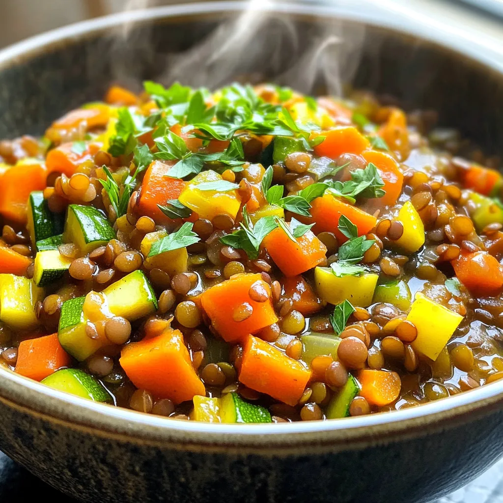 - 1 cup green or brown lentils - 3 medium carrots - 2 ribs celery - 1 large onion - 2 cloves garlic - 1 medium zucchini - 1 bell pepper - 1 cup diced tomatoes - 4 cups vegetable broth - Spices and seasonings - Balsamic vinegar - Fresh parsley for garnish Gathering the right ingredients is key to making this rustic lentil vegetable stew. Start with lentils. You can use green or brown ones. They give a hearty base to the stew. Next, grab three medium carrots. Peel and dice them into small pieces. They add a touch of sweetness. Two ribs of celery will add crunch and flavor. Chop them up nicely. A large onion is also essential. Finely chopping it releases a great aroma. Don't forget two cloves of garlic. Mince them for a tasty kick. Now, for the additional ingredients. A medium zucchini adds a nice texture. Pick a bell pepper in any color you like. Dice it up for some vibrant color. You will also need one cup of diced tomatoes. Canned or fresh works just fine. The broth is important. Use four cups of vegetable broth to make it rich. Then, add your favorite spices. Dried thyme, ground cumin, and smoked paprika will work well. Lastly, you can season it with salt and freshly cracked pepper. If you want a little extra flair, balsamic vinegar is a great option. It adds tanginess. Fresh parsley is perfect for garnish. It gives the stew a lovely finish. Now that you have everything ready, you’re set to create a warm and hearty meal! - Rinse lentils thoroughly to remove any dirt. - Chop the carrots, celery, onion, garlic, zucchini, and bell pepper into small pieces. - Heat two tablespoons of olive oil in a medium skillet. - Add the chopped onion and minced garlic. Sauté until the onion turns clear, about five minutes. - Transfer the sautéed onion and garlic mixture into your slow cooker. - Add the diced carrots, celery, zucchini, bell pepper, and rinsed lentils. - Pour in one cup of diced tomatoes and four cups of vegetable broth. - Sprinkle in the dried thyme, ground cumin, smoked paprika, and season with salt and pepper. Stir well to mix everything. - Set the slow cooker on low for six to eight hours. - Alternatively, use the high setting for four to five hours. Cook until lentils and veggies are soft. - Once cooking is done, taste your stew and adjust the seasoning if needed. - For a tangy flavor, stir in one tablespoon of balsamic vinegar just before serving. - Serve hot, garnished with freshly chopped parsley for a bright touch. To make your stew burst with flavor, I suggest using the right spices. The three I love are: - 1 teaspoon dried thyme - 1 teaspoon ground cumin - 1 teaspoon smoked paprika These spices give depth and warmth. Fresh herbs can also elevate your dish. I like adding fresh parsley at the end. It adds a bright touch and a fresh taste. Avoiding mushy lentils is key. Rinse them well before cooking. This helps remove excess starch. Also, don't overcook them in the slow cooker. Use the low setting for 6-8 hours. This allows the lentils to stay firm. If you’re short on time, choose the high setting for 4-5 hours. Pair your stew with great sides. A crusty bread is perfect. It soaks up the stew's rich broth nicely. You might also enjoy a simple salad. This adds crunch and freshness. Enjoy your meal with family and friends. It's a dish that brings everyone together! {{image_4}} You can swap zucchini and bell pepper with other veggies. Try yellow squash or green beans. They add a nice crunch and flavor. Seasonal vegetables work great too. In fall, add butternut squash or sweet potatoes. In winter, consider root veggies like parsnips or turnips. Each change gives the stew a new taste. You can add meat to this stew for extra protein. Diced chicken or beef works well. Just brown the meat first, then add it to the slow cooker. For plant-based options, consider adding chickpeas or tofu. Both will keep the stew hearty and filling. Want some heat? Add spices like cayenne or red pepper flakes. They bring a warm kick to every bite. Fresh chili peppers also work well. Try jalapeños or serranos for a spicy twist. Just chop them up and mix them in. Adjust the amount based on your heat preference. To store leftovers, let the stew cool first. Then, transfer it into containers. I recommend using airtight containers. This keeps the stew fresh and prevents it from drying out. Label the containers with the date. This way, you can track how long it has been stored. To freeze the stew, pour it into freezer-safe bags or containers. Leave some space at the top for expansion. This helps avoid spills and mess. When ready to eat, take it out from the freezer. Thaw in the fridge overnight or use the microwave. Reheat on the stove or in the microwave. Make sure it's hot all the way through before serving. In the refrigerator, the stew lasts about 3-5 days. Always check for any off smells or changes in color. In the freezer, it can last up to 3 months. Just remember to label it with the date. This helps you enjoy your stew at its best! Yes, you can use dried lentils. They are great for stews. To prepare them, rinse the lentils under cool water. Soak them for 1-2 hours if you want to speed up cooking. If you don’t soak, just add them to the stew. They will cook well in the slow cooker with the other ingredients. To thicken your stew, try these simple tips: - Mash some lentils: Use a fork or a potato masher to mash a part of the lentils. This adds creaminess. - Add a thickener: Stir in a spoonful of cornstarch mixed with water. This will help bind the stew. - Simmer longer: If you have time, let it cook longer with the lid off. This reduces liquid and thickens the stew. Yes, you can cook this stew on the stove. Here’s how: - Use a pot: Start by sautéing the onion and garlic in a pot on medium heat. - Add the rest: Then add all the vegetables and lentils with broth. - Simmer: Bring to a boil, then lower to a simmer. Cook for 30-40 minutes until lentils are tender. This method gives you a tasty stew in less time! This blog post covered how to make a delicious lentil stew. We looked at key ingredients, step-by-step cooking methods, storage tips, and fun variations. Now you can make a hearty meal that fits any taste. Share it with friends or store leftovers for later. Enjoy the warming flavors and ease of this dish in your kitchen. Happy cooking!
