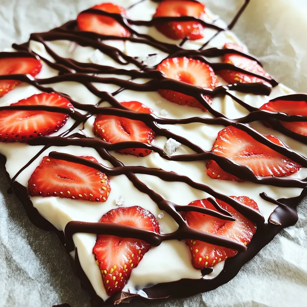- 2 cups Greek yogurt (plain or vanilla) - 1 cup fresh strawberries, hulled and thinly sliced - ½ cup dark chocolate chips or ½ cup dark chocolate, chopped for melting - 2 tablespoons honey or maple syrup (optional, for added sweetness) - ¼ teaspoon vanilla extract (optional, enhances flavor) - A pinch of sea salt For this Chocolate Covered Strawberry Yogurt Bark, I love using Greek yogurt. It gives a rich and creamy base. You can choose plain or vanilla yogurt based on your taste. Fresh strawberries add bright color and sweet flavor, making each bite a joy. I often toss in dark chocolate chips. They melt beautifully and create a nice contrast with the yogurt. If you want a sweeter treat, add honey or maple syrup to the yogurt mix. A dash of vanilla extract boosts the flavor even more. Finally, a pinch of sea salt brings out the sweetness and adds depth to the dish. Feel free to experiment with these ingredients. The main items are key for texture and taste, while the optional ones let you customize it to your liking. - In a large bowl, combine 2 cups of Greek yogurt, 2 tablespoons of honey or maple syrup, and ¼ teaspoon of vanilla extract. - Mix until smooth and creamy. This step sets a tasty base for your bark. - Line a baking sheet (about 9x13 inches) with parchment paper. - Pour the yogurt mixture onto the sheet and spread it evenly. Aim for a thickness of about ½ inch. This helps it freeze well. - Take 1 cup of fresh strawberries and slice them thinly. - Carefully place the strawberry slices over the yogurt. Press them gently into the yogurt. This makes sure they stay put. - In a microwave-safe bowl, add ½ cup of dark chocolate chips. - Microwave in 20-30 second intervals, stirring after each one. Stop when the chocolate is smooth. Be careful not to overheat! - Once melted, drizzle the chocolate over the yogurt and strawberries. - Use a spoon or piping bag to make a crisscross pattern. This adds a fun touch! - Place the baking sheet in the freezer. - Allow it to freeze for 3-4 hours. It should be firm to the touch when done. - After freezing, take the bark out and let it sit for 5 minutes at room temperature. - Break or cut the bark into pieces. You can use your hands or a knife for this. - Serve immediately for a cool treat. - Store any leftovers in an airtight container in the freezer for later. This way, you can satisfy your sweet cravings anytime! Mixing the yogurt well is key to a great texture. When you add honey or vanilla, use a whisk or spatula. This will help break up lumps. Ensure every part of the yogurt is creamy. A smooth base makes the bark more enjoyable. Melting chocolate takes care and patience. Use a microwave-safe bowl. Heat the chocolate in short bursts of 20-30 seconds. Stir it after each burst. This helps prevent overheating. If you see it starting to melt, stop heating. Smooth chocolate creates a nice drizzle. Cutting the bark can be tricky. A warm knife works wonders. Run the knife under hot water, then dry it. This helps the knife glide through the frozen yogurt. If you want, you can use your hands to break the bark too. This gives a fun, rustic look. {{image_4}} You can switch up the strawberries for other fruits. Bananas work well for a creamy taste. Blueberries add a nice pop of color and flavor. You can even mix fruits for more fun. Try layering different fruits for a colorful treat! You don’t have to stick with dark chocolate. White chocolate gives a sweet, creamy taste. Milk chocolate adds a nice balance of sweetness. Each choice changes the overall flavor. Experiment and find your favorite! If you want it sweeter, add more honey or maple syrup. You can also use sweeteners like agave or stevia. Adjust the sweetness to fit your taste. Just remember to mix it well so it blends evenly! To keep your yogurt bark fresh, use an airtight container. This helps prevent freezer burn. I recommend placing parchment paper between layers if you stack pieces. This way, they won’t stick together. Freezing yogurt bark is simple. Lay the baking sheet flat in the freezer. Avoid overcrowding to keep the air circulating. This helps maintain a smooth texture without ice crystals. Check for firmness after a few hours. Your yogurt bark will last up to two months in the freezer. After that, it may lose some flavor and texture. For the best taste, enjoy it sooner rather than later. Yes, you can use non-dairy yogurt! Almond, coconut, or soy yogurt works well. These options can add a unique taste to your yogurt bark. Make sure to choose plain or vanilla flavors for the best results. Absolutely! Adding nuts or seeds can give your bark great texture. Try chopped almonds, walnuts, or sunflower seeds. They will add crunch and flavor, making each bite more exciting. Yes, this treat is healthy! Greek yogurt provides protein and probiotics. Strawberries are full of vitamins and antioxidants. Dark chocolate offers heart-healthy benefits, too. The balance of these ingredients makes this bark a nutritious snack. To adjust sweetness, use honey or maple syrup. For a sweeter treat, add more sweetener. If you prefer less sweetness, reduce the amount. Taste the yogurt mixture before freezing to find your perfect balance! This yogurt bark recipe is simple and fun. You mix Greek yogurt with your favorite fruits and chocolate to create a tasty snack. Remember to freeze it for a few hours before serving. You can play with flavors and toppings, too. Try different fruits or switch the chocolate. Overall, you can make this treat to fit your taste. Enjoy a sweet and healthy snack that is easy to make!