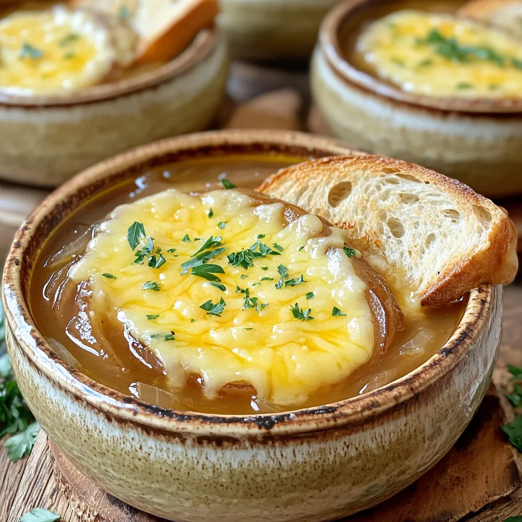 To make Slow Cooker French Onion Soup, gather these ingredients: - 4 large yellow onions, thinly sliced - 4 cloves garlic, minced - 4 cups beef broth (or vegetable broth for a vegetarian option) - 2 cups water - 2 tablespoons olive oil - 2 tablespoons unsalted butter - 1 teaspoon sugar - 1 teaspoon dried thyme - 1 bay leaf - Salt and pepper to taste - 1 baguette, sliced into 1-inch pieces - 2 cups shredded Gruyère cheese (or a mix of Gruyère and mozzarella for extra creaminess) Each ingredient plays a key role in building flavor. The onions bring sweetness and depth, while garlic adds that aromatic touch. The beef or vegetable broth forms the soup's base, making it rich and savory. Olive oil and butter combine to sauté the onions, allowing them to caramelize beautifully. Sugar helps with that lovely golden color. Seasonings like thyme, bay leaf, salt, and pepper round out the flavor. Finally, the baguette and cheese create a perfect topping, adding texture and richness to each bowl. This simple yet delightful list of ingredients ensures a warm, comforting meal that you can enjoy any time. Start by heating a large skillet over medium heat. Add 2 tablespoons of olive oil and 2 tablespoons of unsalted butter. Let them melt together. This mix creates a rich base for your soup. Next, add 4 large yellow onions, thinly sliced, to the skillet. Stir them often for about 15 minutes. You want them to turn a lovely golden brown. This caramelization brings sweet flavor to the soup. Once the onions are golden, stir in 4 cloves of minced garlic, 1 teaspoon of sugar, 1 teaspoon of dried thyme, and a pinch of salt and pepper. Keep cooking for another 5 minutes. The garlic will become fragrant, adding even more depth to the dish. Carefully transfer the caramelized onion mixture to the slow cooker. Make sure to scrape all the tasty bits from the skillet. Now pour in 4 cups of beef broth and 2 cups of water. Add 1 bay leaf to the mix. Stir everything together until well combined. This blend of liquids will create a rich, savory broth. Cover the slow cooker and set it to low heat. Let the soup cook for 6 to 8 hours. The onions will become very soft, and the flavors will meld beautifully. When your cooking time is done, remove the bay leaf. Taste the soup and adjust the seasoning with more salt and pepper if needed. This step enhances the soup's flavor, making it just right for serving. Now, preheat your oven’s broiler. This is the last step before serving. Prepare to enjoy a warm, comforting bowl of French onion soup topped with melted cheese! To get perfect caramelized onions, use a heavy skillet. Start with medium heat to avoid burning. Stir the onions often, letting them cook slowly. This helps to bring out their natural sweetness. Add a pinch of sugar after a few minutes. This can help speed up the caramelization process. If you notice them browning too fast, lower the heat. Keep an eye on them for the best results. Seasoning is key to a great soup. I suggest using salt and pepper to taste. Dried thyme adds depth, but fresh thyme can brighten the flavor. If you like, try adding a splash of balsamic vinegar for extra tang. For dietary needs, you can swap beef broth for vegetable broth. For a vegan option, skip the cheese or use a plant-based version. This way, everyone can enjoy the soup without worry. When it's time to serve, use nice oven-safe bowls. Ladle the soup into them, then top with baguette slices and cheese. Broil until the cheese is melted and bubbly, but watch closely! To make it look pretty, sprinkle some fresh parsley on top. Serve with extra toasted baguette slices on the side. The crunch pairs well with the rich soup, making each bite delightful. {{image_4}} For a vegetarian version of this soup, use vegetable broth instead of beef broth. It adds great flavor without meat. If you want to go vegan, choose a cheese alternative. Nutritional yeast works well for a cheesy taste without dairy. You can also try almond or cashew cheese. These options keep your soup rich and tasty. Gruyère cheese is the classic choice for French onion soup. It melts beautifully and gives a nutty flavor. You can mix it with mozzarella for extra creaminess. Other cheeses like cheddar or fontina can also work well. For an extra touch, try adding a sprinkle of Parmesan on top. This gives a nice crust when broiled. Want to spice things up? Add a pinch of red pepper flakes for heat. You can also stir in some smoked paprika for a rich flavor. Fresh herbs like parsley or chives can brighten the soup. Thyme is already in the recipe, but you can add rosemary or oregano for more depth. Just remember to balance the flavors to keep the soup comforting. To keep your French onion soup fresh, store it in the fridge. Place it in airtight containers. This helps avoid any strong odors from other foods. Leftovers can last up to three days. For best taste, eat it sooner rather than later. When reheating, use a pot on the stove or a microwave. If using a pot, heat it on low. Stir often to keep it from sticking. In the microwave, use a safe bowl and cover it loosely. Heat in short intervals, stirring in between. This keeps the soup smooth and tasty. To freeze your soup, let it cool completely first. Then, pour it into freezer-safe containers. Leave some space at the top for expansion. It can last up to three months in the freezer. When ready to eat, thaw it overnight in the fridge. Reheat as mentioned above for the best flavor. Yes, you can make this soup ahead of time. It tastes even better the next day. I suggest making it up to two days in advance. Keep it in the fridge in an airtight container. When you're ready to serve, reheat it on the stove or in the microwave. To make French onion soup in a pot, start by caramelizing the onions in a large pot over medium heat. Use olive oil and butter, just like before. Cook the onions for about 15 to 20 minutes until they turn golden brown. Then, add the garlic, sugar, thyme, salt, and pepper. Pour in the broth and water. Let it simmer for 30 to 40 minutes on low heat. This method cooks faster than the slow cooker but still gives you great flavor. This soup pairs well with a green salad or a simple side of roasted vegetables. You can also serve it with crusty bread or garlic bread for dipping. For wine, a nice red like Merlot or a dry white like Sauvignon Blanc works great. These wines enhance the rich flavors of the soup. French onion soup is rich in flavor and easy to make. We covered the key ingredients, from onions and garlic to rich broth and cheese. I shared tips for caramelizing onions and enhancing flavors with seasonings. You can explore variations like vegetarian options and spicy additions. Plus, I provided storage methods and reheating tips to enjoy leftovers. This soup is perfect for gatherings or a cozy night in. You now have the tools to create a delicious meal that warms both heart and belly. Enjoy each flavorful sip!