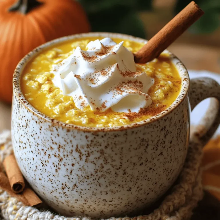 To make a delicious Pumpkin Oatmeal Latte, gather the following ingredients: - 1 cup rolled oats - 2 cups water - 1 cup milk (your choice of dairy or non-dairy) - 1/2 cup pumpkin puree - 2 tablespoons maple syrup (or honey for sweetness) - 1 teaspoon pumpkin pie spice (or a blend of cinnamon, nutmeg, and ginger) - 1/2 teaspoon vanilla extract - A pinch of salt - Optional toppings: whipped cream, cinnamon stick Each ingredient adds its own special touch. Rolled oats give a nice, creamy base. Water helps cook the oats to the right texture. Milk adds richness, while pumpkin puree brings in that lovely fall flavor. Maple syrup or honey adds a sweet note. Pumpkin pie spice gives warmth and depth. Vanilla extract brings all the flavors together, and salt enhances everything. Toppings like whipped cream and a cinnamon stick make it feel extra special. Now that you have your ingredients ready, you'll be all set to create this cozy drink! Start by boiling 2 cups of water in a medium saucepan. When the water bubbles, add 1 cup of rolled oats and a pinch of salt. This will help the oats taste great. Lower the heat to a gentle simmer. Cook the oats for about 5 to 7 minutes. Stir them often until they get creamy and soak up most of the water. In another saucepan, mix 1 cup of milk, 1/2 cup of pumpkin puree, 2 tablespoons of maple syrup, 1 teaspoon of pumpkin pie spice, and 1/2 teaspoon of vanilla extract. Heat this mixture over medium-low heat. Stir it well so it warms up but does not boil. Heating slowly keeps the flavors rich and smooth. Once the oats are creamy, pour them into the pumpkin mixture. Stir everything together until smooth and well-mixed. Now, it’s time to serve! Fill your mugs about three-quarters full with this tasty blend. For a special touch, add whipped cream on top. A sprinkle of cinnamon or extra pumpkin pie spice makes it look nice. You can even add a cinnamon stick for a cozy vibe. Enjoy your Pumpkin Oatmeal Latte! To make creamy oats, start by boiling water. Use 2 cups for 1 cup of oats. Stir the oats in once the water boils. Cook them on low heat for about 5 to 7 minutes. Stir often to prevent sticking. This keeps them smooth and creamy. For the pumpkin mixture, heat it low and slow. Combine milk, pumpkin puree, and spices in a separate pot. Stir frequently and avoid boiling. If it boils, the mixture can become grainy. Adjust the sweetness to fit your taste. Start with 2 tablespoons of maple syrup. If you prefer more sweetness, add more syrup or honey. You can try different sweeteners. Brown sugar adds a rich flavor. Coconut sugar lends a caramel taste. Each option can change the latte's vibe. Garnishing makes your latte look amazing. Top each mug with whipped cream for a rich feel. A sprinkle of cinnamon or nutmeg adds a cozy touch. Consider using a cinnamon stick as a stirrer. This adds flavor and looks elegant. For a complete feel, serve the latte with pumpkin bread or a warm croissant. Enjoy the perfect autumn treat! {{image_4}} You can change the spices in your Pumpkin Oatmeal Latte for a new taste. Instead of pumpkin pie spice, try chai spice for a warm kick. You can also use flavored syrups like vanilla or caramel for extra sweetness. Just add a splash to the milk mixture. This small change can really make a big difference in flavor. If you want a vegan option, swap regular milk for almond or oat milk. You can also use maple syrup instead of honey. For gluten-free needs, make sure your oats are labeled gluten-free. If you have nut allergies, stick to dairy milk or coconut milk. These swaps keep your drink safe and tasty. You can add fun toppings to make your latte unique. Try a sprinkle of cranberries or sliced apples for a fall twist. For the holidays, add peppermint or nutmeg to the mix. You might also add some crushed gingerbread cookies on top. These changes make this drink perfect for any season. To store your pumpkin oatmeal latte, let it cool first. Then, pour it into a clean container. Seal it well and place it in the fridge. It will stay fresh for about 3 days. When you want to enjoy it again, pour the latte into a saucepan. Heat it on low, stirring until warm. You can also microwave it in short bursts, stirring in between. For best taste, keep toppings separate. If you used whipped cream, add it fresh when serving. A cinnamon stick can also be added for extra flavor later. To make mornings easier, prep your ingredients in advance. You can measure out the oats and spices. Store them in small containers. This way, you can quickly cook the oats when ready. Consider batch cooking the latte. Make a larger portion and store it in the fridge. This lets you enjoy a warm cup over a few days. Just remember to stir well after reheating. Yes, you can freeze your pumpkin oatmeal latte! Pour the cooled latte into an ice cube tray or freezer-safe container. Leave some space at the top, as liquids expand when frozen. When you're ready to enjoy it, take out the cubes or container. Let it thaw in the fridge overnight. You can also warm it up on the stove. Just stir well while heating to bring back that creamy texture. A Pumpkin Oatmeal Latte is a warm, cozy drink. It blends creamy oats with pumpkin puree. You get a rich, flavorful mix of spices too. This drink is perfect for fall and cold days. Yes, you can! Try using cooked rice or quinoa instead. Both give a nice texture. You can also skip the grains for a smooth pumpkin drink. To make this latte vegan, swap out regular milk for almond or oat milk. Use maple syrup instead of honey for sweetness. Check your pumpkin puree to ensure it's vegan too. You can use mashed sweet potato or butternut squash. Both add a similar flavor. Applesauce is another option if you want a sweeter drink. This latte stays fresh for about three days in the fridge. Store it in a sealed container. When you reheat it, stir well to mix any settled ingredients. In this blog post, I shared how to make a delicious pumpkin oat latte. You learned about the ingredients, cooking steps, and tips for perfecting the recipe. I also offered options for variations and storage. Remember, cooking is flexible. Feel free to adjust flavors to your liking. Enjoy this cozy drink any time of the year! Your homemade pumpkin oat latte is just a few simple steps away. Savor each warm and tasty sip.