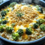 - 1 cup brown rice (white rice can also be used for quicker cooking) - 2 cups fresh broccoli florets - 1 cup shredded cheddar cheese, divided - 1/2 cup cream cheese, softened I love using brown rice in this dish. It gives a nutty taste and extra fiber. White rice cooks faster but still works great. Fresh broccoli florets add color and crunch. The blend of cheddar and cream cheese makes it super cheesy and creamy. - 1 small onion, finely diced - 2 cloves garlic, minced - 1 teaspoon dried thyme - 1 teaspoon paprika Onion and garlic bring a strong flavor base. I sauté them until they are soft and fragrant. Thyme and paprika add warmth and depth to the dish. They make each bite interesting and tasty. - 3 cups vegetable broth (or substitute with chicken broth for a non-vegetarian option) - 1/2 cup breadcrumbs for extra crunch Using vegetable broth makes this dish vegetarian-friendly. It adds a savory flavor that makes everything come together. Breadcrumbs on top create a nice crunch. They make the casserole feel extra special. To start, heat 2 tablespoons of olive oil in a large pot over medium heat. Once the oil is hot, add 1 small, finely diced onion. Sauté the onion for about 3-4 minutes. You want it to be translucent and fragrant. This step builds a great base for flavor. Next, stir in 2 minced cloves of garlic. Cook for another 1-2 minutes. The garlic should become aromatic and add a lovely depth to your dish. Now, it’s time to toast the rice. Add 1 cup of brown rice to the pot. Stir constantly for 2-3 minutes. This toasting enhances the rice's nutty flavor. Be careful not to let it burn. After toasting, pour in 3 cups of vegetable broth. You can also use chicken broth if you prefer. Bring this mix to a boil. Once boiling, reduce the heat to low. Cover the pot and let it simmer. For brown rice, cook for about 40-45 minutes or 15-20 minutes for white rice. When the rice is tender, stir in 2 cups of fresh broccoli florets. Add 1/2 cup of softened cream cheese and half of the 1 cup of shredded cheddar cheese. Mix until everything is well combined. Now, sprinkle in 1 teaspoon of dried thyme and 1 teaspoon of paprika. Season with salt and pepper to taste. Stir again and cook on low heat for 5-7 minutes. You want the broccoli to be bright green and tender. For the final touch, sprinkle breadcrumbs over the top if you want extra crunch. Then add the remaining shredded cheddar cheese. Cover the pot and let it sit on low heat for 5 minutes. This helps melt the cheese and crisp up the breadcrumbs, adding a delicious topping. To make perfect rice, rinse it first. This removes excess starch and keeps it from getting sticky. For brown rice, cook it in broth for extra flavor. Bring the broth to a boil before adding rice. Then, cover the pot and let it simmer. Check the rice after 40-45 minutes. For white rice, it cooks faster, about 15-20 minutes. When cooking broccoli, add it near the end. This keeps it bright green and crunchy. Steam it in the pot with the rice for about 5-7 minutes. You want it tender but not mushy. To boost the flavor, try adding extra spices. A pinch of cayenne gives a hint of heat. You can also use garlic powder for an added kick. For a fresh taste, squeeze in some lemon juice before serving. If you want to switch up the cheese, use mozzarella or pepper jack. Each cheese adds a unique flavor. Cream cheese can be swapped for ricotta for a lighter base. For a stunning dish, serve it directly from the pot. Use a large spoon for easy scooping. For individual servings, use colorful bowls. To make it look festive, sprinkle extra cheese on top. Add fresh herbs like parsley or thyme for a pop of color. A light drizzle of olive oil can also enhance the look. Enjoy this dish, and impress your guests with its beauty! {{image_4}} You can add protein to the casserole for a heartier meal. Cooked chicken is a popular choice. Just shred it and mix it in with the rice and cheese. If you prefer plant-based options, you can add tofu. Simply cube it and sauté it with the onion and garlic for flavor. This recipe works for both vegetarians and meat lovers, making it versatile for any meal. Feel free to get creative with vegetables! You can swap in carrots, peas, or even spinach. These options add color and nutrients. Seasonal veggies like zucchini or bell peppers also work well. Consider what’s fresh at the market. Using seasonal vegetables can boost the flavor and make the dish even more delightful. If you need a gluten-free version, simply use gluten-free rice and broth. For those seeking a vegan dish, swap out the cream cheese and cheddar for plant-based alternatives. You can also reduce calories by using cauliflower rice instead of regular rice. This change keeps the dish light while still being tasty. Low-carb options are easy to achieve with these simple swaps. To keep your One-Pot Cheesy Broccoli Rice Casserole fresh, store leftovers in an airtight container. Let the casserole cool for about 30 minutes before sealing it. This helps prevent moisture buildup. Refrigerate it for up to 4 days. When ready to eat, you can reheat it in the microwave or on the stove. You can freeze this casserole for later use. First, let it cool completely. Then, cut it into serving-sized portions. Wrap each portion tightly in plastic wrap. After that, place them in a freezer-safe bag or container. Label the bag with the date. You can freeze it for up to 3 months. For reheating, take the casserole out of the freezer and let it thaw overnight in the fridge. To warm it up, place it in a baking dish and cover it with foil. Bake at 350°F (175°C) for about 20-25 minutes. If it seems dry, add a splash of vegetable broth or water before heating. Enjoy that cheesy goodness! I prefer brown rice for its nutty flavor and fiber. Brown rice takes longer to cook, about 40-45 minutes. White rice cooks faster, only needing 15-20 minutes. If you are short on time, go for white rice. Both options work well in this dish and taste great. Yes, you can prep this casserole ahead of time. You can cook the rice and broccoli earlier in the day. Then, mix in the cheeses and seasonings right before serving. Store it in the fridge in a sealed container. When you're ready, just heat it up on the stove or in the oven. To add creaminess, use more cream cheese. You can also add a splash of heavy cream or half-and-half. Stir these in when you mix in the cheeses. For extra cheesy flavor, feel free to add more cheddar cheese as well. This blog post covered how to make a creamy rice casserole. We explored main ingredients like rice, broccoli, and cheese. You learned how to cook rice and prepare aromatics. I also shared tips to enhance flavor and presented variations for dietary needs. For a delicious dish, don't be afraid to mix it up. Use your favorite veggies or proteins. Enjoy making this recipe your own! With simple steps and a few tricks, you'll impress everyone at the table. Happy cooking!