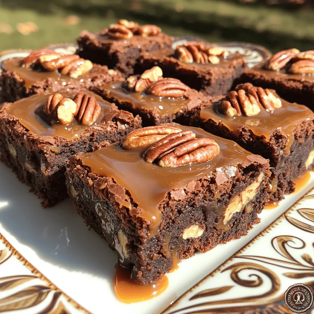 - 1 cup unsalted butter - 2 cups granulated sugar - 4 large eggs - 1 teaspoon pure vanilla extract - 1 cup all-purpose flour - 1 cup unsweetened cocoa powder - 1/2 teaspoon baking powder - 1/4 teaspoon salt - 1 cup pecans, coarsely chopped - 1 cup caramel sauce - 1 cup semi-sweet chocolate chips You can swap unsalted butter for coconut oil or margarine. This change keeps the brownies rich and moist. If you want a deeper flavor, use brown sugar instead of granulated sugar. It adds a hint of caramel taste. For a lighter option, use whole wheat flour or almond flour. These flours can change the texture but still taste great. You can also try gluten-free flour blends if needed. Feel free to mix and match! 1. Preheat your oven to 350°F (175°C). This helps the brownies bake evenly. 2. Prepare a 9x13 inch baking pan. Grease it with butter or line it with parchment paper. This makes removal easy later. 1. Melt 1 cup of unsalted butter in a medium saucepan over low heat. Stir it gently to avoid burning. 2. Once melted, remove from heat. Add 2 cups of granulated sugar and mix well. You want it smooth. 3. Let the mixture cool for a few minutes. Then add 4 large eggs one by one. Mix well after each egg. 4. Stir in 1 teaspoon of pure vanilla extract until blended in. 1. In another bowl, whisk together 1 cup of all-purpose flour, 1 cup of unsweetened cocoa powder, 1/2 teaspoon of baking powder, and 1/4 teaspoon of salt. This step is key for good texture. 2. Gradually add the dry mix into the butter mixture. Use a spatula to stir gently. A few lumps are okay. 3. Carefully fold in 1 cup of coarsely chopped pecans and 1 cup of semi-sweet chocolate chips. This adds great flavor and crunch. 1. Pour half of the brownie batter into the prepared baking pan. Use a spatula to spread it evenly. 2. Drizzle half of the 1 cup of caramel sauce over the batter. Let some sauce seep in for pockets of gooeyness. 3. Spoon the remaining brownie batter on top, smoothing it out. Drizzle the rest of the caramel sauce on top. 4. With a knife or skewer, gently swirl the caramel into the brownie batter. This creates a lovely marbled effect. 5. Bake in the preheated oven for 25-30 minutes. A toothpick inserted should come out with moist crumbs, not wet. 6. Allow the brownies to cool completely in the pan on a wire rack before cutting them into squares. To avoid dry brownies, focus on the baking time. Start checking at 25 minutes. When a toothpick comes out with moist crumbs, they are done. Overbaking leads to dryness. Use room temperature ingredients to help with even baking. This includes eggs and butter. Mixing them well helps create a smooth batter. For a beautiful presentation, serve the brownies on a nice platter. Drizzle extra caramel sauce on top. This adds a rich look and taste. Sprinkle more chopped pecans for extra crunch and flair. Pairing your brownies with a scoop of vanilla ice cream is a great idea. The cold ice cream contrasts well with warm brownies. You can also try whipped cream or chocolate sauce. Overmixing can lead to tough brownies. Mix until just combined for the best texture. A few lumps are okay and won’t harm your brownies. If your brownies turn out undercooked, don’t panic. Bake them for a few more minutes. Check again with a toothpick. If it comes out clean, they are ready. {{image_4}} You can easily boost the flavor of your brownies. Adding a pinch of espresso gives them a rich depth. The coffee flavor pairs well with chocolate. Try it for a unique twist. You can also use different nuts. If you want a crunch, swap pecans for walnuts or almonds. Each nut brings its own taste and texture. Mix and match to find your favorite. Brownies taste great with various sauces. Instead of caramel, use chocolate or fudge sauce. This will give the brownies a rich, sweet finish. You can also try adding sea salt on top. The salt contrasts with the sweetness, creating a delicious balance. It is an easy way to elevate your treat. If you need gluten-free options, use almond flour instead of regular flour. This keeps the brownies moist and tasty. For a vegan version, swap eggs with flax eggs or applesauce. You can also use plant-based butter and dairy-free chocolate chips. These changes make the brownies fun for everyone to enjoy! To keep your brownies fresh, store them properly. You can keep them at room temperature. Just place them in an airtight container. This way, they stay soft and tasty. They will last about three days this way. If you want them to last longer, refrigerate them. Wrap them tightly in plastic wrap or place them in a container. They will stay fresh for up to a week in the fridge. If you want to save brownies for later, freezing is a great option. First, cool the brownies completely. Cut them into squares for easy serving. Wrap each square in plastic wrap, then place them in a freezer bag. This keeps them fresh and prevents freezer burn. Brownies can stay frozen for up to three months. When you're ready to enjoy them, thaw the brownies. You can leave them in the fridge overnight. For a quicker method, place them at room temperature for about an hour. Enjoy your delicious caramel pecan turtle brownies whenever you want! To check if your brownies are done, use a toothpick. Insert it into the center. If it comes out with moist crumbs, they are ready. If it comes out wet, bake a bit longer. Keep an eye on the time too. Generally, they take 25 to 30 minutes to bake. Yes, you can use homemade caramel sauce. The difference lies in flavor and texture. Store-bought sauce is often smoother and sweeter. Homemade sauce can have a richer taste and unique twist. It may also be thicker or thinner based on your recipe. Both options work well in these brownies. These brownies are called "turtle" brownies because they have caramel, chocolate, and nuts. The name comes from the turtle candies, which have similar flavors. The pecans add a nice crunch and flavor. The caramel gives a sweet, gooey texture, and the chocolate brings it all together. Caramel pecan turtle brownies can last about 3 to 5 days. Store them in an airtight container at room temperature. For longer freshness, keep them in the fridge. You can also freeze them for up to 3 months. Just make sure to wrap them well to prevent freezer burn. This blog post guides you through making delicious turtle brownies. We covered the key ingredients, like butter, sugar, and chocolate, along with creative substitutes. I provided step-by-step instructions for mixing, baking, and adding fun flavors. Plus, there are tips for perfect texture and serving ideas. Enjoy experimenting with variations and storing tips for your brownies. Remember, baking is fun! Try new flavors and share your tasty results. Happy baking!