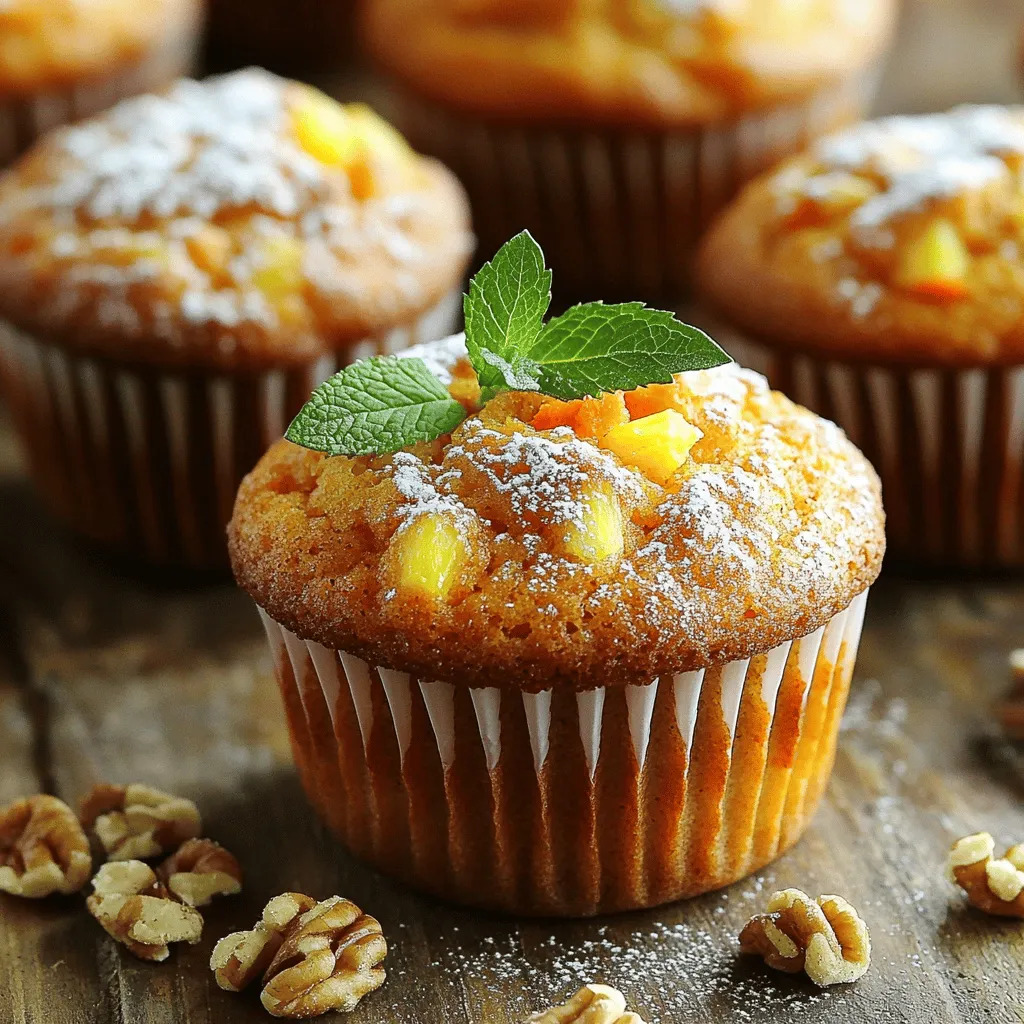 - 1 ½ cups all-purpose flour - 1 teaspoon baking powder - ½ teaspoon baking soda - 1 teaspoon ground cinnamon - ½ teaspoon ground ginger - ¼ teaspoon ground nutmeg - ½ teaspoon salt - ¾ cup granulated sugar - ¼ cup packed brown sugar - 2 large eggs - ½ cup vegetable oil - 1 teaspoon pure vanilla extract - 2 cups grated carrots - ½ cup crushed pineapple - ½ cup chopped walnuts or pecans (optional) - ½ cup raisins (optional) I love mixing the dry ingredients first. It sets a solid base for the muffins. Use a medium bowl and whisk the flour, baking powder, baking soda, cinnamon, ginger, nutmeg, and salt. This step blends the flavors well. Next, I focus on the wet ingredients. In a large bowl, combine the granulated sugar, brown sugar, eggs, oil, and vanilla. Whisk until smooth. This mixture creates richness in your muffins. Now for the fun part! Add in the grated carrots and crushed pineapple. They bring moisture and sweetness. If you like, fold in the chopped nuts and raisins. They add crunch and extra flavor. With all your ingredients ready, you have a perfect mix to create delightful carrot cake muffins! - Preheat oven to 350°F (175°C). - Line muffin tin with paper liners or grease the tin. To start, preheating the oven ensures your muffins bake evenly. Lining the tin prevents sticking and makes cleanup easier. Greasing is a good backup if you run out of liners. - Combine flour, baking powder, baking soda, cinnamon, ginger, nutmeg, and salt in a medium bowl. In a medium bowl, you will mix the dry ingredients. This step is key for even flavor. Whisk them together until no lumps remain. The spices really enhance the carrot flavor. - In a large bowl, mix sugars, eggs, oil, and vanilla until smooth. Now, gather a large bowl for your wet ingredients. Add the granulated sugar, brown sugar, eggs, vegetable oil, and vanilla. Mixing this until smooth helps create a rich batter. A hand mixer or whisk does the job well. - Fold in grated carrots and pineapple; gently incorporate dry ingredients. Gently fold in the grated carrots and crushed pineapple next. These will add moisture and sweetness. Then, carefully mix in the dry ingredients. Be gentle to keep your muffins light and fluffy. - Incorporate chopped nuts and raisins if desired. If you like, now is the time to add chopped walnuts or pecans and raisins. This adds texture and flavor. Just fold them in gently so they mix well without overworking the batter. - Fill muffin cups and bake for 18-20 minutes; cool and enjoy. Using a spoon, fill each muffin cup about ¾ full. This allows room for rising. Bake them in the oven for 18-20 minutes. Check for doneness with a toothpick. If it comes out clean, your muffins are ready! Let them cool for a few minutes before enjoying. - Avoid overmixing for light, fluffy muffins. Overmixing makes them dense. Focus on mixing just until combined. - Use room temperature ingredients for better mixing. This helps to create a smooth batter. Cold eggs or oil can make mixing harder. - Experiment with spices like cardamom or cloves for added depth. Just a pinch can transform the flavor. - Consider adding coconut flakes for additional texture. This gives a nice chew and sweetness to your muffins. - Serve warm with powdered sugar and fresh mint garnish. This adds a pop of color and freshness. A little drizzle of cream cheese frosting also works well. {{image_4}} You can easily make gluten-free carrot cake muffins. Just substitute all-purpose flour with a gluten-free blend. This swap keeps the muffins soft and fluffy. Look for a blend that has a mix of rice flour, tapioca flour, and potato starch. You can find these blends at most grocery stores. This way, everyone can enjoy these tasty treats without worry. If you follow a vegan diet, you can still enjoy these muffins. Replace eggs with flaxseed meal. Mix one tablespoon of flaxseed meal with three tablespoons of water. Let it sit for about five minutes to thicken. For the oil, use any plant-based oil like coconut or canola. These swaps keep the muffins moist and delicious, just like the original recipe. Want to add a fun twist? Try a tropical flair! Add shredded coconut and extra crushed pineapple to the batter. This will give your muffins a sweet and chewy texture. The coconut pairs well with the carrots and spices. It’s like a tropical vacation in every bite! Enjoy this twist for a delightful change in flavor. Store your carrot cake muffins in an airtight container. They will stay fresh for up to 3 days. This keeps them soft and tasty. If you plan to eat them soon, this is a great option. You can also refrigerate the muffins. They stay good for up to a week in the fridge. Just remember to reheat them before serving. A warm muffin is always better! For longer storage, freeze the muffins. Place them in a freezer bag to avoid freezer burn. They will stay fresh for up to 3 months. When you're ready to enjoy them, simply thaw them out. Enjoy your delicious muffins whenever you like! To make your carrot cake muffins moist, try adding crushed pineapple or yogurt. - Crushed Pineapple: This adds natural sweetness and moisture. Use half a cup, and drain it well. - Yogurt: Add a quarter cup of plain yogurt. It keeps muffins soft and adds a nice tang. Yes, you can use whole wheat flour. Here are some points to consider: - Pros: Whole wheat adds fiber and nutrients. It provides a nutty flavor. - Cons: It may make muffins denser and less soft than all-purpose flour. Adjust liquid ingredients to maintain moisture. If you need egg substitutes, here are some great options: - Flaxseed Meal: Mix one tablespoon of flaxseed meal with three tablespoons of water. Let it sit for five minutes. - Applesauce: Use a quarter cup of unsweetened applesauce for each egg. This keeps the muffins moist and adds sweetness. To check if your muffins are done, use the toothpick test. - Insert a toothpick into the center of a muffin. If it comes out clean, the muffins are ready. - You should also look for a golden-brown color on top. Baking time is typically 18-20 minutes. Yes, you can make these muffins ahead of time. Here are some tips: - Baking: Bake the muffins and let them cool completely. - Storage: Store them in an airtight container at room temperature for up to three days. - Freezing: For longer storage, freeze them in a freezer bag for up to three months. Serve your carrot cake muffins warm for the best taste. Here are some ideas: - Toppings: Dust them with powdered sugar for a sweet touch. - Accompaniments: Pair with cream cheese frosting or a side of fresh fruit. Enjoy the delightful flavors! These carrot cake muffins are easy to make and super tasty. We covered the key ingredients, step-by-step instructions, and tips to ensure great results. Whether you want to try gluten-free or vegan options, you have choices. Remember to store these muffins properly to enjoy their freshness longer. Enjoy baking, and remember, each muffin brings joy and sweetness to your day!