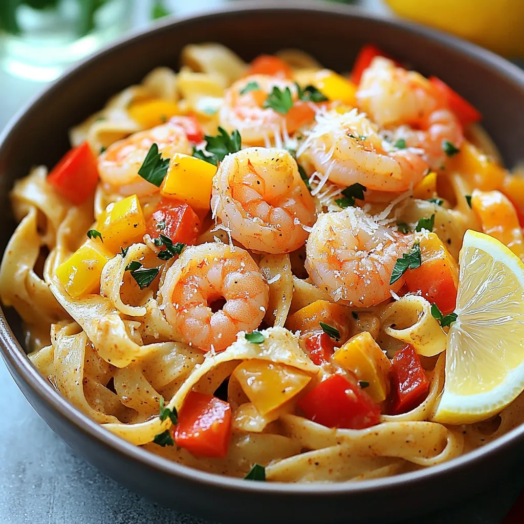 - 8 ounces linguine or fettuccine pasta - 1 pound large shrimp, peeled and deveined - 2 tablespoons Cajun seasoning - 1 tablespoon olive oil - 1 small onion, finely diced - 3 cloves garlic, minced - 1 bell pepper, diced (choose red or yellow for sweetness) - 1 cup heavy cream - 1 cup chicken broth - 1 cup diced tomatoes (fresh or canned) - ½ cup finely grated Parmesan cheese - Salt and pepper to taste In this dish, I prefer using linguine. It holds the sauce well. Fettuccine is also great if you like a wider pasta. The shrimp adds that special touch, and Cajun seasoning brings a kick. The onion, garlic, and bell pepper create a solid base. Heavy cream makes it rich and creamy, while chicken broth adds depth. Diced tomatoes give color and a fresh taste. Finally, Parmesan cheese ties it all together with a salty finish. - Fresh parsley for garnish - Lemon wedges for serving Garnishing with parsley makes the dish look fresh. It also adds a nice flavor. Lemon wedges on the side give a zesty touch. A squeeze of lemon brightens up the creamy sauce. These simple additions elevate your meal, making it both tasty and beautiful. To season the shrimp, start with a medium bowl. Add the peeled and deveined shrimp. Sprinkle two tablespoons of Cajun seasoning over the shrimp. Toss well, so every shrimp gets coated. This ensures each bite packs a punch. Let the shrimp marinate for about 10 minutes. This time helps the flavors sink in, making your dish even better. In a large pot, heat one tablespoon of olive oil over medium heat. Once it's hot, add the diced onion and bell pepper. Sauté these for about 3 to 4 minutes. You want them to soften and smell great. Then, mix in three minced garlic cloves. Cooking the garlic for just one minute is key. It brings out its strong flavor, which adds depth to your sauce. Next, pour in one cup of chicken broth, one cup of diced tomatoes, and one cup of heavy cream. Stir all these together in the pot. Now, add 8 ounces of linguine or fettuccine pasta. Increase the heat slightly and bring the mixture to a gentle simmer. Stir often to keep the pasta from sticking. Cook this for about 10 to 12 minutes. You want the pasta to be al dente, with a nice sauce that thickens to your liking. When the pasta is almost ready, gently fold in the marinated shrimp. Cook for an additional 5 to 7 minutes. Stir occasionally for even cooking. The shrimp turns pink when it's done. This means it’s cooked perfectly and ready to enjoy! Remove the pot from heat. Stir in ½ cup of finely grated Parmesan cheese. This makes the sauce creamy and rich. Taste your sauce and add salt and pepper as needed. If it feels too thick, just add a splash of water or extra chicken broth. This will help you reach the right consistency. Ladle the creamy Cajun shrimp pasta into serving bowls. For a nice touch, garnish with freshly chopped parsley. This adds color and flavor. Serve the pasta in shallow bowls. Consider adding a lemon wedge on the side. Guests can squeeze some lemon juice on top for a fresh finish. Enjoy your meal with a side salad or garlic bread for a complete dinner! To get the right sauce, aim for a creamy texture. Start with heavy cream and chicken broth. Stir in the Parmesan cheese at the end for smoothness. If the sauce is too thick, add a splash of broth or water to loosen it up. Adjust the spice levels by adding more Cajun seasoning. Taste the sauce as you go. If you like it spicy, feel free to add more. If you want it milder, cut back on the seasoning. Use a large pot or deep skillet for one-pot dishes. This helps everything cook evenly. A non-stick surface can also prevent sticking. To save time, prepare your ingredients ahead of cooking. Chop the vegetables and season the shrimp before you start. This way, you can focus on cooking without delays. If you want alternatives for heavy cream, try coconut milk or cashew cream. Both options add creaminess without dairy. For Parmesan, nutritional yeast or a dairy-free cheese can work well. These swaps are great for those with dietary restrictions. If you need gluten-free options, use gluten-free pasta. Adjust the recipe to fit your diet while keeping the flavor intact. {{image_4}} You can change the pasta type in this dish. Try penne or rotini instead of linguine or fettuccine. Each type offers a unique twist. You can also add vegetables. Spinach, mushrooms, or zucchini fit well in this creamy dish. They add nutrition and flavor. Toss them in when you sauté the onions and bell peppers for a tasty upgrade. If you're not in the mood for shrimp, don't worry! You can use chicken or sausage instead. Just cut them into bite-sized pieces. Cook them until they are golden before adding the pasta. For a vegetarian option, consider using chickpeas or tofu. They soak up the sauce well and keep the meal hearty. You can boost the flavor with more spices or herbs. Try adding smoked paprika or oregano for a new taste. For those who enjoy heat, add fresh chilies or hot sauce. This gives your pasta a spicy kick. Adjust to your liking for the perfect balance of flavors! To keep your One-Pot Creamy Cajun Shrimp Pasta fresh, store it in an airtight container. Make sure it cools down first. This dish stays good in the fridge for about three days. After that, the shrimp and pasta may lose their taste and texture. If you want to freeze this dish, let it cool completely before packing. Place it in freezer-safe bags or containers. This way, it can last up to three months. To reheat, thaw it in the fridge overnight. Then, warm it on the stove over low heat. Add a splash of water or broth to keep it creamy. For storage, use glass or BPA-free plastic containers. These types help prevent any chemical leaching. Make sure to seal the containers tightly to avoid spoilage. Label each container with the date. This way, you can track how long the pasta has been stored. To make this dish, follow these simple steps: 1. Season the shrimp with Cajun spice and set aside. 2. Heat olive oil in a large pot. Sauté diced onion and bell pepper for 3-4 minutes. 3. Add minced garlic and cook for 1 more minute. 4. Pour in chicken broth, diced tomatoes, and heavy cream. Stir well. 5. Add linguine or fettuccine. Bring to a gentle simmer. Cook for 10-12 minutes. 6. Fold in the shrimp. Cook for an additional 5-7 minutes until shrimp is pink. 7. Mix in grated Parmesan cheese and adjust seasoning. Serve with parsley on top. If you need a dairy-free option, use coconut milk or almond milk. Both add a nice creaminess. You can also use cashew cream for a rich, smooth texture. For a lighter choice, try half-and-half or whole milk. Just know these may change the dish's overall flavor. Yes, you can prepare some parts ahead. Season the shrimp and chop the veggies in advance. Cook everything right before serving for the best taste. If you store leftovers, they may lose some creaminess. Watch for color change. Raw shrimp is gray, while cooked shrimp turns pink. It should also curl slightly. If you have a meat thermometer, shrimp should reach 120°F. Avoid overcooking, as shrimp can become tough. Absolutely! To lower the heat, use less Cajun seasoning. You can also add more cream to tone it down. For more spice, add extra seasoning or hot sauce. Tweak it to match your taste! This blog post outlined how to create a tasty one-pot creamy Cajun shrimp pasta. We covered ingredients, preparation, cooking steps, and tips for perfecting the dish. Remember to adjust spice levels to your taste and try different proteins or vegetables. With the right techniques, this dish can impress anyone. You now have everything you need for a successful meal. Enjoy exploring variations as you make this recipe your own!
