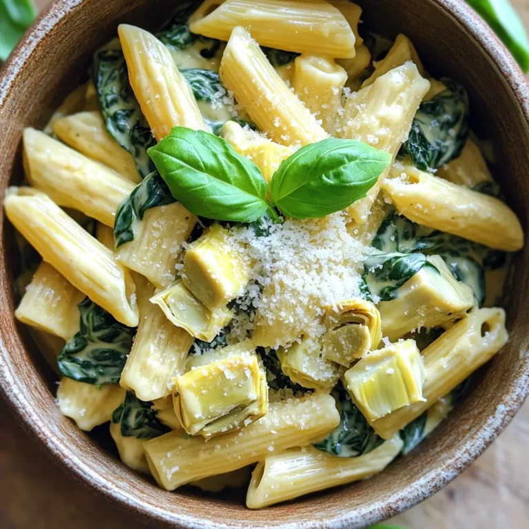 To make creamy one-pot spinach artichoke pasta, you need a few key items. Here’s a list of what you’ll need: - Pasta options: 12 ounces of penne or rotini works best. - Vegetables and aromatics: Use 1 medium onion, 3 cloves of garlic, 4 cups of fresh spinach, and 1 can (14 ounces) of artichoke hearts. - Main cooking components: Grab 1 tablespoon of olive oil, 1 cup of vegetable broth, and 1 cup of heavy cream. - Seasoning and garnishing items: Have salt, black pepper, 1 cup of grated Parmesan cheese, 1 teaspoon of crushed red pepper flakes for heat, and fresh basil for garnish. These ingredients make your dish flavorful and creamy. Each one plays an important role in the taste and texture. The artichokes and spinach add a fresh touch, while the cream and cheese bring richness. You’ll love how easy it is to find these items. Use fresh ingredients for the best results! 1. Sautéing the onion and garlic Start by heating 1 tablespoon of olive oil in a large pot over medium heat. Once the oil is hot, add 1 medium onion, finely chopped. Cook the onion for about 3 to 4 minutes. You want it soft and clear, not brown. Stir it often to keep it from burning. Next, add 3 cloves of minced garlic. Stir this mix for about 1 minute. The garlic will smell great when it is ready. 2. Adding artichokes and spinach Now, it’s time for the fun part! Add 1 can of drained and quartered artichoke hearts and 4 cups of washed and roughly chopped spinach. Gently stir the mix until the spinach wilts down. This should take around 2 to 3 minutes. The colors will brighten up, and it will look so fresh! 3. Cooking the pasta and combining ingredients Pour in 1 cup of vegetable broth and slightly raise the heat. Bring it to a gentle simmer. Once it simmers, add 12 ounces of your pasta choice, like penne or rotini. Stir well so the pasta is coated. Cover the pot and cook according to the package instructions until the pasta is al dente. Stir occasionally to stop it from sticking. After the pasta is cooked, lower the heat to a simmer. Mix in 1 cup of heavy cream and 1 cup of grated Parmesan cheese. Stir until the sauce is creamy and cheese is melted. Season with salt, black pepper, and crushed red pepper flakes if you want some heat. Adjust to your taste. Let the pot sit for about a minute off the heat. This helps the sauce thicken a bit. Now, it’s ready to serve and enjoy! To keep your pasta from sticking, here are some tips: - Stir the pasta well right after adding it to the pot. - Make sure to use enough liquid. This keeps the pasta moving. - Avoid overcooking the pasta. It should be al dente. Choosing the right pasta makes a difference: - I recommend penne or rotini for this dish. Their shapes hold the sauce well. - Thin pasta types can get mushy quickly in a one-pot meal. Adjusting creaminess and flavor is easy: - Start with one cup of heavy cream. You can add more if you want. - For a richer taste, mix in extra Parmesan cheese. - If you like spice, add more red pepper flakes to balance the creaminess. These tips will help you create a perfect creamy one-pot spinach artichoke pasta every time. Enjoy! {{image_4}} You can easily change this dish to suit your taste. Here are some fun ideas: - Adding protein: You can add chicken, shrimp, or tofu for a hearty meal. Cook the protein first, then add it back in when you mix everything together. This adds flavor and makes it more filling. - Making it vegetarian or vegan: To keep it vegetarian, just skip the chicken or shrimp. For a vegan twist, use coconut cream instead of heavy cream and nutritional yeast instead of Parmesan. This keeps the creamy texture and adds a cheesy taste. - Incorporating other vegetables: Feel free to mix in other veggies. Try bell peppers, mushrooms, or zucchini. Just chop them small and add them with the onion and garlic. This adds color and nutrients to your dish. These ideas help you create a meal that fits your needs and flavors. Enjoy making it your own! To keep your creamy one-pot spinach artichoke pasta fresh, follow these steps: - How to store in the fridge: Let the pasta cool down first. Then, place it in an airtight container. You can keep it in the fridge for up to 3 days. Make sure to seal it well to prevent it from drying out. - Freezing the dish for later use: If you want to save some for later, freeze it. Use a freezer-safe container or a zip-top bag. Squeeze out any air before sealing. This dish can stay fresh in the freezer for about 2 months. When ready to eat, thaw it in the fridge overnight before reheating. - Reheating tips for best texture and flavor: To reheat, place the pasta in a pot over low heat. Add a splash of vegetable broth or cream to keep it creamy. Stir often until heated through. Avoid using the microwave, as it can make the pasta dry and chewy. Enjoy your delicious leftovers just like the first time! Yes, you can make this dish ahead of time. To do this, simply prepare the pasta and sauce as directed. After cooking, let it cool down. Store it in an airtight container in the fridge for up to three days. When you are ready to eat, just reheat it on the stove or in the microwave. You may need to add a splash of broth or cream to help loosen the sauce. If you want to replace heavy cream, you can use half-and-half or whole milk. For a lighter option, try using plain Greek yogurt or cashew cream. These options will still give you some creaminess. Keep in mind that using yogurt may change the flavor slightly. Adjust the amount to find what works best for you. To boost the flavors in your creamy one-pot spinach artichoke pasta, consider adding more spices. Fresh herbs like basil or thyme can brighten the dish. A squeeze of lemon juice adds a nice zing. You can also try adding more garlic or a pinch of nutmeg for depth. Experiment and find the perfect balance that suits your taste. This blog post showed you how to make a tasty one-pot pasta dish. We covered all the key ingredients, from pasta to herbs. I shared a simple step-by-step guide to help you cook it perfectly. You learned valuable tips to avoid sticky pasta and how to customize your dish. Remember to store leftovers properly for later enjoyment. With these ideas, you can create your own delicious meals. Enjoy making your one-pot pasta, and don’t hesitate to get creative!