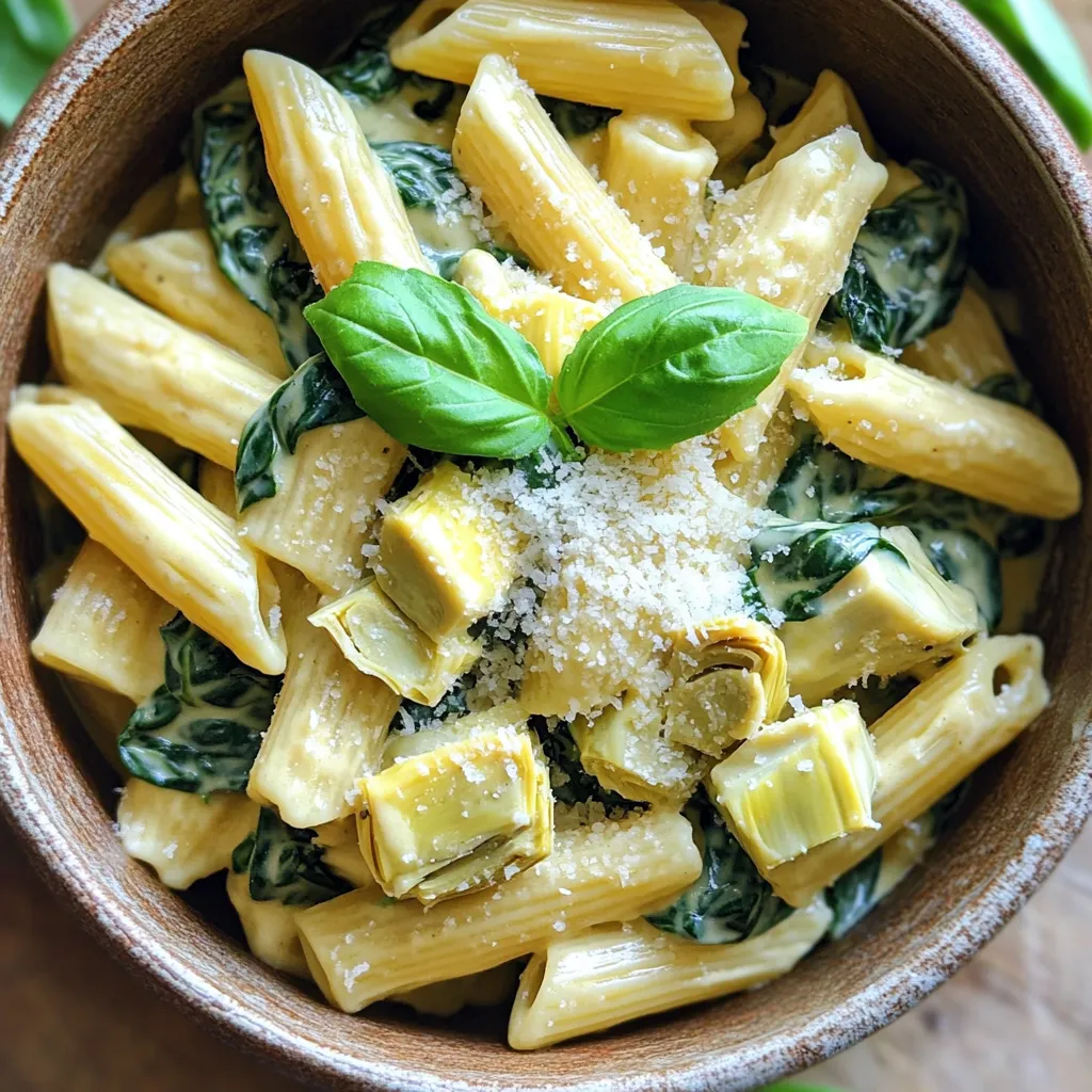 To make creamy one-pot spinach artichoke pasta, you need a few key items. Here’s a list of what you’ll need: - Pasta options: 12 ounces of penne or rotini works best. - Vegetables and aromatics: Use 1 medium onion, 3 cloves of garlic, 4 cups of fresh spinach, and 1 can (14 ounces) of artichoke hearts. - Main cooking components: Grab 1 tablespoon of olive oil, 1 cup of vegetable broth, and 1 cup of heavy cream. - Seasoning and garnishing items: Have salt, black pepper, 1 cup of grated Parmesan cheese, 1 teaspoon of crushed red pepper flakes for heat, and fresh basil for garnish. These ingredients make your dish flavorful and creamy. Each one plays an important role in the taste and texture. The artichokes and spinach add a fresh touch, while the cream and cheese bring richness. You’ll love how easy it is to find these items. Use fresh ingredients for the best results! 1. Sautéing the onion and garlic Start by heating 1 tablespoon of olive oil in a large pot over medium heat. Once the oil is hot, add 1 medium onion, finely chopped. Cook the onion for about 3 to 4 minutes. You want it soft and clear, not brown. Stir it often to keep it from burning. Next, add 3 cloves of minced garlic. Stir this mix for about 1 minute. The garlic will smell great when it is ready. 2. Adding artichokes and spinach Now, it’s time for the fun part! Add 1 can of drained and quartered artichoke hearts and 4 cups of washed and roughly chopped spinach. Gently stir the mix until the spinach wilts down. This should take around 2 to 3 minutes. The colors will brighten up, and it will look so fresh! 3. Cooking the pasta and combining ingredients Pour in 1 cup of vegetable broth and slightly raise the heat. Bring it to a gentle simmer. Once it simmers, add 12 ounces of your pasta choice, like penne or rotini. Stir well so the pasta is coated. Cover the pot and cook according to the package instructions until the pasta is al dente. Stir occasionally to stop it from sticking. After the pasta is cooked, lower the heat to a simmer. Mix in 1 cup of heavy cream and 1 cup of grated Parmesan cheese. Stir until the sauce is creamy and cheese is melted. Season with salt, black pepper, and crushed red pepper flakes if you want some heat. Adjust to your taste. Let the pot sit for about a minute off the heat. This helps the sauce thicken a bit. Now, it’s ready to serve and enjoy! To keep your pasta from sticking, here are some tips: - Stir the pasta well right after adding it to the pot. - Make sure to use enough liquid. This keeps the pasta moving. - Avoid overcooking the pasta. It should be al dente. Choosing the right pasta makes a difference: - I recommend penne or rotini for this dish. Their shapes hold the sauce well. - Thin pasta types can get mushy quickly in a one-pot meal. Adjusting creaminess and flavor is easy: - Start with one cup of heavy cream. You can add more if you want. - For a richer taste, mix in extra Parmesan cheese. - If you like spice, add more red pepper flakes to balance the creaminess. These tips will help you create a perfect creamy one-pot spinach artichoke pasta every time. Enjoy! {{image_4}} You can easily change this dish to suit your taste. Here are some fun ideas: - Adding protein: You can add chicken, shrimp, or tofu for a hearty meal. Cook the protein first, then add it back in when you mix everything together. This adds flavor and makes it more filling. - Making it vegetarian or vegan: To keep it vegetarian, just skip the chicken or shrimp. For a vegan twist, use coconut cream instead of heavy cream and nutritional yeast instead of Parmesan. This keeps the creamy texture and adds a cheesy taste. - Incorporating other vegetables: Feel free to mix in other veggies. Try bell peppers, mushrooms, or zucchini. Just chop them small and add them with the onion and garlic. This adds color and nutrients to your dish. These ideas help you create a meal that fits your needs and flavors. Enjoy making it your own! To keep your creamy one-pot spinach artichoke pasta fresh, follow these steps: - How to store in the fridge: Let the pasta cool down first. Then, place it in an airtight container. You can keep it in the fridge for up to 3 days. Make sure to seal it well to prevent it from drying out. - Freezing the dish for later use: If you want to save some for later, freeze it. Use a freezer-safe container or a zip-top bag. Squeeze out any air before sealing. This dish can stay fresh in the freezer for about 2 months. When ready to eat, thaw it in the fridge overnight before reheating. - Reheating tips for best texture and flavor: To reheat, place the pasta in a pot over low heat. Add a splash of vegetable broth or cream to keep it creamy. Stir often until heated through. Avoid using the microwave, as it can make the pasta dry and chewy. Enjoy your delicious leftovers just like the first time! Yes, you can make this dish ahead of time. To do this, simply prepare the pasta and sauce as directed. After cooking, let it cool down. Store it in an airtight container in the fridge for up to three days. When you are ready to eat, just reheat it on the stove or in the microwave. You may need to add a splash of broth or cream to help loosen the sauce. If you want to replace heavy cream, you can use half-and-half or whole milk. For a lighter option, try using plain Greek yogurt or cashew cream. These options will still give you some creaminess. Keep in mind that using yogurt may change the flavor slightly. Adjust the amount to find what works best for you. To boost the flavors in your creamy one-pot spinach artichoke pasta, consider adding more spices. Fresh herbs like basil or thyme can brighten the dish. A squeeze of lemon juice adds a nice zing. You can also try adding more garlic or a pinch of nutmeg for depth. Experiment and find the perfect balance that suits your taste. This blog post showed you how to make a tasty one-pot pasta dish. We covered all the key ingredients, from pasta to herbs. I shared a simple step-by-step guide to help you cook it perfectly. You learned valuable tips to avoid sticky pasta and how to customize your dish. Remember to store leftovers properly for later enjoyment. With these ideas, you can create your own delicious meals. Enjoy making your one-pot pasta, and don’t hesitate to get creative!