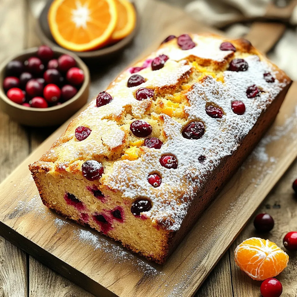 To make this delicious loaf cake, gather these main ingredients: - 1 ½ cups all-purpose flour - 1 teaspoon baking powder - ½ teaspoon baking soda - ¼ teaspoon salt - ½ cup unsalted butter, softened - 1 cup granulated sugar - 2 large eggs - 1 teaspoon pure vanilla extract - Zest of 1 medium orange - ½ cup freshly squeezed orange juice - 1 cup fresh or frozen cranberries, roughly chopped You can add extra flavor with these optional ingredients: - ½ cup chopped walnuts - ¼ teaspoon ground cinnamon These additions can enhance the taste and texture of your loaf. When picking cranberries, choose berries that are firm and bright. Avoid any that are soft or shriveled. Fresh cranberries offer a tartness that balances the sweet cake. For oranges, look for ones that are heavy for their size. They should feel firm and have a smooth skin. Freshly squeezed juice and zest boost the flavor of the cake. Always choose organic when possible to avoid pesticides. Using quality ingredients makes a big difference in taste. Enjoy the process of selecting your ingredients! Start by gathering your materials. You need a 9x5 inch loaf pan, a whisk, and two mixing bowls. Preheat your oven to 350°F (175°C). Grease your loaf pan lightly or line it with parchment paper. This will help the cake come out easily after baking. In a medium bowl, mix together the dry ingredients. Combine 1 ½ cups of all-purpose flour, 1 teaspoon of baking powder, ½ teaspoon of baking soda, ¼ teaspoon of salt, and ¼ teaspoon of ground cinnamon. Whisk them well and set this bowl aside. In a larger bowl, cream together ½ cup of softened unsalted butter and 1 cup of granulated sugar using an electric mixer. This should take about 3 to 4 minutes. Add in 2 large eggs, one at a time, mixing well after each addition. Next, add 1 teaspoon of pure vanilla extract and the zest of 1 medium orange. Mix until everything is well combined. Now, gradually add the dry ingredients to the wet mix. Alternate this with ½ cup of freshly squeezed orange juice. Start and end with the dry mix. Stir gently to avoid overmixing. Finally, fold in 1 cup of chopped cranberries and ½ cup of walnuts, if you want. Pour your batter into the prepared loaf pan. Use a spatula to smooth the top, so it bakes evenly. Place it in the oven and bake for 50 to 60 minutes. To check if it's done, insert a toothpick into the center. It should come out clean if it's ready. After baking, let the loaf cool in the pan for about 10 minutes. Then, transfer it to a wire rack to cool completely before you slice it. Enjoy the lovely aroma as it cools! To keep your loaf cake moist, use room temperature butter. This helps it cream well with sugar. Adding orange juice to the batter also adds moisture. After baking, let the cake cool in the pan for a bit. This keeps it from drying out. If you want extra moisture, you can brush a sugar syrup on top after baking. This adds sweetness and keeps the cake soft. To enhance the flavor, use fresh ingredients. Fresh cranberries and oranges make a big difference. Don’t skip the orange zest; it adds a bright taste. You can also add spices like cinnamon or nutmeg for warmth. If you like nuts, walnuts add a nice crunch. You can also replace some of the sugar with honey or maple syrup for a richer flavor. If your loaf sinks in the middle, you may have overmixed the batter. Mix just until combined. If it’s too dry, check your measurements. Adding too much flour can cause dryness. For uneven baking, make sure your oven is preheated. Use an oven thermometer to check if it’s accurate. If the top browns too fast, cover it with foil during baking. This helps it cook evenly without burning. {{image_4}} If you can't find fresh cranberries, don't worry! You can use dried cranberries. They add sweetness and chewiness. You can also try pomegranate seeds for a juicy burst. Chopped cherries or blueberries work well too. Each option gives a fun twist to your loaf! Want to mix it up with flavors? You can swap out the orange for lemon or lime. Both will give a fresh zing to your cake. You can also combine different citrus fruits. Try adding a bit of grapefruit for a unique taste! If you need a gluten-free option, use almond flour or a gluten-free mix. For a vegan version, replace the eggs with flax eggs. Just mix one tablespoon of flaxseed meal with three tablespoons of water. Let it sit until it thickens. Use a plant-based butter to keep it dairy-free. To keep your cranberry orange loaf cake fresh, wrap it tightly in plastic wrap. This prevents air from getting in and keeps the cake moist. You can also place it in an airtight container. Store it at room temperature for up to three days. If you want to keep it longer, refrigeration is an option, but it may dry out. Freezing is a great way to save your loaf cake. First, let it cool completely. Then, wrap it in plastic wrap and foil to avoid freezer burn. You can freeze the cake for up to three months. When you're ready to eat it, remove it from the freezer. Let it thaw in the fridge overnight or at room temperature for a few hours. Your cranberry orange loaf cake will stay fresh for about three days at room temperature. In the fridge, it can last up to a week. For the best taste, eat it within the first couple of days. If you notice any mold or off smells, it’s best to throw it away. Keeping it stored correctly ensures you enjoy every slice! Yes, you can use dried cranberries. They add sweetness and a chewy texture. Just chop them into smaller pieces. Keep in mind that dried cranberries are sweeter. You might want to reduce the sugar in your mix to balance the flavors. To check if your loaf cake is done, insert a toothpick into the center. If it comes out clean, your cake is ready. You can also look for a golden-brown top. The edges should pull away slightly from the pan. If it’s still wet, bake it a bit longer. This loaf cake pairs well with many items. You can serve it with a dollop of whipped cream or a scoop of vanilla ice cream. A drizzle of orange glaze adds extra sweetness. Fresh orange slices also make a nice touch. For a crunch, try adding some nuts on the side. This blog post covers all you need to know about making a delicious cranberry orange loaf cake. We explored key ingredients, mixing instructions, and baking tips to ensure your cake turns out moist and flavorful. You learned how to store it for freshness and even variations for different diets. Baking can be fun and rewarding. With these steps, you can create a tasty treat for all to enjoy. Happy baking!