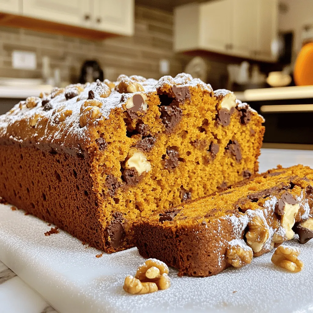 - 1 cup canned pumpkin puree - 1/2 cup granulated sugar - 1/2 cup packed brown sugar - 1/2 cup vegetable oil - 2 large eggs - 1 teaspoon vanilla extract - 1 1/2 cups all-purpose flour - 1 teaspoon baking soda - 1/2 teaspoon baking powder - 1/2 teaspoon ground cinnamon - 1/4 teaspoon ground nutmeg - 1/4 teaspoon ground ginger - 1/4 teaspoon salt - 1 cup semi-sweet chocolate chips These ingredients create a rich and moist bread. The pumpkin puree gives it a soft texture and a nice flavor. The sugars add sweetness, while the chocolate chips bring in a delightful burst of chocolate in every bite. - 1/2 cup chopped walnuts If you like a bit of crunch, add walnuts. They pair well with pumpkin and chocolate. You can also swap in pecans or even dried fruit if you want a twist. - For a vegan option, replace eggs with flax eggs (1 tablespoon ground flaxseed + 3 tablespoons water per egg). - Use coconut oil in place of vegetable oil for a richer taste. - Gluten-free flour blends can replace all-purpose flour. These swaps make the recipe more friendly for different diets. Enjoy experimenting with these substitutions to fit your needs! Start by preheating your oven to 350°F (175°C). Grease a 9x5 inch loaf pan with butter or oil. Then, dust it with flour. This step helps your bread slide out easily after baking. In a large bowl, add 1 cup of canned pumpkin puree. Next, pour in 1/2 cup of granulated sugar and 1/2 cup of packed brown sugar. Add 1/2 cup of vegetable oil too. Mix these ingredients until they blend smoothly. You want a nice, creamy texture. After that, crack in 2 large eggs, one at a time. Beat well after each egg. Finally, stir in 1 teaspoon of vanilla extract for added flavor. In another bowl, measure out 1 1/2 cups of all-purpose flour. Add 1 teaspoon of baking soda, 1/2 teaspoon of baking powder, and a pinch of 1/4 teaspoon of salt. Then, add the spices: 1/2 teaspoon ground cinnamon, 1/4 teaspoon ground nutmeg, and 1/4 teaspoon ground ginger. Whisk these dry ingredients together until they are well mixed. Now, slowly add the dry mixture to the wet mixture. Stir gently until just combined. Avoid overmixing! It’s okay if there are small lumps in the batter. Next, fold in 1 cup of semi-sweet chocolate chips. If you like, add 1/2 cup of chopped walnuts for some crunch. Pour the batter into your prepared loaf pan. Smooth the top with a spatula for an even bake. Place it in your oven and bake for 60 to 70 minutes. Check if it’s done by inserting a toothpick into the center. It should come out clean. Once baked, cool the bread in the pan for about 10 minutes. Then, move it to a wire rack to cool completely before slicing. Enjoy your delicious creation! To make the best chocolate chip pumpkin bread, follow these tips: - Always preheat your oven to 350°F (175°C). This helps the bread rise evenly. - Use fresh ingredients, especially the baking powder and baking soda. Old leavening agents can lead to dense bread. - Mix the wet and dry ingredients separately first. This ensures even blending when you combine them. - Avoid overmixing the batter. Stir until just combined to keep your bread light and fluffy. Storing your chocolate chip pumpkin bread properly is key to keeping it fresh: - Allow the bread to cool completely before storing. This prevents moisture build-up. - Wrap it tightly in plastic wrap or aluminum foil. This keeps the bread soft and moist. - For longer storage, place the wrapped bread in an airtight container. It can last up to a week at room temperature. - You can freeze the bread for up to three months. Just slice it first for easy thawing. Checking the doneness of your bread is simple: - Insert a toothpick into the center of the loaf. If it comes out clean, your bread is ready. - If the toothpick has wet batter on it, bake for a few more minutes. - Keep an eye on the baking time. Start checking at 60 minutes to avoid overbaking. - The edges should be lightly browned, and the top should spring back when gently pressed. {{image_4}} You can make a gluten-free version easily. Swap out all-purpose flour with a gluten-free blend. Look for one that works well for baking. These blends often include rice flour, tapioca flour, and xanthan gum. This mix gives you the right texture. Remember to check that your chocolate chips are gluten-free too. To make your pumpkin bread vegan, replace eggs with flax eggs. Mix one tablespoon of ground flaxseed with three tablespoons of water. Let it sit for five minutes to thicken. You can also use applesauce or banana as a substitute. Use a plant-based oil instead of vegetable oil. Make sure your chocolate chips are dairy-free to keep it vegan. Get creative with your pumpkin bread! Add in chopped nuts like walnuts or pecans for a crunch. Dried fruit, like cranberries or raisins, can add a sweet touch. You can even mix in spices like allspice or cardamom for extra flavor. Want a twist? Try adding a swirl of cream cheese for a rich, tangy taste. Each variation makes your bread unique and fun! Chocolate chip pumpkin bread tastes great on its own. But you can add toppings for fun. Try a dollop of whipped cream on a warm slice. It adds a creamy touch. You can also sprinkle some chopped nuts on top for crunch. A drizzle of caramel sauce can bring sweetness. For a twist, spread some cream cheese on top. It pairs well with the pumpkin flavor. Make your bread look pretty when you serve it. Slice it into thick pieces. Arrange the slices on a nice plate. You can add a few chocolate chips on the side for decoration. A light dusting of powdered sugar can make it look fancy. Serve it warm to give that cozy feeling. You can also place some fresh pumpkin or fall leaves around the bread for a seasonal touch. The right drink can make your chocolate chip pumpkin bread even better. A cup of hot coffee or tea works well. The warmth of the drink matches the bread's cozy taste. You can also enjoy it with a glass of cold milk. If you want something fruity, apple cider is a fun choice. For a festive touch, consider a pumpkin spice latte. These drinks pair nicely with the flavors in the bread. Store your chocolate chip pumpkin bread in an airtight container. This keeps it fresh. You can also wrap it tightly in plastic wrap. Place it in a cool, dry place. This bread stays good for about 3 to 4 days. If you want to keep it longer, consider freezing it. Yes, you can freeze this bread. Make sure it cools completely first. Wrap the bread tightly in plastic wrap. Then, place it in a freezer bag. Label the bag with the date. It can last up to 3 months in the freezer. When you're ready, thaw it in the fridge overnight. If you need an egg substitute, try using applesauce. Use 1/4 cup of applesauce for each egg. You can also use mashed banana, yogurt, or flaxseed meal. For flaxseed, mix 1 tablespoon of flaxseed meal with 2.5 tablespoons of water. Let it sit until it thickens. To avoid dense pumpkin bread, don't overmix the batter. Mix just until the flour is combined. Make sure your baking soda and powder are fresh. They help the bread rise. Also, use room temperature ingredients for better mixing. Yes, you can use fresh pumpkin. Cook it until soft, then puree it. Drain excess water to avoid a soggy bread. Fresh pumpkin may change the texture slightly, but it adds great flavor. You learned how to make delicious chocolate chip pumpkin bread. We covered the key ingredients and substitutes for diets. You saw step-by-step instructions to bake the perfect loaf. I shared tips for storage and freshness, plus creative variations. Finally, I highlighted serving ideas and answered common questions. Now, I hope you feel ready to bake and enjoy this tasty treat! You'll impress friends with your skills and flavors.