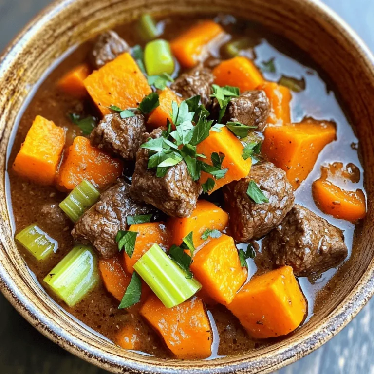 - 2 pounds beef chuck (1-inch cubes) - 2 medium sweet potatoes (peeled and diced) - 1 large onion (finely diced) - 3 cloves garlic (minced) - 4 cups beef broth (preferably low sodium) - 2 carrots (sliced into rounds) - 2 celery stalks (sliced) - Spices: thyme, smoked paprika, bay leaf - Olive oil, salt, and black pepper - Garnish: fresh parsley Gathering the right ingredients is key for a great stew. Start with fresh beef chuck, cut into bite-sized cubes. This cut is perfect for slow cooking. It becomes tender and full of flavor. Next, choose sweet potatoes. They add sweetness and creaminess to the dish. Peel and dice them into even cubes for even cooking. Onions and garlic make the stew aromatic. Use one large onion, finely diced, and three cloves of minced garlic. For the broth, I suggest low-sodium beef broth. It gives depth without too much salt. Carrots and celery add texture and color. Slice two carrots into rounds and cut two celery stalks into half-moons. Finally, don’t forget the spices. You’ll need thyme, smoked paprika, and a bay leaf for that warm, comforting flavor. Olive oil, salt, and black pepper round out the seasoning. Finish your stew with fresh parsley. It adds a bright touch when serving. Now you’re all set to create a delicious beef and sweet potato stew! Sautéing the Onion and Garlic Start by heating 2 tablespoons of olive oil in a large skillet. Use medium-high heat. Add 1 large onion, finely diced. Sauté for about 3-4 minutes. The onion should turn translucent and fragrant. Next, stir in 3 cloves of minced garlic. Sauté for another 30 seconds. Remove the skillet from heat and set aside. Layering Vegetables in the Slow Cooker Grab your slow cooker. Begin by adding 2 medium sweet potatoes, peeled and diced into uniform cubes. Then, add 2 sliced carrots and 2 sliced celery stalks. This colorful base adds flavor and texture to the dish. Adding Beef and Seasoning Next, place 2 pounds of beef chuck, cut into 1-inch cubes, on top of the vegetables. Spread the beef evenly over the veggies. Season the beef with salt, black pepper, 1 teaspoon of dried thyme, and 1 teaspoon of smoked paprika. Ensure the spices coat the meat well for maximum flavor. Pouring in the Broth Now, gently pour in 4 cups of beef broth, preferably low sodium. Make sure the broth covers the beef and vegetables. Then, add your sautéed onion and garlic mixture. Toss in 1 bay leaf for an extra boost of flavor. Use a spatula to stir everything lightly, ensuring the beef is submerged in the broth. Low vs. High Cooking Settings Cover the slow cooker with its lid. Set it to cook on low for 8 hours or on high for about 4 hours. The low setting allows the flavors to meld beautifully. Checking for Doneness After the cooking time is up, check the stew. The beef should be tender, and the vegetables should be fork-tender. Carefully remove the bay leaf before serving. Taste the stew and adjust the seasoning with more salt and pepper if needed. Enjoy your hearty stew! - Enhancing Broth Flavor and Texture To boost the flavor, use low-sodium beef broth. This allows you to control the salt. Add fresh herbs like thyme to enrich the taste. A bay leaf also adds depth. You can even splash a bit of red wine for extra richness. It makes the stew feel special. - Importance of Searing the Beef Searing the beef is key for flavor. It creates a nice crust that locks in juices. Heat olive oil in a pan and brown the beef cubes. This step adds a rich, savory taste to your stew. Don't skip it, as it makes a big difference. - Overcrowding the Slow Cooker Avoid filling the slow cooker to the brim. If you overcrowd it, the beef won't cook evenly. Leave some space for the ingredients to bubble and blend. This ensures a well-cooked, tasty stew. - Seasoning Adjustments Be careful with your seasoning. It’s easy to add too much salt early on. Taste the stew towards the end of cooking. Adjust the salt and pepper only if needed. This way, you keep the flavors balanced. - Best Slow Cooker Models for Stews Choose a slow cooker with a good size and temperature settings. A 6-quart model works well for this recipe. Look for one with a programmable timer. This helps you cook your stew perfectly every time. - Essential Kitchen Tools Use a sturdy cutting board for prep. A sharp knife makes cutting beef and vegetables easy. You’ll also need a large skillet for searing. Finally, have a good ladle for serving your delicious stew. {{image_4}} You can switch up the vegetables. For a twist, use regular potatoes or parsnips. They add different textures and tastes. If you want a lighter stew, try zucchini or bell peppers. When it comes to the beef, you can use different cuts. Brisket or sirloin works great too. They have unique flavors that can change the stew's taste. Just remember to adjust cooking times slightly for tenderness. For gluten-free options, ensure your broth is gluten-free. Most beef broths are safe, but always check labels. You can also skip any thickeners that might contain gluten. If you're on a paleo diet, replace the beef broth with bone broth. This adds rich flavor and is very nutritious. You can also use sweet potatoes as your main carb source. To boost flavor, try adding fresh herbs like rosemary or bay leaves. They give a lovely aroma to the stew. You can also add a sprinkle of fresh thyme before serving. If you want some heat, add red pepper flakes or a pinch of cayenne. Start small and taste as you go. This way, you can control the spice level. - Refrigeration Tips: Let the stew cool down first. After it cools, store it in an airtight container. Place it in the fridge. It stays fresh for up to three days. - Freezing and Reheating: For longer storage, freeze the stew. Use freezer-safe containers or bags. It can last up to three months in the freezer. To reheat, thaw overnight in the fridge. Heat on the stove or in the microwave until hot. - How Long Does Stew Last?: When stored properly, stew lasts about three days in the fridge. In the freezer, it can last around three months. - Signs of Spoilage: Check for off smells or changes in color. If the stew has a strange texture, it’s best to toss it. Always trust your senses. - Sides to Pair with Stew: Serve with crusty bread for dipping. A simple green salad adds freshness. You can also enjoy it over rice or mashed potatoes. - Creative Ways to Use Leftover Stew: Use leftover stew as a filling for pies or wraps. You can also blend it into a sauce for pasta. It’s a great way to add flavor to new dishes. Yes, you can cook the stew overnight. Set your slow cooker on low. This will allow the flavors to meld and the beef to become very tender. You can use chicken or turkey in this recipe. For a plant-based option, try using lentils or mushrooms. Both will add great flavor to the stew. To thicken the stew, you can mix a spoonful of cornstarch with water and stir it in. Another way is to mash some sweet potatoes against the side of the pot. This adds body and creaminess. Yes, you can make this stew in a regular pot on the stove. Cook it over low heat for about 2 to 3 hours until the beef is tender. Just keep an eye on it, stirring occasionally. This stew serves about six people. Each serving has around 350 calories, 25 grams of protein, and 40 grams of carbs. The beef adds iron, while sweet potatoes provide vitamins A and C. In this blog post, we explored a hearty beef stew recipe from start to finish. We reviewed key ingredients, cooking steps, and helpful tips to avoid common mistakes. We also discussed variations for different diets and flavor preferences. Making this stew offers a cozy meal for any occasion. I hope you enjoy cooking and sharing this dish with others. Remember, the secret lies in the details, so take your time and savor the process. Happy cooking!