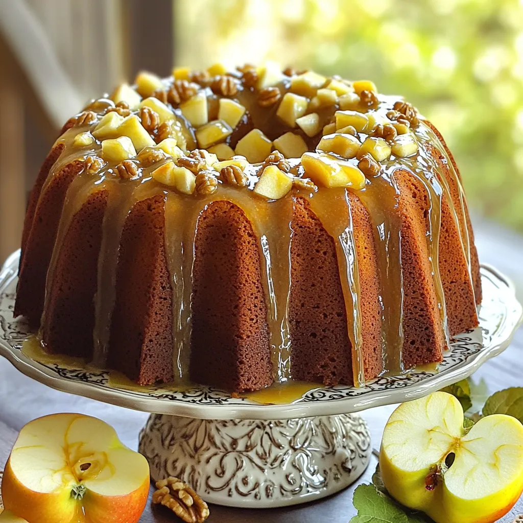 To make a great apple cider glazed Bundt cake, you need: - 2 cups all-purpose flour - 1 teaspoon baking powder - 1 teaspoon baking soda - 1 teaspoon ground cinnamon - ½ teaspoon ground nutmeg - ½ teaspoon salt - ¾ cup unsalted butter, softened - 1 cup granulated sugar - 2 large eggs, at room temperature - 1 teaspoon pure vanilla extract - 1 cup fresh apple cider - 1 cup diced apples (Granny Smith or Honeycrisp) - ½ cup chopped walnuts or pecans (optional) - For the glaze: - 1 cup powdered sugar - 2-3 tablespoons apple cider These ingredients create a moist cake with a lovely apple flavor. The spices add warmth and depth. You can enhance the cake with: - ½ teaspoon ground ginger for a spicy kick - 1 teaspoon orange zest for a citrus touch - ¼ cup dried cranberries for extra texture These ingredients bring new flavors and fun twists to your Bundt cake. For the best taste, try these apple types: - Fuji apples for sweetness - Braeburn apples for a tart bite For nuts, you can use: - Pecans for a buttery flavor - Almonds for a crunchy texture These choices help you customize the cake to your liking. Enjoy experimenting with different flavors! Start by preheating your oven to 350°F (175°C). Grease a 10-cup Bundt pan well. Use butter or cooking spray to coat it. Then, lightly dust it with flour. This step helps the cake slide out easily. In a medium bowl, combine the following ingredients: - 2 cups all-purpose flour - 1 teaspoon baking powder - 1 teaspoon baking soda - 1 teaspoon ground cinnamon - ½ teaspoon ground nutmeg - ½ teaspoon salt Whisk these together until they blend well. This mix adds flavor and structure to the cake. In a large bowl, add ¾ cup softened unsalted butter and 1 cup granulated sugar. Use an electric mixer on medium speed. Beat until it becomes light and fluffy, about 4-5 minutes. This step incorporates air, making your cake soft. Add 2 large eggs, one at a time. Mix well after each egg. Then, pour in 1 teaspoon of pure vanilla extract. Mix until everything is combined. This adds richness and flavor to your batter. Gradually add the dry flour mixture to the butter mixture. Start with one-third of the flour. Then, add half of 1 cup apple cider. Repeat this process, ending with the flour. Mix until just combined. Avoid overmixing to keep the cake light. Gently fold in 1 cup of diced apples and ½ cup of chopped walnuts or pecans if you like. Make sure they mix evenly without overworking the batter. This adds texture and flavor to your cake. Pour the batter into your prepared Bundt pan. Smooth the top with a spatula. Place it in the preheated oven and bake for 45-50 minutes. The cake is done when a toothpick inserted in the center comes out clean or with a few moist crumbs. After baking, let it cool in the pan for 10-15 minutes. Then, invert it onto a wire rack to cool completely. While the cake cools, prepare the glaze. In a small bowl, whisk together 1 cup of powdered sugar and 2-3 tablespoons of apple cider. Adjust the cider until you get your desired glaze thickness. Once the cake is cool, drizzle the glaze over the top. Let it cascade down the sides for a lovely finish. To get a moist and fluffy Bundt cake, use room-temperature ingredients. This helps them mix better. Also, don't overmix the batter. Mix until just combined. Overmixing can make the cake dense. 1. Skipping the Grease: Always grease the Bundt pan well. This helps the cake come out easily. 2. Wrong Oven Temperature: Make sure your oven is preheated to 350°F (175°C). If it’s too hot, the cake may burn. 3. Not Measuring Ingredients: Use measuring cups and spoons for accuracy. This ensures the right balance of flavors and texture. 4. Cooling Time: Don’t rush cooling. Let the cake rest in the pan to avoid crumbling. To make your Bundt cake look special, use a few simple ideas. - Serve on a Cake Stand: This elevates the look. - Garnish with Apple Slices: Fresh apple slices around the base add a rustic touch. - Dust with Powdered Sugar: A light dusting on top gives a sweet finish. - Add Chopped Nuts: Sprinkle some nuts on top for crunch and flavor. These tips will help you create a stunning and tasty Apple Cider Glazed Bundt Cake that everyone will love! {{image_4}} You can make a gluten-free version of this cake. Use 2 cups of gluten-free flour blend instead of regular flour. Make sure to check that your baking powder and baking soda are gluten-free. The taste will be just as great! You can switch up the fruit in this Bundt cake. Try using diced pears or peaches instead of apples. Both fruits add a unique flavor and moisture. You can also add dried fruits like cranberries or raisins for extra sweetness! The glaze can change to match your taste. Add a splash of maple syrup or orange juice for a new twist. You can also mix in some spices, like cinnamon or ginger, to jazz it up. Experiment with flavors that excite you! To keep your cake fresh, wrap it well. Use plastic wrap or foil. Store it at room temperature for up to three days. If you want it to last longer, place it in the fridge for about a week. Always let the cake cool completely before wrapping. This prevents moisture build-up. Freezing is a great option for longer storage. First, let the cake cool completely. Then, wrap it tightly in plastic wrap. After that, place it in a freezer bag or an airtight container. It can last up to three months in the freezer. When ready to eat, thaw it overnight in the fridge. Reheating your Bundt cake is easy. Start by preheating your oven to 350°F (175°C). Place the cake on a baking sheet and cover it with foil. Heat for about 10-15 minutes. This warms it up without drying it out. You can also microwave individual slices for about 20-30 seconds. Enjoy warm! Yes, you can use store-bought apple cider. Fresh cider is ideal, but the store option works too. Just make sure it has good flavor. Look for brands without added sugars. The cake lasts about 3 to 5 days at room temperature. Keep it in an airtight container to stay fresh. You can also refrigerate it for up to a week. Serve the cake on a pretty stand for a nice look. Drizzle the glaze over the top just before serving. Add some apple slices for a special touch. Each slice shines with flavor. Yes, you can make the cake a day ahead. Just store it at room temperature. You can glaze it right before serving for the best taste. You can use mashed bananas or unsweetened applesauce. Use 1/4 cup for each egg. These options keep the cake moist and add a hint of flavor. To thicken the glaze, add more powdered sugar. Mix it in slowly until you reach the right texture. You can also let it sit for a few minutes; this will help it set up more. You learned how to make a delicious apple cider glazed bundt cake. We covered essential ingredients, baking steps, and tips to avoid mistakes. You can add your own twist with variations and creative glazes. Remember to store any leftovers properly. This cake is perfect for gatherings or just to enjoy at home. With these easy steps, your cake will be a hit! Now, get ready to impress everyone with your baking skills. Enjoy every slice!