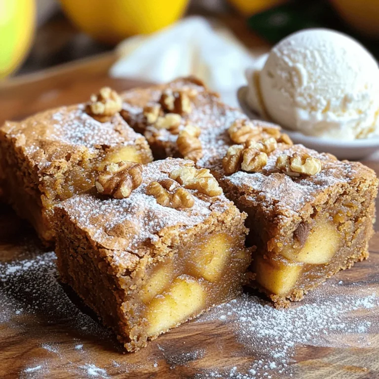 To make warm spiced apple butter blondies, you will need: - 1 cup apple butter - 1/2 cup unsalted butter, melted - 1 cup packed brown sugar - 2 large eggs, at room temperature - 1 teaspoon pure vanilla extract - 1 1/2 cups all-purpose flour, spooned and leveled - 1/2 teaspoon baking powder - 1/2 teaspoon baking soda - 1 teaspoon ground cinnamon - 1/4 teaspoon ground nutmeg - 1/4 teaspoon ground ginger - 1/4 teaspoon fine sea salt - 1/2 cup chopped walnuts or pecans (optional) If you need swaps, here are a few ideas: - Use coconut oil instead of unsalted butter for a dairy-free option. - Replace brown sugar with coconut sugar for a less sweet flavor. - You can use flax eggs instead of regular eggs for vegan blondies. - Swap all-purpose flour with almond flour for a gluten-free treat. You can make your blondies even better with these add-ins: - Chocolate chips for a sweet surprise. - Dried cranberries or raisins for a fruity twist. - Shredded coconut for a tropical touch. - More nuts for added crunch and flavor. Feel free to get creative! The warm spiced apple butter blondies can easily adapt to your taste. Start by preheating your oven to 350°F (175°C). This step is key for even baking. While the oven heats, grab an 8-inch square baking pan. Lightly grease it with butter or non-stick spray. Line it with parchment paper, leaving some paper hanging over the sides. This will help you lift the blondies out later. In a large bowl, mix the melted unsalted butter and brown sugar. Stir them until they blend well. Next, add the apple butter, two large eggs, and pure vanilla extract. Whisk this mixture until it is smooth. You want to make sure there are no lumps. This step adds moisture and flavor to the blondies. In another bowl, sift the all-purpose flour, baking powder, baking soda, ground cinnamon, nutmeg, ginger, and fine sea salt. Sifting helps the dry ingredients mix better. It also breaks up any clumps. This ensures the spices are evenly spread throughout the batter. Now, gently fold the dry ingredients into the wet mixture. Be careful not to over-mix, as this can make the blondies tough. If you want to add nuts, like walnuts or pecans, do it now. Once mixed, pour the batter into the prepared pan. Use a spatula to smooth the top. Bake in the oven for 25-30 minutes. They are ready when the edges are golden, and a toothpick comes out clean. After baking, take the pan out of the oven and let it cool for 10-15 minutes. Use the parchment paper to lift the blondies out of the pan. Place them on a wire rack to cool completely. Once cooled, cut them into squares. Enjoy your warm spiced apple butter blondies! To get the best texture in your blondies, mix well but don’t overdo it. Combine your wet and dry ingredients gently. Over-mixing can make them tough. You want a nice, soft bite. Bake them just until the edges turn golden. A toothpick should come out clean or with a few moist crumbs. This shows they are done but still soft. Watch out for a few common mistakes while baking. First, always use room-temperature eggs. Cold eggs can make the batter hard to mix. Second, grease your pan well and line it with parchment paper. This helps you lift the blondies out easily. Lastly, don’t skip sifting the dry ingredients. This helps blend the spices and gives better flavor. Storing your blondies properly keeps them fresh. Let them cool completely before cutting. Wrap them in plastic wrap or place them in an airtight container. They stay tasty for up to five days at room temperature. For longer storage, you can freeze them. Just wrap them tightly and store them in a freezer bag. They last up to three months in the freezer. Enjoy them warm or at room temperature! {{image_4}} You can change the spices in these blondies to suit your taste. Add more cinnamon for warmth or a pinch of cloves for depth. If you love ginger, increase its amount for a zesty kick. You can also try pumpkin spice for a seasonal twist. Adjusting the spices can make these blondies feel new each time you bake them. If you need a gluten-free option, use a gluten-free flour mix instead of all-purpose flour. This swap works well, and the blondies will still be tasty. You can also replace the brown sugar with coconut sugar for a hint of caramel flavor. For a dairy-free version, use vegan butter and applesauce instead of eggs. Adding extra ingredients can take your blondies to the next level. Try folding in chocolate chips for a rich, sweet surprise. Dried fruits like cranberries or apricots can add chewiness and a fruity burst. Chopped nuts, like walnuts or pecans, give a nice crunch. Feel free to mix and match to create your perfect blondie! Each blondie is a sweet treat packed with flavor. Here’s what you get per serving: - Calories: 180 - Protein: 2g - Fat: 8g - Carbohydrates: 27g - Fiber: 1g - Sugar: 12g These blondies blend apple butter with warm spices. They are a delightful treat that can fit into your daily diet. You can make small swaps for a healthier blondie. Here are some ideas: - Use unsweetened applesauce instead of butter for less fat. - Swap brown sugar for coconut sugar to lower the glycemic index. - Use whole wheat flour instead of all-purpose flour for extra fiber. - Replace the chopped nuts with seeds if you have nut allergies. These changes keep the flavor while making the dessert better for you. Portion control helps with enjoying treats without overindulging. Try these tips: - Cut the blondies into smaller squares. - Serve with fresh fruit on the side for balance. - Pair with plain yogurt for a creamy dip. - Store extras in the freezer to avoid temptation. Keeping portions in check allows you to savor each bite without guilt. You can tell when blondies are done when the edges turn golden brown. Insert a toothpick in the center. If it comes out clean or has a few moist crumbs, they are ready. The baking time is usually 25 to 30 minutes. Keep an eye on them towards the end to avoid overbaking. Yes, you can freeze the blondies! After they cool completely, cut them into squares. Wrap each piece in plastic wrap and then in foil. Store them in an airtight container. They will stay fresh for up to three months in the freezer. The best way to serve blondies is warm. Top them with a scoop of vanilla ice cream. You can also drizzle caramel sauce over them for added flavor. Dust with powdered sugar for a nice touch. Blondies stay fresh for about a week at room temperature. Store them in an airtight container to keep them soft. If you want them to last longer, freeze them. Absolutely! You can make the blondies a day ahead. Just store them in an airtight container once they cool. This allows the flavors to blend nicely. If you want, you can even bake them a few days ahead and freeze them. This guide highlighted key steps for making amazing blondies. We covered ingredients, substitutions, and optional add-ins that elevate your recipe. I shared tips to achieve the best texture and avoid common mistakes. You also learned how to store them well and explore fun variations. Armed with this knowledge, you can bake blondies that impress. Enjoy your baking journey and don’t be afraid to make it your own!