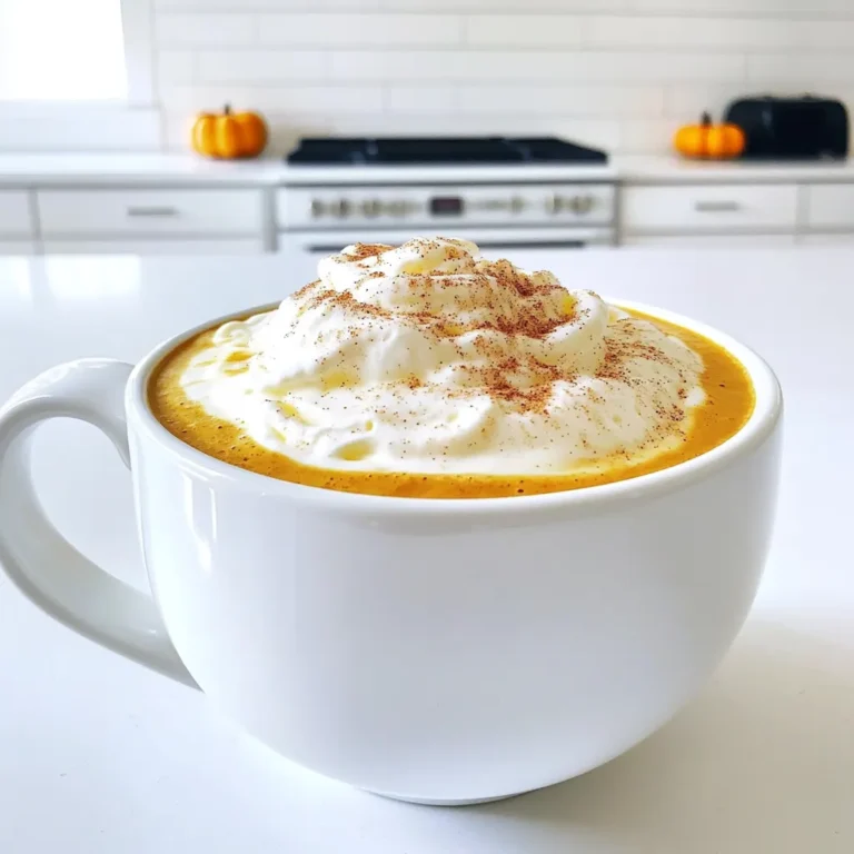 To make a warm pumpkin spice white mocha, gather these ingredients: - 1 cup milk (dairy or non-dairy) - 1/2 cup strong brewed coffee - 2 tablespoons white chocolate chips - 2 tablespoons pumpkin puree - 1 tablespoon sugar - 1/2 teaspoon pumpkin spice mix - 1/4 teaspoon pure vanilla extract - Whipped cream - Ground cinnamon You can swap a few items based on your taste: - Use oat milk or almond milk instead of regular milk for a dairy-free option. - For less sweetness, reduce the sugar or use a sugar substitute. - Try dark chocolate chips if you prefer a richer taste. - You can use apple pie spice if you lack pumpkin spice. Choosing quality ingredients makes a big difference: - Use fresh pumpkin puree for the best flavor. - Select high-quality white chocolate chips for rich creaminess. - Brew strong coffee using quality beans for a bold taste. - Always use pure vanilla extract, not imitation, for depth. These details enhance the drink and make it truly special. 1. First, grab a small saucepan and set it over medium heat. Pour in 1 cup of milk and add 2 tablespoons of pumpkin puree. Use a whisk to blend them well. Make sure not to let it boil. 2. Once the mix is steaming and smooth, add 2 tablespoons of white chocolate chips, 1 tablespoon of sugar, and 1/2 teaspoon of pumpkin spice mix. Keep whisking until the chocolate melts. 3. Next, carefully take the saucepan off the heat. Stir in 1/2 cup of brewed coffee and 1/4 teaspoon of pure vanilla extract. Mix until everything is well combined. 4. Pour your warm pumpkin spice white mocha into a large mug, filling it nicely. 5. Top your drink with whipped cream, letting it rise high. Finish it off by sprinkling ground cinnamon on top for a lovely aroma. - Whisk the milk and pumpkin puree thoroughly to avoid lumps. - Heat gently to prevent scorching. You want a warm drink, not a boiled one. - Stir well after adding the chocolate and spices to ensure a smooth texture. - If it seems too thick, add a splash more milk to loosen it up. - Avoid boiling the milk and pumpkin mixture. This can change the flavor and texture. - Don’t skip the whisking process. It’s key for a creamy consistency. - Be careful not to use pumpkin pie filling instead of pure pumpkin. They are not the same! - Don’t add too much sugar at first. You can always adjust it later to suit your taste. To make your warm pumpkin spice white mocha even better, I have a few tips. First, use fresh pumpkin puree. It gives a rich taste. If you can, roast the pumpkin before pureeing it. This adds a sweet depth. Next, try adding a pinch of nutmeg or clove. These spices add warmth. You can also use high-quality white chocolate chips. They melt better and taste creamier. Lastly, top your drink with homemade whipped cream. It's easy to make and tastes amazing. Just whip heavy cream until soft peaks form, then add a little sugar. You can tailor the sweetness to your taste. If you prefer less sugar, reduce the amount you add. Start with one teaspoon and taste it. You can always add more later. For a spicier drink, increase the pumpkin spice mix. Just add a bit more than 1/2 teaspoon. You can also sprinkle extra spice on top. This gives you more flavor with every sip. If you want a sweeter drink, try flavored syrups. Vanilla or caramel syrup can enhance your mocha. Just add one or two pumps to the mix for a fun twist. Using the right tools makes cooking easier. A whisk is important for blending the milk and pumpkin. It helps create a smooth drink. A small saucepan works best for heating the milk. Choose one with a heavy bottom to avoid burning. Finally, a good coffee maker is key. Brew your favorite coffee strong, as it balances the sweet flavors. If you have a milk frother, use it! It adds a nice foam on top, making your drink look fancy. {{image_4}} You can easily make this drink dairy-free or vegan. Just swap the milk for a non-dairy option. Almond, oat, or coconut milk work great. Each option adds its own flavor, so choose what you love. When using non-dairy milk, check for unsweetened versions to control the sweetness. You can customize your warm pumpkin spice white mocha with fun flavors. For a mocha twist, add one tablespoon of cocoa powder. This adds richness and depth. If you love caramel, drizzle in some caramel sauce. The sweet, buttery notes blend well with pumpkin. You can also add a pinch of sea salt for balance. Experiment with spices to match the season. In winter, try adding nutmeg or even a hint of peppermint. You can also switch out pumpkin spice for chai spice mix. This adds a warm, cozy feel to your drink. During spring, a touch of fresh ginger can brighten up the flavor. Each season brings new ways to enjoy this drink! You can store any leftover Warm Pumpkin Spice White Mocha in a sealed container. Make sure to let it cool first. Keep it in the fridge for up to two days. If you want, you can also pour it into a thermos for easy storage. To reheat, pour the mocha into a small pot. Heat it on low, stirring often. This helps avoid burning. You can also use a microwave. Heat it in short bursts, about 30 seconds at a time. Stir in between to ensure even heating. The drink tastes best fresh, but you can freeze it. Just pour it into ice cube trays or freezer-safe containers. It can last up to a month in the freezer. When you want to enjoy it, thaw it in the fridge overnight. Then, reheat as needed to bring back its warm, creamy goodness. Yes, you can use instant coffee. Just mix two teaspoons of instant coffee with hot water. This method gives you a quick and easy base for your drink. If you love strong coffee, adjust the amount to your taste. Instant coffee works well, but fresh-brewed coffee adds depth. Try both to find your favorite! To make an iced version, start by brewing your coffee and letting it cool. Use cold milk instead of heating it. Mix the cold milk, pumpkin puree, white chocolate chips, sugar, and pumpkin spice in a blender. Blend until smooth. Then, pour over ice and add your cooled coffee. Top with whipped cream and cinnamon. Enjoy your refreshing iced treat! Pumpkin is packed with nutrients. It is high in vitamins A and C, which are good for your skin and eyes. Pumpkin is also rich in fiber, helping with digestion. Its natural sweetness reduces the need for added sugar. Plus, the antioxidants in pumpkin can boost your immune system. So, this drink is not just tasty; it’s good for you too! This post covered all the key steps to make a great drink. We discussed the right ingredients, how to cook it well, and tips for flavor. Remember to choose good quality ingredients. Explore dairy-free options, and adjust sweetness to your taste. Store leftovers properly and follow the reheating tips provided. Now you can make this drink with confidence. Enjoy your new skills and get creative with flavors!
